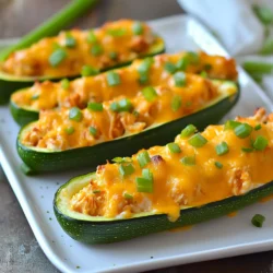 - 4 medium zucchinis - 2 cups cooked shredded chicken - Β½ cup buffalo sauce - 1 cup cream cheese - 1 cup shredded cheddar cheese - ΒΌ cup green onions - 1 teaspoon garlic powder - Salt and pepper to taste - 2 tablespoons olive oil This recipe starts with some key ingredients. First, you need zucchinis. They serve as the perfect base for our stuffed dish. Next, you'll want cooked shredded chicken. It gives the dish its heartiness. Buffalo sauce adds a spicy kick that makes it fun. Cream cheese brings a rich creaminess that balances the heat. For toppings, we have shredded cheddar cheese. It melts beautifully and adds flavor. Green onions give a fresh crunch and pop of color. Garlic powder enhances the taste without being overpowering. Be sure to season with salt and pepper to bring out all the flavors. Lastly, a drizzle of olive oil keeps everything moist while baking. When you gather these ingredients, you're ready to create a dish thatβs not just tasty but also colorful and fun. Enjoy the process! {{ingredient_image_1}} 1. Preheat your oven to 375Β°F (190Β°C). This step helps the zucchini cook evenly. 2. Slice the zucchinis in half lengthwise. Use a spoon to scoop out the seeds. This creates a boat shape for the filling. Place the zucchini halves cut-side up in a greased baking dish. 1. In a large bowl, combine the cooked shredded chicken and buffalo sauce. 2. Add the cream cheese, half of the shredded cheddar cheese, and chopped green onions. 3. Sprinkle in the garlic powder, salt, and pepper to taste. 4. Mix everything together well until it's fully combined. This filling should be creamy and flavorful. 1. Generously fill each zucchini boat with the buffalo chicken mixture. Press down slightly to pack it in. 2. Sprinkle the remaining cheddar cheese on top of each stuffed zucchini. 3. Drizzle a little olive oil over the top. This adds moisture and helps the cheese brown. 4. Bake in the preheated oven for 25 to 30 minutes. The zucchinis should be tender, and the cheese should be bubbly and golden. 5. Once done, remove from the oven and let them cool for a few minutes. Enjoy your tasty creation! - Adjust buffalo sauce for spice level: You can change the heat by adding more or less buffalo sauce. If you like it spicy, add a bit more. If you prefer mild, use less sauce. Taste as you go, so it fits your liking. - Ensure cream cheese is softened for easier mixing: Soft cream cheese blends well with other ingredients. Leave it out for about 30 minutes before you start. This makes mixing easy and gives a smooth filling. - Garnish with extra green onions and buffalo sauce: Sprinkling more green onions adds color and crunch. A drizzle of buffalo sauce on top makes the dish pop. It's also a fun way to show off your skills! - Pair with a side salad for a balanced meal: A side salad adds freshness to your plate. Try a simple mix of greens, tomatoes, and cucumbers. This makes your meal complete and satisfying. Pro Tips Use Fresh Zucchini: Choose firm, fresh zucchinis for the best texture and flavor. Look for ones that are bright in color and free of blemishes. Adjust the Spice Level: If you prefer a milder taste, reduce the amount of buffalo sauce or mix in some ranch dressing to balance the heat. Experiment with Cheese: Feel free to mix different types of cheese, such as mozzarella or pepper jack, for a unique twist on flavor. Serve with Dipping Sauce: Consider serving these zucchini boats with a side of ranch or blue cheese dressing for dipping to enhance the buffalo flavor. {{image_2}} You can switch up the protein in this dish. I often use shredded rotisserie chicken for ease. It saves time and tastes great. Another option is pulled pork. The flavors from the buffalo sauce still shine through. Both choices give a nice twist to the recipe. You can even mix and match. Try half chicken and half pork! If you want a vegetarian meal, black beans are a fantastic choice. They add protein and fiber. Lentils also work well for a hearty filling. Both options soak up the buffalo sauce flavor. This makes a tasty, meat-free dish that everyone will enjoy. Don't forget to add some spices for extra zest! For cheese lovers, trying different kinds can be fun. Goat cheese brings a tangy flavor that pairs nicely with buffalo sauce. You can also use mozzarella for a milder taste. It melts beautifully and adds creaminess. Mixing cheeses can create a unique experience. Feel free to experiment with what you have on hand! To store cooked zucchini boats, let them cool first. Then, place them in an airtight container. Keep them in the fridge for up to three days. When you want to eat them, reheat in the microwave or oven. Cover with foil if using the oven to keep them moist. You can also freeze these stuffed zucchini boats. Wrap each boat in plastic wrap and then in aluminum foil. This helps prevent freezer burn. They can last up to three months in the freezer. To reheat, thaw overnight in the fridge. Bake at 375Β°F (190Β°C) for about 20 minutes until warmed through. Enjoy your meal anytime! Yes, you can prep buffalo chicken stuffed zucchini boats ahead of time. Start by making the filling. Mix the cooked chicken, buffalo sauce, cream cheese, cheddar, green onions, garlic powder, salt, and pepper. Then, store this mixture in the fridge for up to a day. You can also cut and scoop the zucchinis ahead of time. Just keep them in water to prevent browning. When youβre ready to cook, fill the zucchini boats and bake as instructed. These zucchini boats pair well with many sides. A fresh salad adds color and crunch. Try a simple green salad with a light vinaigrette. Crispy sweet potato fries are another great option. They offer a sweet contrast to the spicy filling. You can also serve them with a side of ranch or blue cheese dressing for dipping. Adjusting the heat is easy! If you like it mild, use less buffalo sauce. Start with ΒΌ cup and taste the mixture. For more heat, add more sauce or even some hot sauce. You can also use spicy cheese for extra flavor. If you want to tone it down, mix in a bit of sour cream or yogurt to the filling. This balances the spice while keeping it creamy. Buffalo chicken stuffed zucchini boats offer a tasty and healthy meal option. We discussed the main ingredients you need, like zucchinis, chicken, and cheese. You learned how to prepare, fill, and bake them while adding your favorite toppings. Remember, adjust the heat to your taste. From different proteins to various cheeses, feel free to make this recipe your own. With these tips, enjoy your cooking and impress family and friends with a delicious dish!