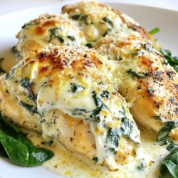 - 4 boneless, skinless chicken breasts - 1 cup fresh spinach, chopped - 1 cup canned artichoke hearts, drained and chopped - 1 cup cream cheese, softened - 1/2 cup sour cream - 1 cup shredded mozzarella cheese - 1/2 cup grated Parmesan cheese - 3 cloves garlic, minced - 1 tablespoon olive oil - 1 teaspoon paprika - Salt and pepper to taste When you gather these ingredients, you set the stage for a tasty meal. Fresh spinach gives a nice color and adds nutrients. Artichoke hearts bring a unique flavor that pairs well with chicken. Cream cheese and sour cream create a rich and creamy sauce that makes this dish special. Mozzarella and Parmesan cheeses add a cheesy goodness that melts beautifully in the oven. Garlic adds a strong aroma and taste to the mix. Olive oil helps cook the garlic and keeps everything moist. Seasoning with paprika, salt, and pepper enhances the flavors. This dish is not just about taste; it’s also about balance. You get protein from chicken and fiber from spinach. Plus, it’s easy to make and fun to serve. You might even consider serving it with a side of roasted vegetables or garlic bread for a complete meal. {{ingredient_image_1}} - Preheat oven temperature to 375°F (190°C). - Prepare chicken breasts by seasoning with salt and pepper. First, set your oven to preheat. This step is key for even cooking. While the oven warms, take your chicken breasts. Rinse them under cold water and pat them dry with paper towels. Sprinkle salt and pepper on both sides. This simple seasoning adds flavor. - Heat olive oil and sauté garlic. - Add spinach and artichoke hearts. In a large skillet, heat olive oil over medium heat. Once hot, add minced garlic. Sauté for one minute until it smells great. Then, stir in the chopped spinach and artichoke hearts. Cook this mix for about two to three minutes. The spinach will wilt and blend nicely with the artichokes. - Mix cream cheese with other cheeses, spinach, and artichokes. - Spoon the mixture onto chicken breasts. Next, grab a mixing bowl. Combine softened cream cheese, sour cream, mozzarella cheese, and grated Parmesan. Add the cooked spinach and artichokes to this bowl. Mix it all until it’s smooth and creamy. This mixture will be the star of your dish. Spoon it generously onto the seasoned chicken breasts. Make sure each piece is well covered. - Bake chicken and monitor internal temperature. Now, place the baking dish in your preheated oven. Bake the chicken for 25 to 30 minutes. To be safe, check the internal temperature with a meat thermometer. It should reach 165°F (74°C). If you want a bubbly top, switch to broil for two to three minutes at the end. Keep a close watch to avoid burning. Enjoy the delicious aroma filling your kitchen! To get the perfect creamy consistency, keep a few things in mind. First, use softened cream cheese. This helps it blend well with the other ingredients. Mix it with sour cream and cheese until smooth. This makes the sauce rich and creamy. Sauté garlic properly for the best flavor. Start with medium heat and add garlic to hot olive oil. Cook it for about one minute. Watch it closely. If garlic burns, it turns bitter, ruining the dish. Some side dishes work great with this chicken. Try roasted vegetables like carrots and broccoli. They add color and nutrition. Garlic bread is also a hit. It soaks up the creamy sauce well. For presentation, serve the chicken on a nice platter. Sprinkle extra Parmesan cheese on top. Add a few fresh spinach leaves for color. This looks inviting and makes the meal feel special. You can make lighter versions of this dish easily. Use Greek yogurt instead of sour cream. It gives a creamy texture with less fat. Swap out cream cheese for low-fat cream cheese or cottage cheese for a healthier twist. You can also use skinless chicken thighs instead of breasts. They add moisture and flavor. Consider using fresh herbs like basil or parsley for extra taste. These small changes keep the dish delicious while making it a bit healthier. Pro Tips Preparation is Key: Ensure all ingredients are prepped and measured before you start cooking. This will make the process smoother and more enjoyable. Cheese Variations: Feel free to mix different types of cheese in the creamy mixture, such as Gouda or cheddar, to create unique flavors. Chicken Thickness: For even cooking, try to use chicken breasts that are similar in thickness or pound them to an even size before baking. Flavor Boost: Add a splash of lemon juice or a pinch of red pepper flakes to the creamy mixture for an extra burst of flavor and a bit of heat. {{image_2}} You can switch up the cheese for fun. Try using gouda or feta for a twist. Both add unique flavors to the dish. You can also mix in veggies. Bell peppers or mushrooms work well. They add color and more taste. Want to make it gluten-free? Use gluten-free flour or cornstarch for thickening. This keeps the dish creamy without added gluten. For a dairy-free version, swap cream cheese for cashew cream. Nutritional yeast can replace the cheese for a cheesy flavor. You can grill or bake the chicken. Grilling gives it a smoky taste, while baking keeps it juicy. If you prefer a slow cooker, it works too. Just add the mixture to the chicken and cook on low for hours. This method keeps the flavors rich and deep. To keep your creamy spinach artichoke chicken fresh, store it in an airtight container. Place the cooled chicken in the fridge within two hours of cooking. This helps prevent bacteria growth. For best taste, eat leftovers within three days. If you want to save it longer, freeze the dish. Cut the chicken into portions and wrap each in plastic wrap. Then, place the wrapped chicken in a freezer bag. This will keep the flavors locked in. For best results, use it within three months. To reheat your chicken, the oven works best. Preheat it to 350°F (175°C). Place the chicken in a baking dish. Cover it with foil to keep it moist. Heat for about 15-20 minutes, or until hot. You can also use a microwave. Place the chicken on a microwave-safe plate. Heat in 30-second bursts until warm. Be careful not to overheat, as this can dry it out. If stored properly, the chicken lasts in the fridge for up to three days. In the freezer, it can last for three months. Always check for signs of spoilage before eating. Look for changes in smell, color, or texture. If anything seems off, it’s best to throw it away. How to know when chicken is fully cooked? To check if chicken is fully cooked, use a meat thermometer. Insert the thermometer into the thickest part of the chicken. The safe internal temperature is 165°F (74°C). If you don’t have a thermometer, cut the chicken. The juices should run clear, not pink. Can I use frozen spinach instead of fresh? Yes, you can use frozen spinach. Just make sure to thaw it first and drain any excess water. This prevents the dish from becoming too watery. Fresh spinach gives a bright flavor, but frozen works well too. Can I make this dish in advance? Absolutely! You can prepare the creamy mixture ahead of time. Just store it in the fridge. When you're ready, season the chicken and add the mixture before baking. This saves time on busy nights. What can I substitute for cream cheese? If you want a lighter option, use Greek yogurt or cottage cheese. Both provide creaminess, but the flavor will be slightly different. You can also use a dairy-free cream cheese if you prefer. How many servings does this recipe provide? This recipe serves four people. It’s perfect for a small family dinner or a gathering with friends. Nutritional information breakdown per serving - Calories: About 400 - Protein: 30g - Fat: 25g - Carbohydrates: 10g - Fiber: 2g This dish offers a good balance of protein and healthy fats, making it a hearty meal option. This blog post shared a simple, tasty recipe for creamy spinach and artichoke chicken. You learned about each ingredient and step in detail. I also covered useful tips, variations, and storage advice. By following this guide, you can create a dish that impresses everyone. Remember, cooking is fun and creative. Don’t hesitate to tweak it to fit your taste. Enjoy your culinary journey and savor your delicious creation!