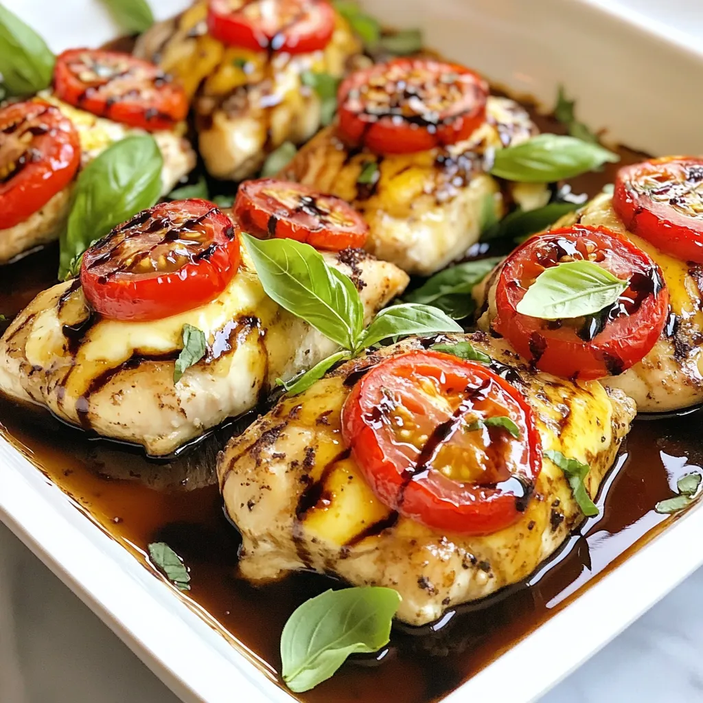 To make Caprese Chicken Bake, gather these simple ingredients: - 4 boneless, skinless chicken breasts - 2 large tomatoes, sliced - 1 cup fresh mozzarella cheese, sliced - 1/2 cup fresh basil leaves - 1/4 cup balsamic glaze - 2 tablespoons olive oil - 1 teaspoon garlic powder - 1 teaspoon Italian seasoning - Salt and pepper to taste You can change some ingredients if needed. If you don’t have fresh mozzarella, use shredded mozzarella or another cheese. For tomatoes, cherry tomatoes work well too. If fresh basil is not available, consider using dried basil or Italian seasoning instead. You can swap balsamic glaze with red wine vinegar mixed with a bit of honey for a different flavor. Using fresh and high-quality ingredients makes a big difference. Fresh mozzarella melts better and has a rich taste. Ripe tomatoes add sweetness and moisture to the dish. Fresh basil gives a fragrant touch. Good-quality balsamic glaze adds a unique tang. When you start with the best ingredients, your Caprese Chicken Bake will shine. {{ingredient_image_1}} Start by preheating your oven to 400°F (200°C). This step is key for even cooking. While the oven heats, grab a large baking dish. Drizzle 1 tablespoon of olive oil in the dish. This helps prevent the chicken from sticking. Now, it's time to layer your dish. First, season the chicken breasts. Use garlic powder, Italian seasoning, salt, and pepper. Rub these on both sides of the chicken. Place the seasoned chicken in the baking dish. Next, take your sliced tomatoes. Layer them evenly over the chicken. Now, add the fresh mozzarella cheese slices on top of the tomatoes. This is where the magic happens! Drizzle balsamic glaze generously over the whole dish. Finally, scatter fresh basil leaves on top. They add great flavor and a nice aroma. Drizzle the remaining olive oil over everything for extra moisture. Cover the baking dish with aluminum foil. This keeps the chicken moist while it bakes. Place it in the preheated oven and bake for 25 minutes. After 25 minutes, remove the foil. Bake for an additional 10-15 minutes. Look for the chicken to be cooked through and the cheese to be bubbly and golden. Once done, let the dish sit for a few minutes before serving. Enjoy your Caprese Chicken Bake! To keep chicken moist, start with fresh, high-quality chicken breasts. Season both sides well with garlic powder, Italian seasoning, salt, and pepper. Before baking, drizzle olive oil over the chicken. This adds moisture during cooking. Cover the dish with foil for the first part of baking. This traps steam and helps cook the chicken evenly. Seasoning is key to great flavor. Use garlic powder and Italian seasoning for a classic taste. Feel free to add more spices like oregano or thyme if you like. Fresh herbs like basil add a vibrant flavor. Don’t forget to sprinkle salt and pepper generously. This enhances all the flavors in your dish. For a stunning presentation, serve the Caprese Chicken Bake on a large platter. Drizzle extra balsamic glaze around the edges for a beautiful touch. Garnish with fresh basil leaves for color. You can also arrange slices of fresh tomatoes on the side. This makes your dish look restaurant-worthy and inviting. Pro Tips Let It Rest: Allow the chicken to rest for a few minutes after baking. This helps the juices redistribute, keeping the chicken moist and flavorful. Quality Ingredients: Use fresh mozzarella and ripe tomatoes for the best flavor. The freshness of these ingredients will elevate your dish significantly. Customize Your Herbs: Experiment with different herbs such as oregano or thyme in place of Italian seasoning. This can add a unique twist to the classic Caprese flavor. Serving Suggestions: Pair the Caprese Chicken Bake with a side of garlic bread or a crisp salad to create a well-rounded meal. {{image_2}} You can boost nutrition by adding vegetables. Try bell peppers, zucchini, or spinach. Slice them thin and layer them in the baking dish. This adds color and flavor. You can mix and match based on what you like. Just remember to season them well, so they blend nicely with the chicken and cheese. If you prefer, swap chicken for turkey or even tofu. Both options work well. Keep the same seasoning and bake time. Turkey is lean and offers a similar taste. Tofu will soak up the flavors nicely. Just press the tofu to remove extra moisture before cooking. To make it low-carb, skip the balsamic glaze or use a low-sugar version. You can also serve it over zucchini noodles instead of pasta. For gluten-free, check your ingredients. Most are already gluten-free, but always read labels. This way, you enjoy the dish without worry. After enjoying your Caprese Chicken Bake, let it cool for about 30 minutes. This step stops the cooking process. Once cooled, transfer any leftovers to an airtight container. Make sure to cover the chicken tightly. Store it in the fridge for up to 3 days. When you want to enjoy leftover Caprese Chicken, reheat it in the oven. Preheat your oven to 350°F (175°C). Place the chicken in an oven-safe dish. Cover it with foil to keep moisture. Heat for about 20 minutes or until warm. This method helps keep the flavors rich and the chicken tender. You can freeze Caprese Chicken Bake for later enjoyment. Cut it into portions and wrap each piece tightly in plastic wrap. Then place the wrapped pieces in a freezer-safe bag. This way, you avoid freezer burn. It can last up to 3 months in the freezer. When ready to eat, thaw it in the fridge overnight before reheating. Yes, you can prepare Caprese Chicken Bake ahead. To do this, follow these steps: 1. Season the chicken and layer it with tomatoes and cheese. 2. Cover the dish tightly with plastic wrap or foil. 3. Store it in the fridge for up to 24 hours. When you are ready to cook, just bake it as usual. You may need to add a few extra minutes to the bake time. Caprese Chicken Bake goes great with many sides. Here are some tasty options: - Garlic bread for a crunchy bite. - A fresh green salad for a light touch. - Roasted vegetables for added flavor. - Quinoa or rice for a hearty base. These sides balance the rich flavors of the chicken and cheese. You can use dried basil if fresh is not available. Dried basil has a stronger flavor. Use about one teaspoon of dried basil for every tablespoon of fresh. Mix it in with the chicken seasoning. This way, you'll still bring out that great herb taste in your dish. You learned about creating a delicious Caprese Chicken Bake. We covered ingredients, cooking steps, tips, and variations. Quality ingredients make a big difference in taste. Preparing in advance saves you time. Remember to store leftovers properly for best results. This dish is fun to customize to your tastes. Enjoy making it for family and friends. Cooking should be simple and enjoyable, and this recipe is a perfect way to share good food. Always feel free to experiment and make it your own!