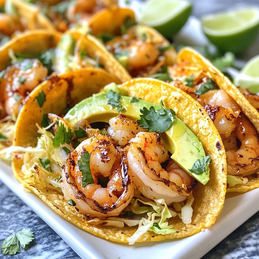 To make honey lime shrimp tacos, you need these key items: - 1 pound shrimp, peeled and deveined - 3 tablespoons honey - 2 tablespoons lime juice - 1 teaspoon lime zest - 1 tablespoon olive oil - 1 teaspoon smoked paprika - 1 teaspoon garlic powder - Salt and pepper to taste - 8 small corn tortillas - 1 cup cabbage, shredded (green or purple) - 1 avocado, sliced - Fresh cilantro, for garnish - Lime wedges, for serving These basic ingredients create a wonderful flavor. The shrimp absorb the honey and lime, making them sweet and tangy. The spices add warmth and depth. You can add extra flair to your tacos with these optional ingredients: - Sliced jalapeños for heat - Sour cream for creaminess - Diced tomatoes for freshness - Cheese, like queso fresco, for richness Feel free to mix and match. Each addition can change the taste and texture of your tacos. If you don't have a few items, here are some easy swaps: - Use agave syrup instead of honey for a vegan option. - Swap lime juice with lemon juice for a different citrus twist. - Try different proteins like chicken or tofu for variety. These substitutions keep the spirit of the dish while allowing you to use what you have on hand. Enjoy creating your perfect honey lime shrimp tacos! {{ingredient_image_1}} Start by making the marinade. In a bowl, mix 3 tablespoons of honey, 2 tablespoons of lime juice, and 1 teaspoon of lime zest. Add 1 tablespoon of olive oil, 1 teaspoon of smoked paprika, and 1 teaspoon of garlic powder. Season with salt and pepper. Stir until it blends well. Now, add 1 pound of peeled and deveined shrimp to the marinade. Toss the shrimp to coat evenly. Let the shrimp marinate for 15 to 20 minutes. This step gives the shrimp great flavor. While the shrimp marinates, heat a skillet over medium-high heat. Once hot, add the shrimp along with the marinade. Cook the shrimp for about 3 to 4 minutes on each side. Watch for the shrimp to turn pink. This means they are cooked through. Once done, remove the skillet from the heat. Next, warm 8 small corn tortillas in a separate skillet for about 30 seconds on each side. This makes them soft and easy to fold. To build your tacos, place a few shrimp on each tortilla. Add a handful of shredded cabbage on top. Then, place a slice of avocado. Finish with fresh cilantro and a squeeze of lime juice. Enjoy the burst of flavors in every bite! Marinating shrimp is key to great flavor. I recommend marinating for 15-20 minutes. This gives the shrimp time to soak up the honey and lime. If you let it sit too long, the acid can make shrimp tough. Keep an eye on the clock to get it just right. Cook shrimp over medium-high heat for the best results. They only need about 3-4 minutes on each side. Look for a bright pink color to know they’re done. Overcooked shrimp can turn rubbery and dry. Keep it quick, and you'll have juicy shrimp tacos. Warming your corn tortillas enhances their flavor and texture. You can heat them in a skillet for 30 seconds on each side. Another option is to use a microwave. Just wrap them in a damp paper towel. Heat for about 20 seconds, and they will be soft and warm. Enjoy your tacos with the best tortillas! Pro Tips Marinate for Maximum Flavor: Allow the shrimp to marinate for at least 15-20 minutes. This helps the flavors meld and enhances the taste of the shrimp. Perfectly Cooked Shrimp: Cook the shrimp just until they turn pink and opaque, which usually takes about 3-4 minutes per side. Overcooking can make them tough. Warm Tortillas: Always warm your tortillas before assembling the tacos. This makes them more pliable and enhances their flavor. Fresh Garnishes: Don't skip the cilantro and lime juice! They add a fresh and zesty finish that takes these tacos to the next level. {{image_2}} If you want to switch up the shrimp, think about using chicken. Boneless, skinless chicken thighs work great. Just cut them into small pieces and use the same marinade. You can also try firm tofu for a vegetarian option. Tofu absorbs the honey-lime flavor well and gives a nice texture. Toppings can change the whole taco vibe. Try adding mango salsa for a sweet punch. It pairs well with the honey lime taste. You can also use spicy pickled onions for a tangy kick. Fresh radish slices add a nice crunch, too. Don't forget to mix in some crumbled queso fresco for creaminess. These tacos shine with simple sides. Serve them with black beans for protein and fiber. A fresh corn salad adds color and sweetness. You can also offer tortilla chips with a zesty lime dip. This way, your meal becomes a fun taco night everyone will love! To keep your leftover tacos fresh, store them in an airtight container. Place the shrimp, cabbage, and avocado in separate containers. This keeps each ingredient fresh. You can store them in the fridge for up to two days. When reheating shrimp, do it gently. Use a skillet over low heat. Add a small amount of oil to keep them moist. Heat for about 2-3 minutes, just until warm. Avoid using the microwave, as it can make shrimp rubbery. You can freeze the shrimp before cooking. Place the marinated shrimp in a freezer bag. Remove as much air as possible. They can last up to three months. When ready to use, thaw them in the fridge overnight. Cook them as you normally would. However, avoid freezing cooked shrimp, as they lose texture and taste. You can add heat in many ways. Try these tips: - Add diced jalapeños or a splash of hot sauce to the marinade. - Sprinkle red pepper flakes on top before serving. - Use spicy paprika instead of smoked paprika. Each option boosts the flavor while keeping it fun! Yes, you can use frozen shrimp. Just remember to thaw them first. Place them in the fridge overnight or run them under cold water for a quick thaw. Pat them dry before marinating. This helps the marinade stick better and gives you tasty shrimp tacos. Great toppings enhance the flavor! Here are my favorites: - Shredded cabbage adds crunch and color. - Sliced avocado gives creaminess. - Fresh cilantro adds a bright touch. - A squeeze of lime juice brings out the flavors. Feel free to mix and match these toppings to find your perfect blend! This blog post covered how to make tasty shrimp tacos. We talked about essential and optional ingredients, along with great substitutions. You learned how to marinate, cook, and assemble your tacos. I shared tips to perfect your marination and avoid overcooking the shrimp. We even looked at fun variations with different proteins and toppings. Lastly, I explained how to store and reheat leftovers. Use these ideas to make your next taco night special! Enjoy every bite of your delicious creation.