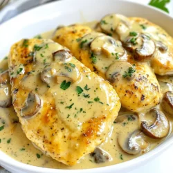 To make Creamy Mushroom Chicken Skillet, gather these simple items: - 2 boneless, skinless chicken breasts - 1 cup sliced mushrooms (cremini or button) - 1 cup heavy cream - 1 cup chicken broth - 1 tablespoon olive oil - 2 cloves garlic, minced - 1 small onion, finely chopped - 1 teaspoon dried thyme - 1 teaspoon paprika - Salt and pepper to taste - Fresh parsley, chopped (for garnish) If you need to swap ingredients, here are some ideas: - Use chicken thighs instead of chicken breasts for extra flavor. - Swap heavy cream with coconut milk for a dairy-free version. - Replace fresh mushrooms with canned mushrooms in a pinch. - Use vegetable broth if you want a lighter base. - For a flavor twist, try fresh herbs like rosemary instead of dried thyme. To ensure your dish turns out great: - Use a liquid measuring cup for liquids like cream and broth. - For dry ingredients, use a standard measuring cup and level off with a knife. - When measuring herbs and spices, pack them lightly in the spoon. - If you are unsure, weigh your ingredients for precise amounts. - Remember, accuracy can make a big difference in flavor! {{ingredient_image_1}} Start by seasoning the chicken breasts. Use salt, pepper, and paprika. Make sure to coat both sides well. This adds flavor and helps with browning. Heat olive oil in a large skillet over medium heat. Once hot, add the chicken breasts. Cook for about 6-7 minutes on each side. Look for a golden brown color. Check the internal temperature; it should be 165°F (75°C). Remove the chicken and set it aside on a plate. In the same skillet, add the chopped onion and minced garlic. Sauté them for about 2-3 minutes. You want the onion to be soft and fragrant. Next, add the sliced mushrooms. Cook for another 5 minutes, stirring often, until they are browned. Now, pour in the chicken broth. Bring it to a simmer and let it reduce by half for about 4-5 minutes. Lower the heat and stir in the heavy cream and dried thyme. Mix everything well and let it simmer for 3-4 minutes until it thickens slightly. Return the cooked chicken to the skillet. Spoon the creamy mushroom sauce over the chicken. Let everything warm together for 2-3 minutes. Taste the sauce and adjust the seasoning with more salt and pepper if needed. Finally, garnish with fresh parsley before serving. To cook chicken breasts well, keep the heat at medium. Use a meat thermometer for best results. The chicken should reach 165°F (75°C) inside. This ensures it is safe to eat. Season the chicken with salt, pepper, and paprika before cooking. This adds great flavor. Let the chicken rest for a few minutes after cooking. This helps keep it juicy. To thicken your creamy sauce, let it simmer longer. This reduces the liquid and makes it rich. You can also add a little cornstarch mixed with water if needed. Just stir it in while the sauce simmers. This will thicken the sauce quickly. Make sure to keep stirring to avoid lumps. Add a splash of white wine to the sauce for depth. You can also toss in some spinach or sun-dried tomatoes for color and taste. Fresh herbs like thyme or rosemary can boost the flavor too. If you like a kick, sprinkle in some red pepper flakes. These tips make your dish more exciting and tasty. Enjoy experimenting! Pro Tips Choose the Right Mushrooms: Opt for cremini mushrooms for a deeper flavor or stick with button mushrooms for a milder taste. Mixing both can also add visual appeal! Perfectly Cooked Chicken: Ensure the chicken reaches the internal temperature of 165°F (75°C) by using a meat thermometer. This guarantees juicy, tender chicken. Thicken Your Sauce: If you prefer a thicker sauce, let it simmer longer until it reduces to your desired consistency. You can also add a cornstarch slurry for instant thickening. Garnish with Fresh Herbs: Fresh parsley not only adds color but also a fresh flavor that brightens the dish. Consider adding thyme or chives for an extra flavor boost! {{image_2}} To make this dish low-carb, skip the heavy cream. Use coconut cream instead. Replace the chicken broth with vegetable broth for a lighter touch. You can also swap the chicken for zucchini noodles. This keeps the meal filling but cuts back on carbs. For a vegetarian version, use mushrooms as the main protein. Replace chicken with hearty vegetables like eggplant or cauliflower. You can also use chickpeas for added protein. Make sure to use vegetable broth in place of chicken broth. Keep the creamy sauce for a rich flavor. You can easily customize the flavor. Add some lemon juice for a zesty twist. For a spicy kick, throw in crushed red pepper flakes. Fresh herbs like basil or rosemary can brighten up the dish. If you love cheese, sprinkle in some Parmesan for creaminess. To store leftovers, let the creamy mushroom chicken cool first. Place it in an airtight container. This keeps the flavors fresh. Store it in the fridge for up to three days. If you want to keep it longer, consider freezing it. When you're ready to enjoy your leftovers, reheat them gently. You can use a skillet over medium heat. Add a splash of chicken broth or cream to keep it moist. Stir often until it's heated through. You can also microwave it in short bursts, stirring in between. If you choose to freeze the dish, make sure it cools completely first. Use freezer-safe containers or bags. Store the chicken for up to three months. When you want to eat it, thaw it overnight in the fridge. Reheat it as described above. This way, you can enjoy your creamy mushroom chicken anytime! You can check if the chicken is done by using a meat thermometer. The inside should reach 165°F (75°C). If you do not have a thermometer, cut the chicken in the thickest part. The meat should be white with no pink parts. Cooked chicken is firm to the touch. Yes, you can use other proteins. Try turkey breasts or pork chops instead of chicken. For a lighter option, shrimp works well too. Just adjust the cooking time based on the protein you choose. Make sure it reaches the safe cooking temperature. You can serve creamy mushroom chicken with many sides. Mashed potatoes are a great pick. They soak up the sauce and add creaminess. Rice or pasta also pair nicely. If you like veggies, steamed broccoli or green beans make a tasty side. Fresh bread is perfect for dipping in the sauce. This post covered everything about making creamy mushroom chicken. We discussed key ingredients and useful substitutions. You learned how to measure accurately for best results. I shared step-by-step cooking instructions and tips for perfect chicken. You explored variations, including low-carb options and other proteins. In the end, cooking doesn't have to be hard. With these tips, you can create a delicious dish every time. Enjoy your cooking adventure!