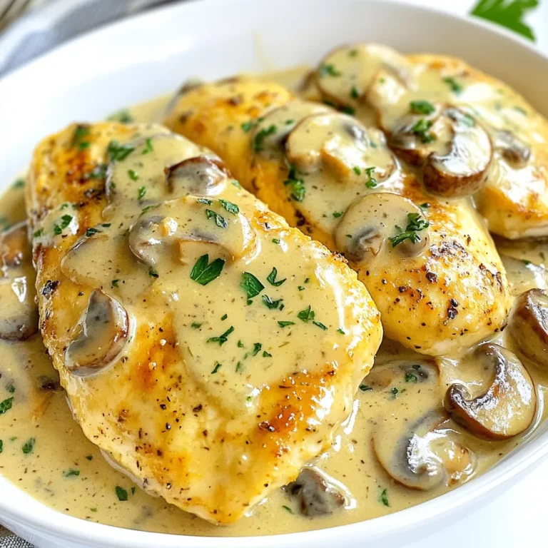 To make Creamy Mushroom Chicken Skillet, gather these simple items: - 2 boneless, skinless chicken breasts - 1 cup sliced mushrooms (cremini or button) - 1 cup heavy cream - 1 cup chicken broth - 1 tablespoon olive oil - 2 cloves garlic, minced - 1 small onion, finely chopped - 1 teaspoon dried thyme - 1 teaspoon paprika - Salt and pepper to taste - Fresh parsley, chopped (for garnish) If you need to swap ingredients, here are some ideas: - Use chicken thighs instead of chicken breasts for extra flavor. - Swap heavy cream with coconut milk for a dairy-free version. - Replace fresh mushrooms with canned mushrooms in a pinch. - Use vegetable broth if you want a lighter base. - For a flavor twist, try fresh herbs like rosemary instead of dried thyme. To ensure your dish turns out great: - Use a liquid measuring cup for liquids like cream and broth. - For dry ingredients, use a standard measuring cup and level off with a knife. - When measuring herbs and spices, pack them lightly in the spoon. - If you are unsure, weigh your ingredients for precise amounts. - Remember, accuracy can make a big difference in flavor! {{ingredient_image_1}} Start by seasoning the chicken breasts. Use salt, pepper, and paprika. Make sure to coat both sides well. This adds flavor and helps with browning. Heat olive oil in a large skillet over medium heat. Once hot, add the chicken breasts. Cook for about 6-7 minutes on each side. Look for a golden brown color. Check the internal temperature; it should be 165°F (75°C). Remove the chicken and set it aside on a plate. In the same skillet, add the chopped onion and minced garlic. Sauté them for about 2-3 minutes. You want the onion to be soft and fragrant. Next, add the sliced mushrooms. Cook for another 5 minutes, stirring often, until they are browned. Now, pour in the chicken broth. Bring it to a simmer and let it reduce by half for about 4-5 minutes. Lower the heat and stir in the heavy cream and dried thyme. Mix everything well and let it simmer for 3-4 minutes until it thickens slightly. Return the cooked chicken to the skillet. Spoon the creamy mushroom sauce over the chicken. Let everything warm together for 2-3 minutes. Taste the sauce and adjust the seasoning with more salt and pepper if needed. Finally, garnish with fresh parsley before serving. To cook chicken breasts well, keep the heat at medium. Use a meat thermometer for best results. The chicken should reach 165°F (75°C) inside. This ensures it is safe to eat. Season the chicken with salt, pepper, and paprika before cooking. This adds great flavor. Let the chicken rest for a few minutes after cooking. This helps keep it juicy. To thicken your creamy sauce, let it simmer longer. This reduces the liquid and makes it rich. You can also add a little cornstarch mixed with water if needed. Just stir it in while the sauce simmers. This will thicken the sauce quickly. Make sure to keep stirring to avoid lumps. Add a splash of white wine to the sauce for depth. You can also toss in some spinach or sun-dried tomatoes for color and taste. Fresh herbs like thyme or rosemary can boost the flavor too. If you like a kick, sprinkle in some red pepper flakes. These tips make your dish more exciting and tasty. Enjoy experimenting! Pro Tips Choose the Right Mushrooms: Opt for cremini mushrooms for a deeper flavor or stick with button mushrooms for a milder taste. Mixing both can also add visual appeal! Perfectly Cooked Chicken: Ensure the chicken reaches the internal temperature of 165°F (75°C) by using a meat thermometer. This guarantees juicy, tender chicken. Thicken Your Sauce: If you prefer a thicker sauce, let it simmer longer until it reduces to your desired consistency. You can also add a cornstarch slurry for instant thickening. Garnish with Fresh Herbs: Fresh parsley not only adds color but also a fresh flavor that brightens the dish. Consider adding thyme or chives for an extra flavor boost! {{image_2}} To make this dish low-carb, skip the heavy cream. Use coconut cream instead. Replace the chicken broth with vegetable broth for a lighter touch. You can also swap the chicken for zucchini noodles. This keeps the meal filling but cuts back on carbs. For a vegetarian version, use mushrooms as the main protein. Replace chicken with hearty vegetables like eggplant or cauliflower. You can also use chickpeas for added protein. Make sure to use vegetable broth in place of chicken broth. Keep the creamy sauce for a rich flavor. You can easily customize the flavor. Add some lemon juice for a zesty twist. For a spicy kick, throw in crushed red pepper flakes. Fresh herbs like basil or rosemary can brighten up the dish. If you love cheese, sprinkle in some Parmesan for creaminess. To store leftovers, let the creamy mushroom chicken cool first. Place it in an airtight container. This keeps the flavors fresh. Store it in the fridge for up to three days. If you want to keep it longer, consider freezing it. When you're ready to enjoy your leftovers, reheat them gently. You can use a skillet over medium heat. Add a splash of chicken broth or cream to keep it moist. Stir often until it's heated through. You can also microwave it in short bursts, stirring in between. If you choose to freeze the dish, make sure it cools completely first. Use freezer-safe containers or bags. Store the chicken for up to three months. When you want to eat it, thaw it overnight in the fridge. Reheat it as described above. This way, you can enjoy your creamy mushroom chicken anytime! You can check if the chicken is done by using a meat thermometer. The inside should reach 165°F (75°C). If you do not have a thermometer, cut the chicken in the thickest part. The meat should be white with no pink parts. Cooked chicken is firm to the touch. Yes, you can use other proteins. Try turkey breasts or pork chops instead of chicken. For a lighter option, shrimp works well too. Just adjust the cooking time based on the protein you choose. Make sure it reaches the safe cooking temperature. You can serve creamy mushroom chicken with many sides. Mashed potatoes are a great pick. They soak up the sauce and add creaminess. Rice or pasta also pair nicely. If you like veggies, steamed broccoli or green beans make a tasty side. Fresh bread is perfect for dipping in the sauce. This post covered everything about making creamy mushroom chicken. We discussed key ingredients and useful substitutions. You learned how to measure accurately for best results. I shared step-by-step cooking instructions and tips for perfect chicken. You explored variations, including low-carb options and other proteins. In the end, cooking doesn't have to be hard. With these tips, you can create a delicious dish every time. Enjoy your cooking adventure!