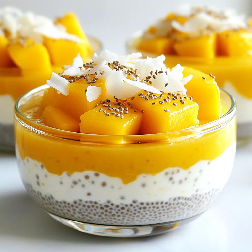 To make a delicious Mango Coconut Chia Pudding, you need a few key ingredients: - 1 cup coconut milk (canned or carton) - 2 tablespoons chia seeds - 1 ripe mango, pureed - 2 tablespoons honey or maple syrup (adjust to taste) - 1 teaspoon vanilla extract - A pinch of salt Each of these ingredients plays an important role. The coconut milk gives a creamy base, while chia seeds add a fun texture. The ripe mango adds natural sweetness and flavor. You can make your pudding even better with toppings. Here are some ideas: - Fresh mango slices - Shredded coconut These toppings add a nice crunch and extra flavor. They also make your pudding look beautiful and inviting. If you can't find coconut milk, try almond milk or oat milk. These options work well, but they change the flavor a bit. For sweeteners, you can use agave syrup or stevia instead of honey or maple syrup. Adjust the amount to fit your taste. {{ingredient_image_1}} Start by gathering your ingredients. You need coconut milk, chia seeds, honey or maple syrup, vanilla extract, and a pinch of salt. In a medium bowl, whisk the coconut milk and chia seeds together. Add honey or maple syrup to sweeten it. Mix in the vanilla and salt. Making sure everything blends well is key. Let this mixture rest for about 5-10 minutes. This time lets the chia seeds soak up the liquid. After that, whisk it again to break up any clumps of seeds. Now it’s time to let the mixture thicken. Cover the bowl with plastic wrap or a lid. Place it in the fridge for at least 4 hours, or overnight if you can wait. This is the secret to a smooth pudding. The chia seeds will swell and create a nice texture. Once it’s set, take the bowl out and give it a good stir. This will ensure a creamy consistency, making it perfect for layering. The fun part comes next! Grab your serving glasses or bowls. Start with a layer of chia pudding at the bottom. Then add a layer of pureed mango on top. Repeat these layers until your glasses are full. This creates a beautiful look and a tasty mix. Before serving, add fresh mango slices and a sprinkle of shredded coconut on top. This will make your pudding look extra special and inviting. Enjoy your delightful treat! To get the right texture, use the right amount of chia seeds. For one cup of coconut milk, two tablespoons of chia seeds work well. After mixing, let the mix sit for 5-10 minutes. This time lets the seeds absorb the liquid. Whisk again to break any clumps. Refrigerate for at least four hours. This helps it thicken nicely. You can boost the flavor with simple add-ins. Try adding a splash of lime or orange juice for a citrus twist. For extra sweetness, add more honey or maple syrup. You can also mix in vanilla bean seeds for a richer taste. Fresh herbs like mint can add a nice touch too. Get creative and adjust to your taste. Avoid using too many chia seeds. This can make the pudding too thick. Also, don't skip the refrigeration step. It’s key for the seeds to swell properly. Make sure to whisk well after the initial sit. This helps prevent clumps. Lastly, don’t forget the toppings! Fresh mango slices and shredded coconut make it look and taste amazing. Pro Tips Quality Ingredients: Use fresh, ripe mangoes for the best flavor. The sweetness and richness of the mango will elevate your chia pudding. Chia Seed Ratio: Adjust the chia seed quantity based on your desired pudding thickness. More seeds will create a thicker texture, while fewer will keep it lighter. Sweetness Level: Customize the sweetness by starting with less honey or maple syrup and adjusting to your taste. This allows you to create a balanced flavor. Serving Suggestions: For a fun presentation, serve the pudding in mason jars and layer with other fruits like kiwi or berries for added color and nutrients. {{image_2}} You can mix in different fruits for fun flavors. Try using pineapple, kiwi, or banana. Each fruit brings its own taste and sweetness. For a tropical twist, use pureed passion fruit or guava. These fruits pair well with mango and coconut. They add color and texture to your pudding. You can also layer different fruits for a beautiful look. Spices can make your pudding even more exciting. Consider adding a pinch of cinnamon or nutmeg. These spices add warmth and depth to the dish. For a unique taste, try cardamom or ginger. They give your pudding a refreshing kick. Just remember, a little goes a long way. Start with small amounts and adjust to your liking. Making this pudding vegan is easy! Simply use maple syrup or agave instead of honey. Both options work well and keep it sweet. You can also skip the sweeteners altogether if you prefer. The ripe mango adds natural sweetness on its own. If you want a sugar-free version, use a sugar substitute like stevia. This keeps your pudding healthy and delicious. Once you make your mango coconut chia pudding, you might have some left. To keep it fresh, store it in the fridge. Use a clean spoon to scoop out portions. This helps prevent germs from getting in. Always cover the bowl tightly with plastic wrap or a lid. I recommend using glass or plastic containers with tight-fitting lids. Glass jars work great because they do not stain. If you have mason jars, they are perfect! They let you see your delicious pudding. Choose containers that are easy to open and close. Your chia pudding can last up to five days in the fridge. If you want to freeze it, place it in an airtight container. It can stay frozen for about a month. When you’re ready to eat it, thaw it in the fridge overnight. The texture may change slightly, but it will still taste great! Mango Coconut Chia Pudding stays fresh for about 3 to 5 days in the fridge. It’s best to store it in an airtight container. The pudding may thicken as it sits. You can stir in a little coconut milk to loosen it before serving. Yes, you can use other types of milk. Almond milk, soy milk, or oat milk also work well. Each milk gives a unique taste. Experiment to find your favorite flavor. Just keep the same amount as the coconut milk in the recipe. Chia seeds are tiny powerhouses of nutrition. They are high in fiber, which helps digestion. They also have omega-3 fatty acids, good for heart health. Plus, chia seeds can absorb water and keep you feeling full longer. This makes them a great choice for a healthy snack. Absolutely! This recipe is perfect for meal prep. You can make it ahead and store it in the fridge. It’s a great grab-and-go snack for busy days. Just layer the pudding and mango in jars for easy servings. Mango Coconut Chia Pudding is easy and fun to make. We explored its main ingredients, toppings, and substitutes. Step-by-step, I walked you through preparing, setting, and serving. I shared tips for consistency and flavor enhancements while avoiding common mistakes. You also learned about tasty variations and storage tips. Try making this pudding to enjoy its rich taste and health benefits. Your kitchen will thank you!