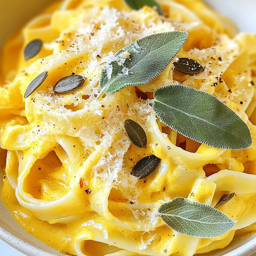 To make Savory Pumpkin Sage Pasta, gather these ingredients: - 2 cups fresh pasta (fettuccine or tagliatelle) - 1 cup pumpkin puree (canned or homemade) - 2 tablespoons olive oil - 1 small onion, finely chopped - 3 cloves garlic, minced - 1 teaspoon fresh sage, chopped (or 1/2 teaspoon dried sage) - 1/2 teaspoon nutmeg - 1/2 cup vegetable broth - 1/2 cup heavy cream (or coconut cream for a dairy-free option) - Salt and pepper to taste - Grated Parmesan cheese or a vegan alternative for serving - Toasted pumpkin seeds for garnish (optional) You can swap some ingredients if needed: - For fresh pasta, use dried pasta; just adjust cooking time. - Pumpkin puree can be replaced with butternut squash puree. - Olive oil can be switched for butter for a richer flavor. - Heavy cream can be substituted with coconut cream for a dairy-free option. - If you don't have sage, try thyme or rosemary for a different flavor. Each serving of Savory Pumpkin Sage Pasta gives you a tasty boost. Here’s the breakdown: - Calories: About 450 - Protein: 12 grams - Carbohydrates: 60 grams - Fat: 18 grams - Fiber: 3 grams - Sugar: 4 grams This pasta dish is not only delightful but also packed with flavor and nutrients. Enjoy your cooking! {{ingredient_image_1}} First, fill a large pot with water and add salt. Bring it to a boil. Once boiling, add 2 cups of fresh pasta, like fettuccine or tagliatelle. Cook the pasta according to package instructions until it is al dente. This usually takes about 2 to 4 minutes. Before you drain the pasta, save 1/2 cup of the pasta water. This water helps adjust the sauce later. After that, drain the pasta and set it aside for now. Next, take a large skillet and heat 2 tablespoons of olive oil over medium heat. Once the oil is hot, add 1 small finely chopped onion. Cook the onion for about 3 to 4 minutes until it becomes translucent. Then, stir in 3 cloves of minced garlic and 1 teaspoon of chopped fresh sage. Let this cook for another minute. The smell will be amazing! This step builds a good flavor base for your sauce. Now, it's time to make the sauce. Add 1 cup of pumpkin puree to the skillet with the sautéed aromatics. Stir well to combine everything. Then, pour in 1/2 cup of vegetable broth and bring the mixture to a gentle simmer. Cook this for about 5 minutes. After that, stir in 1/2 cup of heavy cream and 1/2 teaspoon of nutmeg. Mix thoroughly and let the sauce simmer for another 5 to 7 minutes. This will thicken the sauce. If the sauce gets too thick, use some of the reserved pasta water to adjust it. Finally, add the drained pasta to the skillet. Toss it with the pumpkin sauce until all the noodles are well coated. Season with salt and pepper to taste. Your savory pumpkin sage pasta is almost ready! To cook pasta just right, use a big pot and plenty of water. Salt the water well; it should taste like the sea. This step adds flavor to the pasta. Once the water boils, add your fresh pasta. Fresh pasta cooks fast, usually in 2-4 minutes. Check it often to avoid overcooking. When it's al dente, save some pasta water before draining. This starchy water can help thicken your sauce later. The pumpkin sauce shines with a few boosts. First, use fresh garlic and onion. Sauté them until soft and fragrant. This adds depth to your dish. Next, the sage brings a warm, earthy note. Use fresh if you can; it makes a big difference. Nutmeg adds warmth too; just a pinch can transform the flavor. For extra richness, use heavy cream or coconut cream. Remember to taste and adjust with salt and pepper. A creamy sauce is key to this dish. Start with your pumpkin puree and broth; they should mix well. Let it simmer gently for about 5 minutes. This helps the flavors meld. When you add the cream, stir well. If the sauce gets too thick, don't worry! Just add a little reserved pasta water. This water helps to keep the sauce smooth and coats the pasta perfectly. The goal is a silky texture that clings to every noodle. Pro Tips Use Fresh Herbs: Fresh sage adds a vibrant flavor to the dish. If using dried sage, remember to use less, as its flavor is more concentrated. Pasta Water Magic: The starchy pasta water is a great way to adjust the sauce's consistency without losing flavor. Always reserve some before draining! Experiment with Creams: For a lighter version, substitute heavy cream with a plant-based cream or even Greek yogurt for a tangy twist. Garnish for Flavor: Don’t skip the toasted pumpkin seeds! They add a delightful crunch and enhance the dish's visual appeal. {{image_2}} You can easily make this dish vegan. Just swap the heavy cream for coconut cream. This keeps the sauce creamy and rich. Use nutritional yeast instead of Parmesan for a cheesy flavor. It adds a nice twist without any dairy. For a gluten-free version, choose gluten-free pasta. There are many brands that offer great taste and texture. You can find options made from rice, quinoa, or even chickpeas. Just cook them according to the package instructions. This way, everyone can enjoy this dish! Feel free to add more ingredients to make this recipe your own. Chicken or turkey can add protein and heartiness. Simply cook the meat in the skillet before adding the onions. Spinach is another great option. Toss it into the sauce until it wilts. This adds color and nutrients to your meal. You can also add mushrooms or sun-dried tomatoes for more flavor. The choice is yours! To keep your leftover pasta fresh, place it in an airtight container. Make sure you cool it down first. Store it in the fridge for up to three days. If you want to save it longer, consider freezing it. When you reheat your pasta, use a skillet for the best results. Add a splash of vegetable broth or water to help keep it moist. Heat it on medium-low, stirring gently until warmed through. Avoid using a microwave, as it can make the pasta tough. To freeze your Savory Pumpkin Sage Pasta, portion it into meal-sized containers. Make sure to leave some space at the top for expansion. Wrap the containers tightly with plastic wrap, then seal with a lid. This pasta can last up to three months in the freezer. When ready to eat, thaw it in the fridge overnight before reheating. You can use coconut cream or almond milk. Both give a nice texture. Coconut cream adds a hint of sweetness. Almond milk keeps it light and creamy. Other options include cashew cream or a blend of silken tofu and water. Yes, you can use dried sage. Use half the amount. Dried sage has a stronger flavor than fresh. So, one teaspoon of fresh equals about half a teaspoon of dried. Be sure to add it early so it can bloom in the heat. Savory Pumpkin Sage Pasta lasts about three to four days in the fridge. Store it in an airtight container. When ready to eat, just reheat gently on the stove. Adding a splash of water can help keep it creamy. This blog post covers how to make Savory Pumpkin Sage Pasta. We discussed the key ingredients and possible substitutions. I also provided a step-by-step guide for cooking the fresh pasta and making the creamy sauce. Remember the tips for perfect texture and flavor. You can customize the dish to fit your needs, whether vegan or gluten-free. Lastly, proper storage keeps your leftovers fresh. This dish is not just tasty; it’s versatile and easy to make. Enjoy every bite!