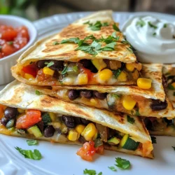 For the best black bean veggie quesadillas, gather these ingredients: - 1 can black beans, rinsed and drained - 1 cup corn kernels (fresh or frozen) - 1 red bell pepper, diced - 1 small zucchini, diced - 1 small red onion, diced - 2 cloves garlic, minced - 1 teaspoon ground cumin - 1 teaspoon chili powder - Salt and pepper to taste - 4 large whole wheat tortillas - 1 cup shredded cheese (cheddar or Monterey Jack) - 2 tablespoons olive oil - Fresh cilantro, chopped (for garnish) - Salsa and sour cream (for serving) These ingredients create a colorful, tasty dish. The black beans add protein, while veggies bring flavor and crunch. You can swap some ingredients based on what you have: - Use pinto beans instead of black beans. - Try different veggies like spinach or mushrooms. - Substitute cheese with a dairy-free option for vegan quesadillas. - Whole wheat tortillas can be replaced with corn tortillas for gluten-free options. - If you don’t have cumin, use taco seasoning instead. These swaps keep the dish flexible and fun. This recipe can easily fit various diets: - Vegan: Omit cheese or choose a dairy-free cheese. - Gluten-Free: Use corn tortillas to make it gluten-free. - Nut-Free: This recipe is nut-free as written. These options make black bean veggie quesadillas a great choice for everyone. They are tasty and fit diverse dietary needs. {{ingredient_image_1}} To start, heat 1 tablespoon of olive oil in a large skillet over medium heat. Add the diced red onion and bell pepper. Sauté these for about 3-4 minutes until they soften. Then, stir in 2 cloves of minced garlic, diced zucchini, corn, and black beans. I recommend using a can of black beans that you rinse and drain well. Next, add 1 teaspoon each of ground cumin and chili powder. Season with salt and pepper to taste. Cook this mixture for an additional 5-7 minutes. You want the zucchini to be tender and everything heated through. Once done, remove the skillet from heat and set the veggie filling aside. Now, let's get to assembling! Place a clean skillet over medium heat and add 1/2 tablespoon of olive oil. Grab a large whole wheat tortilla and place it in the skillet. Layer half of the tortilla with a generous portion of the veggie filling. Don’t forget to sprinkle 1/4 cup of shredded cheese on top. You can use cheddar or Monterey Jack for great taste. Fold the tortilla in half and cook for about 3-4 minutes. The cheese should melt, and the tortilla will turn a golden brown. Flip the quesadilla over and cook for another 2-3 minutes until it gets crispy. Repeat this process for the remaining tortillas and veggie filling. Once cooked, slice the quesadillas into wedges. To achieve crispy tortillas, make sure your skillet is hot enough before adding the quesadillas. The olive oil should shimmer, but not smoke. This creates a nice crunch. Also, flipping the quesadilla gently helps keep the filling inside. For extra crispness, you can use a little more oil if needed. Enjoy the quesadillas warm, garnished with fresh cilantro. To enhance the taste of your black bean veggie quesadillas, consider these tips: - Use Fresh Ingredients: Fresh veggies, like zucchini and bell peppers, add bright flavors. - Adjust Seasonings: Feel free to add more cumin or chili powder for extra zest. - Experiment with Cheese: Try different cheeses like pepper jack for a spicy kick. - Add Fresh Herbs: Cilantro adds a fresh touch. Toss it in right before serving. If you have leftover ingredients, don’t waste them. Here’s how to use them wisely: - Store Veggies: Keep any leftover veggies in an airtight container in the fridge for up to three days. - Make a Salad: Use leftover black beans and corn for a quick salad with lime dressing. - Wraps or Bowls: Use extra ingredients in wraps or grain bowls for lunch or dinner. Having the right tools makes cooking easier and more fun. Here’s what I recommend: - Non-Stick Skillet: This helps cook the quesadillas evenly without sticking. - Spatula: A sturdy spatula is key for flipping quesadillas without breaking them. - Cutting Board and Knife: Essential for chopping veggies quickly and safely. - Measuring Cups and Spoons: Accurate measurements help keep flavors balanced. Using these tips will make your cooking experience smoother and more enjoyable! Pro Tips Choose Your Cheese: Opt for a mix of cheeses like cheddar and Monterey Jack for a richer flavor and better melting consistency. Customize Your Fillings: Feel free to add other veggies like spinach, mushrooms, or jalapeños to personalize your quesadillas. Cooking Temperature: Ensure your skillet is preheated before adding the quesadillas to achieve a perfectly crispy exterior. Serve Hot: Quesadillas taste best when served immediately, so keep them warm in a low oven while cooking the rest. {{image_2}} You can add more veggies to your quesadillas. Try using spinach or kale for a green boost. Mushrooms add a nice earthy flavor, while diced tomatoes bring sweetness. You could also add shredded carrots or even roasted red peppers. Feel free to mix and match your favorites. The goal is to create a colorful and healthy filling. If you want to skip dairy, there are many cheese alternatives. Vegan cheese works well and melts nicely. You can also use nutritional yeast for a cheesy taste without the dairy. If you prefer a lighter option, try low-fat cheese. The flavor will still shine through, and you’ll keep it guilt-free. Want to give your quesadillas a kick? Add sliced jalapeños for heat. A sprinkle of red pepper flakes also works great. If you enjoy a sweet touch, consider adding diced pineapple or a touch of honey. These flavors balance well with the black beans. You can even try a drizzle of sriracha or hot sauce for extra zing. After enjoying your black bean veggie quesadillas, you might have some left. Let them cool completely. Then, wrap each quesadilla in plastic wrap or foil. Place them in an airtight container. Store them in the fridge for up to three days. This keeps them fresh and ready for your next meal. If you want to save quesadillas for later, freezing is a smart choice. First, let them cool completely. Wrap each quesadilla tightly in plastic wrap. Then, place them in a freezer-safe bag or container. You can freeze them for up to three months. Label the bag with the date so you remember when you made them. To enjoy your quesadillas again, you can reheat them easily. For the best results, use an oven or skillet. If using an oven, preheat it to 375°F (190°C). Place the quesadillas on a baking sheet and heat for about 10-15 minutes. If you prefer a skillet, heat it over medium heat. Cook each quesadilla for about 3-4 minutes on each side until warm and crispy. Enjoy them with fresh salsa and sour cream for a tasty treat! To make black bean veggie quesadillas quickly, use pre-chopped veggies. You can buy them at the store. This saves time during prep. Also, use canned black beans. They are ready to use after rinsing. You can cook the filling for about five minutes. Then, quickly assemble and cook your quesadillas. If you have a panini press, you can use it for faster cooking. This method gives you crispy quesadillas in no time. Yes, you can use different beans. Pinto beans or kidney beans work well too. They add a nice texture and taste. If you prefer white beans, those are a great option as well. Just make sure to rinse and drain them first. This helps remove excess salt and keeps the flavor bright. When serving quesadillas, you can pair them with salsa and sour cream. These toppings add creaminess and zest. A fresh salad with lime dressing also complements the quesadillas well. You can try guacamole for added creaminess and flavor. For a heartier meal, serve with rice or beans on the side. These sides enhance the dish and add more nutrition. You learned about the best ingredients, cooking steps, and tips for veggie quesadillas. I shared how to customize flavors and handle leftovers. Remember, you can choose vegan or gluten-free options. Don't forget to store and reheat them right for the best taste. Experiment with different veggies and cheeses to find your favorite mix. With these tips, you can enjoy delicious quesadillas any day. Happy cooking!