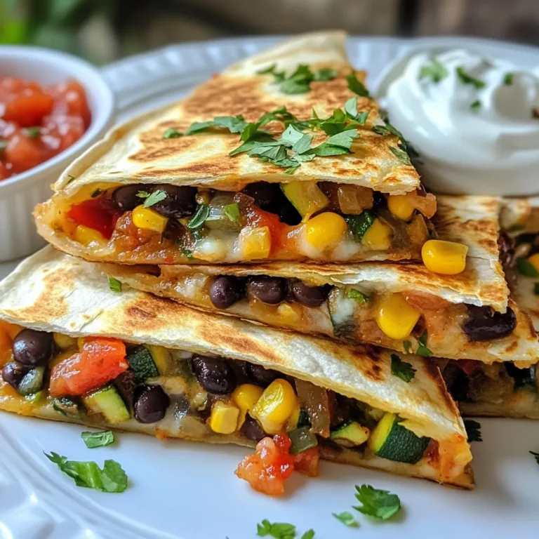 For the best black bean veggie quesadillas, gather these ingredients: - 1 can black beans, rinsed and drained - 1 cup corn kernels (fresh or frozen) - 1 red bell pepper, diced - 1 small zucchini, diced - 1 small red onion, diced - 2 cloves garlic, minced - 1 teaspoon ground cumin - 1 teaspoon chili powder - Salt and pepper to taste - 4 large whole wheat tortillas - 1 cup shredded cheese (cheddar or Monterey Jack) - 2 tablespoons olive oil - Fresh cilantro, chopped (for garnish) - Salsa and sour cream (for serving) These ingredients create a colorful, tasty dish. The black beans add protein, while veggies bring flavor and crunch. You can swap some ingredients based on what you have: - Use pinto beans instead of black beans. - Try different veggies like spinach or mushrooms. - Substitute cheese with a dairy-free option for vegan quesadillas. - Whole wheat tortillas can be replaced with corn tortillas for gluten-free options. - If you don’t have cumin, use taco seasoning instead. These swaps keep the dish flexible and fun. This recipe can easily fit various diets: - Vegan: Omit cheese or choose a dairy-free cheese. - Gluten-Free: Use corn tortillas to make it gluten-free. - Nut-Free: This recipe is nut-free as written. These options make black bean veggie quesadillas a great choice for everyone. They are tasty and fit diverse dietary needs. {{ingredient_image_1}} To start, heat 1 tablespoon of olive oil in a large skillet over medium heat. Add the diced red onion and bell pepper. Sauté these for about 3-4 minutes until they soften. Then, stir in 2 cloves of minced garlic, diced zucchini, corn, and black beans. I recommend using a can of black beans that you rinse and drain well. Next, add 1 teaspoon each of ground cumin and chili powder. Season with salt and pepper to taste. Cook this mixture for an additional 5-7 minutes. You want the zucchini to be tender and everything heated through. Once done, remove the skillet from heat and set the veggie filling aside. Now, let's get to assembling! Place a clean skillet over medium heat and add 1/2 tablespoon of olive oil. Grab a large whole wheat tortilla and place it in the skillet. Layer half of the tortilla with a generous portion of the veggie filling. Don’t forget to sprinkle 1/4 cup of shredded cheese on top. You can use cheddar or Monterey Jack for great taste. Fold the tortilla in half and cook for about 3-4 minutes. The cheese should melt, and the tortilla will turn a golden brown. Flip the quesadilla over and cook for another 2-3 minutes until it gets crispy. Repeat this process for the remaining tortillas and veggie filling. Once cooked, slice the quesadillas into wedges. To achieve crispy tortillas, make sure your skillet is hot enough before adding the quesadillas. The olive oil should shimmer, but not smoke. This creates a nice crunch. Also, flipping the quesadilla gently helps keep the filling inside. For extra crispness, you can use a little more oil if needed. Enjoy the quesadillas warm, garnished with fresh cilantro. To enhance the taste of your black bean veggie quesadillas, consider these tips: - Use Fresh Ingredients: Fresh veggies, like zucchini and bell peppers, add bright flavors. - Adjust Seasonings: Feel free to add more cumin or chili powder for extra zest. - Experiment with Cheese: Try different cheeses like pepper jack for a spicy kick. - Add Fresh Herbs: Cilantro adds a fresh touch. Toss it in right before serving. If you have leftover ingredients, don’t waste them. Here’s how to use them wisely: - Store Veggies: Keep any leftover veggies in an airtight container in the fridge for up to three days. - Make a Salad: Use leftover black beans and corn for a quick salad with lime dressing. - Wraps or Bowls: Use extra ingredients in wraps or grain bowls for lunch or dinner. Having the right tools makes cooking easier and more fun. Here’s what I recommend: - Non-Stick Skillet: This helps cook the quesadillas evenly without sticking. - Spatula: A sturdy spatula is key for flipping quesadillas without breaking them. - Cutting Board and Knife: Essential for chopping veggies quickly and safely. - Measuring Cups and Spoons: Accurate measurements help keep flavors balanced. Using these tips will make your cooking experience smoother and more enjoyable! Pro Tips Choose Your Cheese: Opt for a mix of cheeses like cheddar and Monterey Jack for a richer flavor and better melting consistency. Customize Your Fillings: Feel free to add other veggies like spinach, mushrooms, or jalapeños to personalize your quesadillas. Cooking Temperature: Ensure your skillet is preheated before adding the quesadillas to achieve a perfectly crispy exterior. Serve Hot: Quesadillas taste best when served immediately, so keep them warm in a low oven while cooking the rest. {{image_2}} You can add more veggies to your quesadillas. Try using spinach or kale for a green boost. Mushrooms add a nice earthy flavor, while diced tomatoes bring sweetness. You could also add shredded carrots or even roasted red peppers. Feel free to mix and match your favorites. The goal is to create a colorful and healthy filling. If you want to skip dairy, there are many cheese alternatives. Vegan cheese works well and melts nicely. You can also use nutritional yeast for a cheesy taste without the dairy. If you prefer a lighter option, try low-fat cheese. The flavor will still shine through, and you’ll keep it guilt-free. Want to give your quesadillas a kick? Add sliced jalapeños for heat. A sprinkle of red pepper flakes also works great. If you enjoy a sweet touch, consider adding diced pineapple or a touch of honey. These flavors balance well with the black beans. You can even try a drizzle of sriracha or hot sauce for extra zing. After enjoying your black bean veggie quesadillas, you might have some left. Let them cool completely. Then, wrap each quesadilla in plastic wrap or foil. Place them in an airtight container. Store them in the fridge for up to three days. This keeps them fresh and ready for your next meal. If you want to save quesadillas for later, freezing is a smart choice. First, let them cool completely. Wrap each quesadilla tightly in plastic wrap. Then, place them in a freezer-safe bag or container. You can freeze them for up to three months. Label the bag with the date so you remember when you made them. To enjoy your quesadillas again, you can reheat them easily. For the best results, use an oven or skillet. If using an oven, preheat it to 375°F (190°C). Place the quesadillas on a baking sheet and heat for about 10-15 minutes. If you prefer a skillet, heat it over medium heat. Cook each quesadilla for about 3-4 minutes on each side until warm and crispy. Enjoy them with fresh salsa and sour cream for a tasty treat! To make black bean veggie quesadillas quickly, use pre-chopped veggies. You can buy them at the store. This saves time during prep. Also, use canned black beans. They are ready to use after rinsing. You can cook the filling for about five minutes. Then, quickly assemble and cook your quesadillas. If you have a panini press, you can use it for faster cooking. This method gives you crispy quesadillas in no time. Yes, you can use different beans. Pinto beans or kidney beans work well too. They add a nice texture and taste. If you prefer white beans, those are a great option as well. Just make sure to rinse and drain them first. This helps remove excess salt and keeps the flavor bright. When serving quesadillas, you can pair them with salsa and sour cream. These toppings add creaminess and zest. A fresh salad with lime dressing also complements the quesadillas well. You can try guacamole for added creaminess and flavor. For a heartier meal, serve with rice or beans on the side. These sides enhance the dish and add more nutrition. You learned about the best ingredients, cooking steps, and tips for veggie quesadillas. I shared how to customize flavors and handle leftovers. Remember, you can choose vegan or gluten-free options. Don't forget to store and reheat them right for the best taste. Experiment with different veggies and cheeses to find your favorite mix. With these tips, you can enjoy delicious quesadillas any day. Happy cooking!