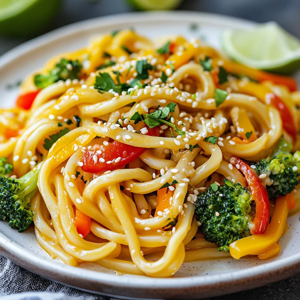 - 200g udon noodles - 2 tablespoons sesame oil - 1 cup broccoli florets - 1 red bell pepper, sliced - 1 carrot, julienned - 3 green onions, chopped - 2 cloves garlic, minced - 1 tablespoon fresh ginger, grated - 2 tablespoons soy sauce - 1 tablespoon hoisin sauce - 1 tablespoon sesame seeds - Pinch of red pepper flakes - Fresh cilantro for garnish Choosing the right udon noodles is key. Look for fresh or frozen noodles instead of dried ones. Fresh noodles cook faster and taste better. For vegetables, always pick the freshest options. Bright colors mean they are full of flavor and nutrients. Check for firmness and avoid limp or wilted veggies. This small step ensures a great taste and texture in your dish. {{ingredient_image_1}} To start, boil a large pot of water. Add 200g of udon noodles and cook for 4-5 minutes. Drain the noodles and rinse them in cold water. This stops the cooking and helps prevent clumping. To avoid clumpiness, toss the noodles with a little sesame oil. This keeps them separate and adds flavor. Next, heat 2 tablespoons of sesame oil in a large skillet over medium-high heat. Add 2 cloves of minced garlic and 1 tablespoon of grated ginger. Cook for about 30 seconds until they smell great. Garlic and ginger add a nice kick to your dish, making it more flavorful. Now it's time for the vegetables. Add 1 cup of broccoli florets, 1 sliced red bell pepper, and 1 julienned carrot to the skillet. Stir-fry them for 4-5 minutes. You want them to be tender but still crisp. Adding them in this order helps ensure each cooks just right. Now, lower the heat to medium and add the cooked udon noodles to the skillet. Pour in 2 tablespoons of soy sauce and 1 tablespoon of hoisin sauce. Toss everything well to coat the noodles evenly. Add 3 chopped green onions, 1 tablespoon of sesame seeds, and a pinch of red pepper flakes if you like heat. Stir-fry for another 2-3 minutes to combine flavors. For a great presentation, garnish each plate with fresh cilantro and extra sesame seeds. Serve with lime wedges for a zesty touch. This will make your dish look and taste amazing! To make your Sesame Udon Noodle Stir-Fry even better, try adding spices. A pinch of red pepper flakes gives it a nice kick. You can also add more soy sauce or hoisin sauce for deeper flavor. Always taste as you go. Adjust the spices to suit your taste. You can make it sweeter, saltier, or spicier, depending on what you love. Stir-frying is all about high heat and quick cooking. Use a large skillet or wok to give food room to move. Heat the pan before adding oil. This helps create a nice sear on your veggies. Toss them quickly to avoid burning. Keep the heat high to get that perfect crisp-tender texture. It makes a big difference in the final dish. Prep your ingredients ahead of time. Chop your veggies and measure out sauces before you start cooking. This makes the process smooth and quick. You can also use pre-cooked or frozen vegetables. They save time and still taste great. Just add them to the pan in the last few minutes of cooking. This way, your meal is ready in no time! Pro Tips Cook Noodles Al Dente: Make sure to cook the udon noodles just until they are al dente for the best texture. They will continue to cook slightly when stir-fried with the vegetables. Use Fresh Ingredients: For the best flavor and nutrition, opt for fresh vegetables. Crisp broccoli, vibrant bell peppers, and fresh ginger can elevate the dish significantly. Customize Your Veggies: Feel free to add or substitute any of your favorite vegetables, such as snap peas, mushrooms, or bok choy, to make the dish your own. Garnish for Flavor: Don’t skip the garnish! Fresh cilantro and extra sesame seeds not only enhance the presentation but also add a burst of flavor and texture. {{image_2}} You can add chicken, shrimp, or tofu to your stir-fry. These proteins boost the meal’s nutrition. They add flavor and texture, making the dish more filling. Tofu is a great option for vegans. It soaks up the sauce well. Chicken and shrimp cook quickly, keeping the stir-fry fast and easy. If you want a vegetarian dish, skip the meat. Use tofu or tempeh as a protein source. You can also add mushrooms for a hearty flavor. Try miso paste for umami without animal products. This keeps the taste rich and satisfying. You can twist the flavors to suit your taste. Add more soy sauce for a salty kick. Honey or maple syrup gives a sweet touch. If you like heat, add more red pepper flakes. You can also try adding peanut butter for a nutty flavor. Each region has its own spins on stir-fry. Explore adding local spices or sauces to make it unique. To keep your sesame udon noodle stir-fry fresh, use airtight containers. Glass or plastic containers work well. Store leftovers in the fridge for up to three days. If you want to keep them longer, freezing is a good option. When you reheat, use a skillet or microwave. If using a skillet, add a splash of water. Heat on medium-low to avoid burning. Stir often to keep the noodles from sticking. This helps maintain their texture. If using a microwave, cover the dish. Heat in short bursts, stirring in between. Avoid overheating, so the noodles do not become soggy. You can freeze cooked udon noodles. Place them in freezer-safe bags or containers. Remove as much air as possible. For best quality, eat within three months. To prepare for freezing, cool the noodles first. For reheating, thaw the noodles overnight in the fridge. Then, follow the reheating instructions above for optimal taste. You can use many vegetables in stir-fry. Here are some great options: - Broccoli - Bell peppers - Carrots - Snap peas - Zucchini - Mushrooms - Onions Seasonal picks are also fun! In spring, use fresh asparagus. In fall, you can add squash. Mix colorful veggies for a tasty and pretty dish. Yes, you can! For gluten-free udon noodles, look for rice noodles or gluten-free noodles. You can also swap soy sauce for tamari sauce. Hoisin sauce often has gluten, so check labels or use a gluten-free version. It takes about 10 minutes to prep and 15 minutes to cook. So, in just 25 minutes, you can have a delicious meal ready! This quick time makes it a great choice for busy nights. Absolutely! While udon noodles are thick and chewy, you can try: - Soba noodles - Rice noodles - Spaghetti Each type of noodle brings a different taste and texture. Adjust your cooking time based on the noodle you choose. Enjoy experimenting! This blog post covered a simple and tasty sesame udon noodle stir-fry. We discussed the key ingredients, like udon noodles and fresh vegetables, plus tips for selection. I shared step-by-step instructions from cooking the noodles to mixing everything together. You learned how to enhance flavors and even try different variations. Remember to store your leftovers properly for later enjoyment. With these tips, you can create a dish that is not just easy but also full of flavor. Enjoy your cooking and have fun experimenting!