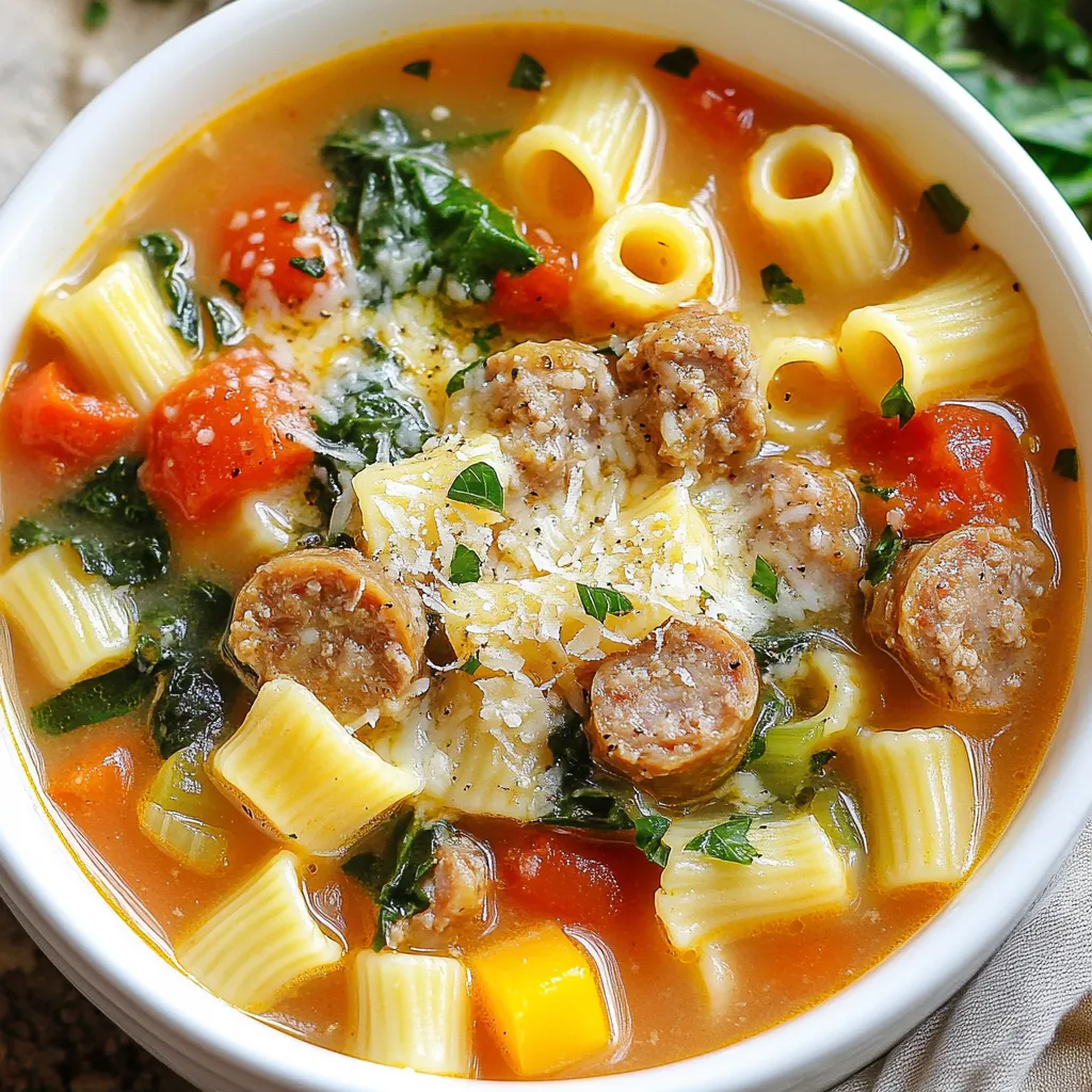 To make creamy Parmesan sausage pasta soup, you need a few key ingredients. Each one adds flavor and texture to this hearty meal. - 1 lb Italian sausage (choose sweet or spicy) - 1 medium onion, diced - 3 cloves garlic, minced - 3 medium carrots, diced - 2 stalks celery, diced - 1 can (14.5 oz) diced tomatoes, undrained - 6 cups chicken or vegetable broth - 1 cup uncooked small pasta (like ditalini or elbow) - 1 cup heavy cream - 1 cup freshly grated Parmesan cheese - 2 cups baby spinach - 1 teaspoon Italian seasoning - Salt and pepper to taste - Fresh parsley, chopped (for garnish) Each ingredient plays a role in the soup's taste. The Italian sausage gives it a nice kick. The fresh vegetables add crunch and nutrients. The broth creates a warm base, while the cream makes it rich. The cheese adds a savory depth. Finally, the spinach brings color and health benefits. Enjoy playing with these ingredients to find your favorite balance! {{ingredient_image_1}} Start by cooking the sausage in a large pot over medium-high heat. Remove the casing from the sausage. Crumble it into the pot. Cook until it turns brown, which takes about 5 to 7 minutes. Use a spoon to break it apart as it cooks. While the sausage cooks, dice your vegetables. Chop one medium onion, three medium carrots, and two stalks of celery. Mince three cloves of garlic. Set these aside for the next steps. Once the sausage is brown, it’s time to add the vegetables. Stir in the diced onion, carrots, celery, and minced garlic. Sauté for about 5 minutes. You want the veggies to soften, so stir occasionally. Next, add a can of diced tomatoes (14.5 oz) with their juice. Pour in 6 cups of chicken or vegetable broth. Bring this mixture to a boil. When the soup boils, reduce the heat to medium-low. Now, it’s time to add the uncooked pasta. Use 1 cup of small pasta, like ditalini or elbow. Cook according to the package instructions, which is usually about 8 to 10 minutes. You want it to be al dente. Once the pasta is cooked, lower the heat. Stir in 1 cup of heavy cream and 1 cup of freshly grated Parmesan cheese. Mix until the cheese melts and the soup becomes creamy. Now, fold in 2 cups of baby spinach and 1 teaspoon of Italian seasoning. The spinach will wilt from the heat of the soup. Season with salt and pepper to taste. After this, let the soup sit for a few minutes before you serve it. Ladle it into bowls and sprinkle extra Parmesan cheese on top. Garnish with chopped parsley. Enjoy with crusty bread for dipping! To make this soup your own, try swapping the Italian sausage. You can use chicken sausage or even turkey sausage for a lighter option. If you want to go meatless, a plant-based sausage works well too. For seasoning, taste as you cook. If you want a kick, add red pepper flakes. Fresh herbs like basil or thyme can add a bright flavor. Always remember to season with salt and pepper to fit your taste. Cooking pasta in the soup is key. Add the pasta when the soup boils to keep it from getting too soft. Check the pasta package for cooking times. Aim for al dente, which means slightly firm. To enhance the creaminess, stir in the heavy cream slowly. Make sure it blends well with the soup. The Parmesan cheese also adds a rich texture. If you want it creamier, add more cheese. Enjoy a thick, hearty soup! Pro Tips Use Fresh Ingredients: Fresh vegetables and herbs will enhance the flavor of your soup significantly. Opt for fresh parsley and spinach for a vibrant taste. Customize the Spice Level: Depending on your preference, you can use spicy Italian sausage or add red pepper flakes for an extra kick. Leftovers Storage: This soup can be stored in the refrigerator for up to 3 days. Reheat on the stove over low heat, adding a splash of broth to loosen it up. Make it Gluten-Free: Substitute the small pasta with gluten-free pasta or omit it entirely for a lighter version that still tastes delicious. {{image_2}} When it comes to sausage, you have choices. You can pick sweet or spicy sausage. Sweet sausage gives a nice, mild flavor. Spicy sausage adds a kick that warms you up. If you're not a sausage fan, you can use ground turkey or chicken. These options keep it light yet tasty. If you want a vegetarian version, try plant-based sausage. These can mimic the flavor of meat without using animal products. You can also add more veggies to boost flavor and nutrition. Think mushrooms, zucchini, or bell peppers. They add great texture and color to your soup. For those who need gluten-free options, choose gluten-free pasta. Rice or quinoa pasta works well. If you're avoiding dairy, use a dairy-free cream. There are many coconut or almond-based creams available. These swaps let everyone enjoy creamy Parmesan sausage pasta soup without worry. To keep your creamy Parmesan sausage pasta soup fresh, store it in an airtight container. This helps prevent any odors from other foods in your fridge. It lasts up to four days in the fridge. Always let the soup cool before sealing it. This step helps keep the soup's flavor intact. You can freeze this soup for up to three months. To freeze, let it cool down, then pour it into freezer-safe bags or containers. Remember to leave some space for the soup to expand as it freezes. When you want to eat it, thaw the soup in the fridge overnight. Reheat the soup on the stove over medium heat. Stir it often to avoid sticking. You may need to add a splash of broth or cream to restore its creamy texture. If you use a microwave, heat in short intervals, stirring in between to ensure even warming. Enjoy your comforting meal! Yes, you can make this soup ahead of time. Just prepare it as usual and store it in the fridge. It stays good for about three days. When you reheat it, the pasta may soak up some broth. You can add more broth while warming it up to get the right consistency. I recommend using small pasta shapes. Ditalini or elbow macaroni fit well in the soup. These shapes soak up the flavors nicely. You can also try shells or small penne if you like. To make the soup spicier, use hot Italian sausage. You can also add red pepper flakes while cooking. For a milder taste, use sweet Italian sausage. You can skip the pepper flakes and spice up the flavor with herbs. Yes, you can use other cheeses! Mozzarella adds a nice stretch, while cheddar gives a sharp taste. Just remember to grate the cheese for better melting. Try mixing cheeses for extra flavor! This soup goes great with crusty bread. You can also serve it with a fresh salad on the side. Grilled cheese sandwiches make a fun pair too. Enjoy your meal with family and friends! We explored the key ingredients and steps to create a delicious soup. From choosing your sausage to adding fresh veggies and cream, each choice impacts flavor. I shared tips for perfecting texture and adjusting flavors to fit your taste. Remember, you can make this soup your own by changing ingredients and storing it properly. Enjoy making this dish and sharing it with others. It’s easy, satisfying, and sure to please everyone.