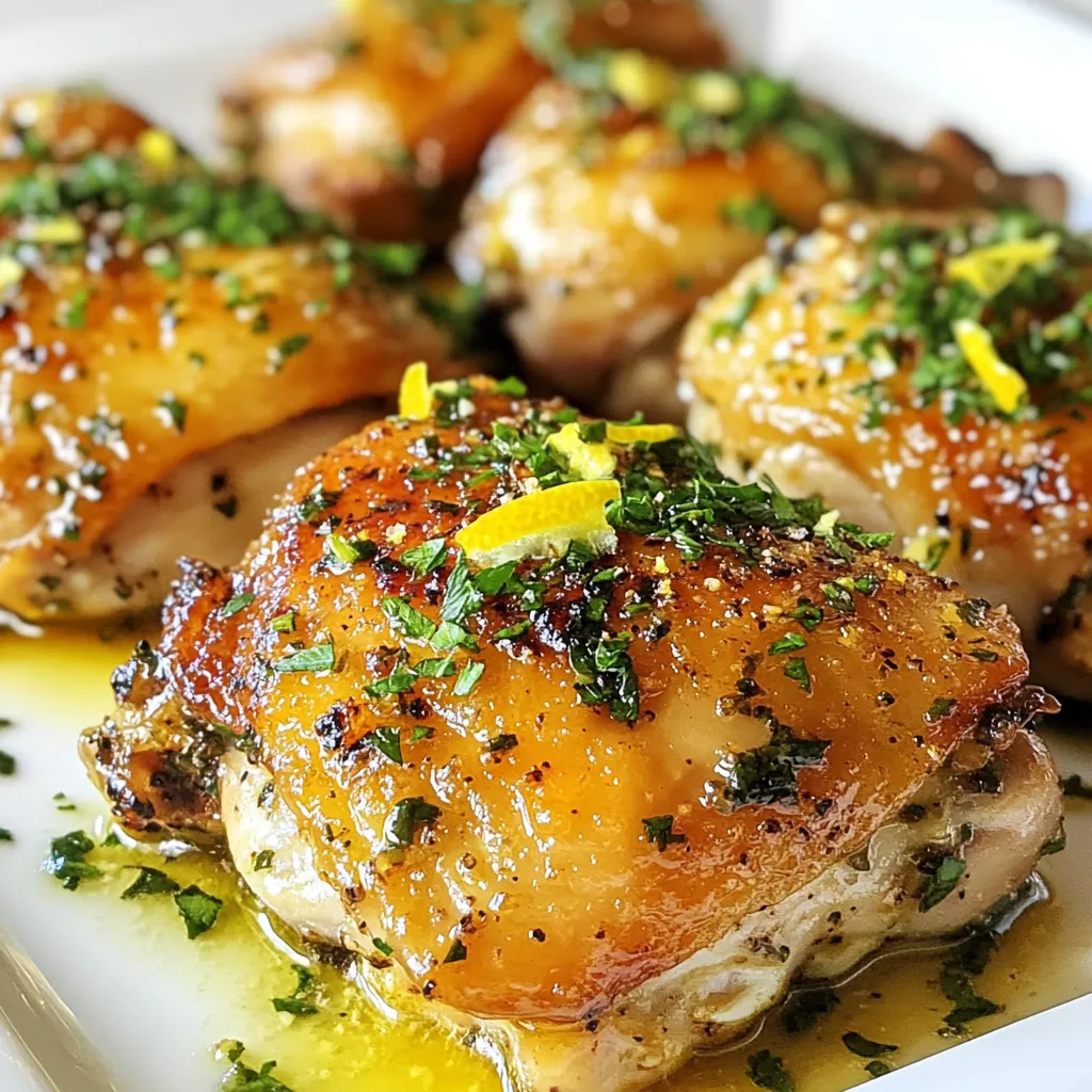 To make garlic butter chicken thighs, you need simple yet flavorful ingredients. Here is the list: - 4 bone-in, skin-on chicken thighs - 4 tablespoons unsalted butter - 6 cloves garlic, minced - 1 teaspoon fresh thyme leaves (or ½ teaspoon dried thyme) - 1 tablespoon lemon juice - 1 teaspoon lemon zest - Salt and pepper to taste - 1 tablespoon olive oil - Chopped fresh parsley for garnish These ingredients balance well together. The chicken thighs bring a juicy texture, while the garlic and butter add rich flavor. The fresh thyme and lemon give a zesty touch that brightens the dish. When choosing your chicken thighs, look for ones with good fat. The skin helps keep the meat moist and adds crispiness when cooked. Fresh herbs always enhance the taste, so opt for fresh thyme if possible. The garlic adds an aromatic punch. You'll want to chop it finely to release all its flavor. Lemon juice and zest provide acidity, cutting through the richness of the butter. Salt and pepper are key. They enhance all the flavors in this meal. Olive oil helps with cooking, preventing sticking in the skillet. Finally, fresh parsley adds color and a fresh finish. With these ingredients, you’re set for a delicious dinner. Prepare them well, and you’ll impress everyone at your table! {{ingredient_image_1}} First, I dry the chicken thighs with paper towels. This helps the skin get crispy. I season both sides with salt, pepper, and smoked paprika. Salting is key. It brings out the chicken’s natural flavor. The spices add depth, making each bite tasty. Next, I heat a large skillet over medium-high heat. I add olive oil and let it get hot. Once hot, I place the chicken thighs skin-side down. I cook them for 5-7 minutes until the skin is golden brown. After that, I carefully flip the chicken. I cook it for about 5 minutes more. Then, I lower the heat to medium and add the butter to the skillet. Now comes the fun part! I stir in the minced garlic and thyme. I let them cook for about 1-2 minutes. This step releases their wonderful aroma. I spoon the melted garlic butter over the chicken. Then, I drizzle lemon juice and sprinkle lemon zest on top. This adds a zesty kick that brightens the dish. To make sure the chicken is cooked, I check the internal temperature. It should reach 165°F (75°C). This is safe and ensures juicy meat. Once done, I remove the chicken from the skillet. I let it rest for 5 minutes before serving. This resting time helps keep the juices in. Before serving, I drizzle any remaining garlic butter sauce over the chicken. To get that perfect crispy skin on your chicken thighs, start by patting them dry. Use paper towels to remove any moisture. This step makes a big difference. Next, season the chicken well with salt, pepper, and smoked paprika. The salt helps draw out moisture and enhances flavor. Cook the chicken in a hot skillet over medium-high heat. Place the thighs skin-side down for 5-7 minutes. This ensures a nice golden color. Flip them and continue cooking for another 5 minutes before adding butter. Using fresh herbs can really boost the taste of your dish. Fresh thyme adds a bright note. If you only have dried thyme, that works too. Just use less, about half the amount. Butter is key in this recipe. It gives richness and helps the garlic cook just right. The garlic and thyme create a wonderful aroma as they cook together. This adds layers of flavor to your chicken. If you need to adjust for a low-sodium diet, cut back on added salt. You can still use smoked paprika for flavor. For butter alternatives, try using olive oil or coconut oil. These options keep the dish tasty while meeting your needs. Always remember to check for any dietary needs of your guests. Making small swaps can ensure everyone enjoys the meal. Pro Tips Patience is Key: Allow the chicken thighs to cook undisturbed for the first few minutes to achieve a perfect crispy skin. Don’t Rush the Resting: Let the chicken rest after cooking; this allows the juices to redistribute for a juicier bite. Customize the Herbs: Feel free to mix in other herbs like rosemary or oregano for an added flavor dimension. Use a Meat Thermometer: To ensure perfectly cooked chicken, use a meat thermometer to check for an internal temperature of 165°F (75°C). {{image_2}} You can make this dish even better by adding herbs or spices. Try fresh rosemary or oregano for a new taste. A pinch of red pepper flakes can add a nice kick. You can also swap lemon for lime or orange juice. Each citrus brings a fresh twist to the garlic butter. You don’t have to stick with just one way to cook chicken thighs. You can bake them in the oven for a hands-off approach. Preheat the oven to 400°F (200°C) and cook for about 30-35 minutes. A grill gives great flavor too! Cook the thighs over medium heat for 25-30 minutes. For a slow cooker, cook on low for 6 hours. Just adjust the cooking times as needed to keep the chicken juicy and tender. Pair your garlic butter chicken with great sides. Roasted veggies like carrots and broccoli work well. A fresh salad adds crunch and color. You can also serve it with rice or mashed potatoes. These starches soak up the garlic butter sauce nicely. This creates a complete and balanced meal that everyone will love. To keep your Garlic Butter Chicken Thighs fresh, store them properly in the fridge. Use an airtight container to prevent moisture loss. This helps maintain flavor and texture. Your dish will last about 3 to 4 days in the fridge. Make sure to cool the chicken to room temperature before sealing it in. This prevents condensation, which can make the chicken soggy. If you want to save some for later, freezing is a good option. Follow these steps to freeze your chicken thighs: 1. Cool Completely: Let the chicken cool to room temperature first. 2. Wrap Well: Wrap each thigh tightly in plastic wrap. Then, place them in a freezer-safe bag or container. 3. Label: Write the date on the bag. This helps you keep track of freshness. When you're ready to enjoy them again, thaw the chicken in the fridge overnight. For reheating, place the thighs in a skillet over low heat. Add a splash of chicken broth to keep them moist. Cook until heated through and enjoy! Yes, you can use boneless chicken thighs. They cook faster than bone-in ones. Cut the cooking time by about 5-10 minutes. Aim for an internal temperature of 165°F (75°C). Check the internal temperature of the chicken. It must reach 165°F (75°C) for safety. Use a meat thermometer for accuracy. If you don't have one, cut into the thickest part of the thigh. The juices should run clear without any pink. Yes, you can prepare the chicken ahead. Cook the chicken and let it cool. Store it in an airtight container in the fridge for up to 3 days. Reheat in a skillet over low heat. Add a splash of water to keep it moist. You can use olive oil as a substitute for butter. For a dairy-free option, try coconut oil or vegan butter. Each will add its own flavor, so choose what fits your dish best. This blog post covers everything you need to know about cooking chicken thighs. We discussed important ingredients, step-by-step instructions, and tips for the best flavor. You can achieve crispy skin, explore variations, and understand how to store leftovers properly. My final thought is simple: mastering this dish makes any meal special. Enjoy the cooking journey and share your success with others!