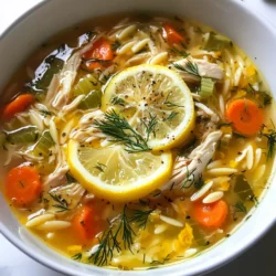 - 1 lb boneless, skinless chicken breasts - 6 cups chicken broth - 1 medium onion, finely chopped - 2 cloves garlic, minced - 2 large carrots, diced - 2 celery stalks, diced - 1 cup uncooked orzo pasta - 3 large eggs - 1/4 cup fresh lemon juice (about 2 lemons) - 1 tablespoon olive oil - Salt and pepper to taste - 1/4 cup fresh dill, chopped (or 1 tablespoon dried dill) To make Greek lemon chicken soup, you need fresh, simple ingredients. The chicken gives the soup its heartiness. The broth adds depth of flavor. Onions, garlic, carrots, and celery give it a fresh taste. Orzo pasta makes it filling. Eggs and lemon juice create a creamy, tangy base. Dill finishes the dish with a burst of freshness. - Lemon slices for garnish - Additional spices like paprika or thyme Garnishes like lemon slices add a bright pop. You can also use spices to enhance the flavor. A sprinkle of paprika or thyme can make the soup more complex. - Large pot - Whisk - Cutting board You will need a large pot to cook the soup. A whisk helps mix the egg and lemon juice smoothly. A cutting board is great for chopping your veggies. These tools make the cooking process easy and fun! {{ingredient_image_1}} First, grab a large pot and pour in one tablespoon of olive oil. Heat it on medium. Once hot, add the finely chopped onion. Sauté the onion until it turns soft and clear, about 4 to 5 minutes. Next, stir in the minced garlic, diced carrots, and diced celery. Cook these veggies for another 3 to 4 minutes. They should start to soften and smell fantastic. Now, it's time to add the chicken. Place one pound of boneless, skinless chicken breasts into the pot. Pour in six cups of chicken broth. Bring everything to a gentle boil. After that, lower the heat and let it simmer for about 20 minutes. The chicken should be fully cooked and tender. Once done, remove the chicken and set it aside on a cutting board. Stir in one cup of uncooked orzo pasta into the soup. Let it simmer for another 10 minutes. The orzo will cook and become al dente. While the pasta cooks, shred the cooked chicken into small pieces. This makes it easy to mix back into the soup. Next, in a separate bowl, whisk together three large eggs and 1/4 cup of fresh lemon juice. Mix them well. This egg mixture will add creaminess to the soup. Once the orzo is cooked, it's time to temper the egg mixture. Slowly ladle about two cups of the hot soup into the bowl with the eggs. Stir continuously while you pour. This step is key because it stops the eggs from curdling. Finally, pour the tempered egg mixture back into the pot. Stir constantly to keep it smooth. Add the shredded chicken back into the soup. Now, season with salt, pepper, and 1/4 cup of fresh dill. Heat everything through, but avoid boiling it. Enjoy the bright flavors of this Greek lemon chicken soup! Using homemade broth gives your soup a fresh taste. If you’re short on time, store-bought broth works too. Just choose a low-sodium option for better control over salt. You can adjust the lemon juice and dill to suit your taste. If you love lemon, add more juice. For a milder flavor, use less. Shredding chicken can be quick and easy. After cooking, let the chicken cool slightly. Use two forks to pull the chicken apart into bite-sized pieces. This method ensures even shredding. To prevent eggs from curdling, whisk them with lemon juice. Slowly add hot soup to the egg mix. This step warms the eggs without cooking them too fast. Serve the soup in deep bowls for a cozy feel. Garnish with lemon slices to brighten the dish. A sprinkle of fresh dill adds color and flavor. Pair the soup with crusty bread for a complete meal. Consider adding a side salad for extra freshness. Pro Tips Use Fresh Ingredients: Always opt for fresh herbs and vegetables to elevate the flavors of your soup. Fresh dill and vibrant carrots make a significant difference in taste. Tempering the Eggs: To prevent curdling, always temper the egg mixture with hot soup slowly. This step ensures a creamy, smooth texture in the final dish. Cook Orzo Al Dente: Make sure to cook the orzo just until it's al dente. It will continue to cook slightly after being added to the soup, which helps it maintain a pleasant texture. Garnish Generously: Garnishing with lemon slices and extra dill not only enhances the presentation but also adds a fresh burst of flavor to every bowl. {{image_2}} You can switch the chicken for turkey or tofu. Turkey gives a nice flavor. It works well in this soup. Tofu is a great choice for a veggie option. Use firm tofu and cut it into cubes. Add it to the pot at the same time you add the broth. This way, it absorbs all the tasty flavors. If you need gluten-free soup, swap the orzo for rice or quinoa. Both options are easy to cook. Rice will take longer than orzo, so add it earlier. Quinoa cooks fast, so add it about five minutes before the soup is done. This keeps everything nice and tender. Feel free to add spinach or other greens. Spinach is a great choice. Toss it in at the end to wilt it in the hot soup. You can also try kale or Swiss chard. These greens add nutrition and color. Mix and match to find what you love! To store leftovers, let the soup cool first. Then, pour it into airtight containers. Make sure to leave some space at the top. This helps it expand when frozen. Seal the containers tightly. You can keep it in the fridge for up to three days. Freezing Greek lemon chicken soup is easy. First, cool the soup completely. Then, pour it into freezer-safe bags. Remove as much air as you can before sealing. You can also use airtight containers. To reheat, thaw the soup in the fridge overnight. Heat it gently on the stove. Stir often to avoid hot spots. In the fridge, this soup lasts about three days. If you freeze it, the soup will stay good for about three months. Always check for any signs of spoilage before use. If it smells off or looks strange, it's best to toss it. Greek Lemon Chicken Soup, or Avgolemono, is a warm, bright dish. It features tender chicken, fresh veggies, and a zesty lemon flavor. The soup uses orzo, a small pasta, that adds texture. The egg and lemon mix makes it creamy without cream. This soup is comforting and perfect for any day. Yes, you can make this soup ahead of time. To prep, cook the soup as usual. Let it cool down before storing. Place it in an airtight container in the fridge. It will last for three to four days. If you want to freeze it, leave out the orzo and egg mix. You can add them when you reheat the soup. This keeps the pasta from getting mushy. You can add more ingredients to make the soup heartier. Here are a few ideas: - Add more veggies like spinach or peas for extra nutrients. - Toss in some chickpeas for protein and fiber. - Use quinoa instead of orzo for a different grain. - Add diced potatoes for a thicker texture and more substance. These options make the soup more filling and delicious! In this post, we covered how to make Greek Lemon Chicken Soup. You learned about key ingredients like chicken, vegetables, and spices. I explained the tools you need and shared step-by-step instructions. We discussed tips to enhance the flavor and ways to present your soup. You also discovered variations for different diets and storage tips for leftovers. Remember, this soup is not just a meal; it’s a warm hug in a bowl. Making adjustments lets you craft your perfect version. Enjoy the process and savor each bite!