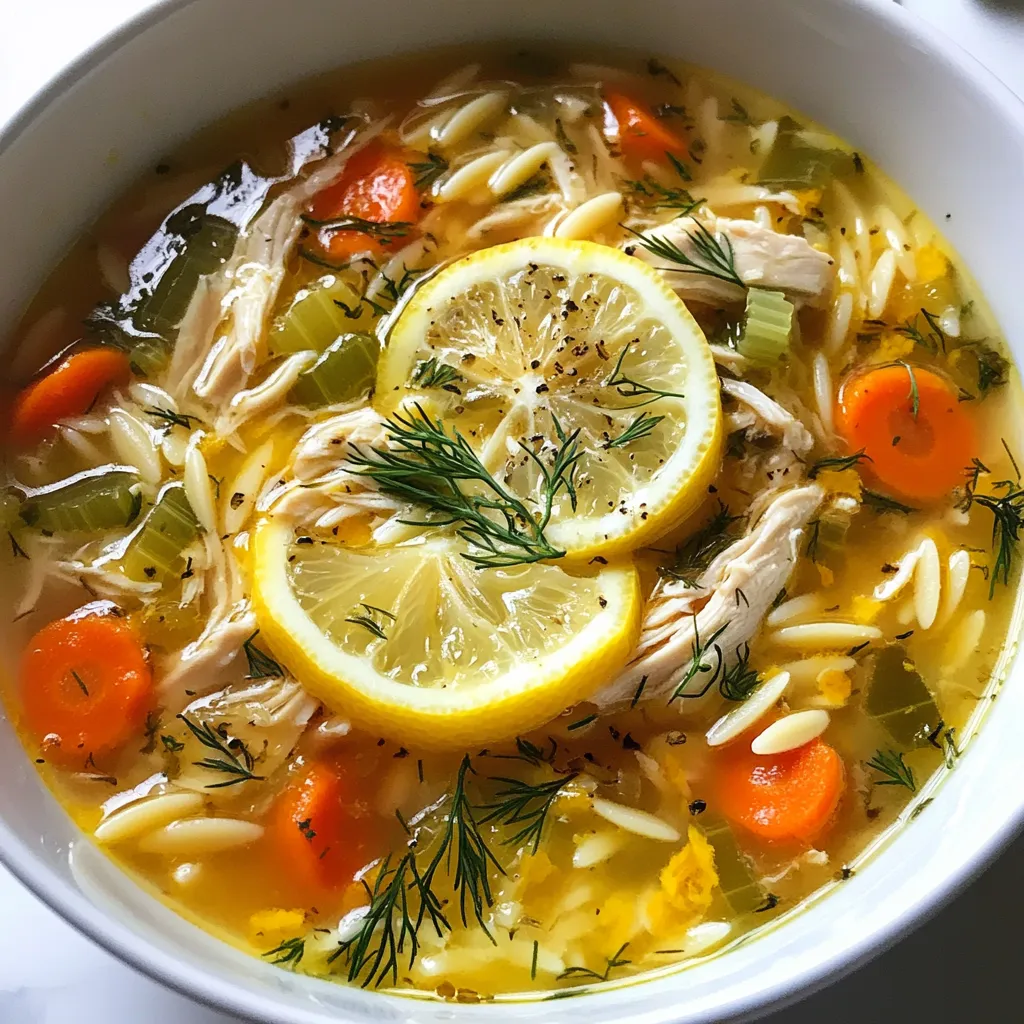 - 1 lb boneless, skinless chicken breasts - 6 cups chicken broth - 1 medium onion, finely chopped - 2 cloves garlic, minced - 2 large carrots, diced - 2 celery stalks, diced - 1 cup uncooked orzo pasta - 3 large eggs - 1/4 cup fresh lemon juice (about 2 lemons) - 1 tablespoon olive oil - Salt and pepper to taste - 1/4 cup fresh dill, chopped (or 1 tablespoon dried dill) To make Greek lemon chicken soup, you need fresh, simple ingredients. The chicken gives the soup its heartiness. The broth adds depth of flavor. Onions, garlic, carrots, and celery give it a fresh taste. Orzo pasta makes it filling. Eggs and lemon juice create a creamy, tangy base. Dill finishes the dish with a burst of freshness. - Lemon slices for garnish - Additional spices like paprika or thyme Garnishes like lemon slices add a bright pop. You can also use spices to enhance the flavor. A sprinkle of paprika or thyme can make the soup more complex. - Large pot - Whisk - Cutting board You will need a large pot to cook the soup. A whisk helps mix the egg and lemon juice smoothly. A cutting board is great for chopping your veggies. These tools make the cooking process easy and fun! {{ingredient_image_1}} First, grab a large pot and pour in one tablespoon of olive oil. Heat it on medium. Once hot, add the finely chopped onion. Sauté the onion until it turns soft and clear, about 4 to 5 minutes. Next, stir in the minced garlic, diced carrots, and diced celery. Cook these veggies for another 3 to 4 minutes. They should start to soften and smell fantastic. Now, it's time to add the chicken. Place one pound of boneless, skinless chicken breasts into the pot. Pour in six cups of chicken broth. Bring everything to a gentle boil. After that, lower the heat and let it simmer for about 20 minutes. The chicken should be fully cooked and tender. Once done, remove the chicken and set it aside on a cutting board. Stir in one cup of uncooked orzo pasta into the soup. Let it simmer for another 10 minutes. The orzo will cook and become al dente. While the pasta cooks, shred the cooked chicken into small pieces. This makes it easy to mix back into the soup. Next, in a separate bowl, whisk together three large eggs and 1/4 cup of fresh lemon juice. Mix them well. This egg mixture will add creaminess to the soup. Once the orzo is cooked, it's time to temper the egg mixture. Slowly ladle about two cups of the hot soup into the bowl with the eggs. Stir continuously while you pour. This step is key because it stops the eggs from curdling. Finally, pour the tempered egg mixture back into the pot. Stir constantly to keep it smooth. Add the shredded chicken back into the soup. Now, season with salt, pepper, and 1/4 cup of fresh dill. Heat everything through, but avoid boiling it. Enjoy the bright flavors of this Greek lemon chicken soup! Using homemade broth gives your soup a fresh taste. If you’re short on time, store-bought broth works too. Just choose a low-sodium option for better control over salt. You can adjust the lemon juice and dill to suit your taste. If you love lemon, add more juice. For a milder flavor, use less. Shredding chicken can be quick and easy. After cooking, let the chicken cool slightly. Use two forks to pull the chicken apart into bite-sized pieces. This method ensures even shredding. To prevent eggs from curdling, whisk them with lemon juice. Slowly add hot soup to the egg mix. This step warms the eggs without cooking them too fast. Serve the soup in deep bowls for a cozy feel. Garnish with lemon slices to brighten the dish. A sprinkle of fresh dill adds color and flavor. Pair the soup with crusty bread for a complete meal. Consider adding a side salad for extra freshness. Pro Tips Use Fresh Ingredients: Always opt for fresh herbs and vegetables to elevate the flavors of your soup. Fresh dill and vibrant carrots make a significant difference in taste. Tempering the Eggs: To prevent curdling, always temper the egg mixture with hot soup slowly. This step ensures a creamy, smooth texture in the final dish. Cook Orzo Al Dente: Make sure to cook the orzo just until it's al dente. It will continue to cook slightly after being added to the soup, which helps it maintain a pleasant texture. Garnish Generously: Garnishing with lemon slices and extra dill not only enhances the presentation but also adds a fresh burst of flavor to every bowl. {{image_2}} You can switch the chicken for turkey or tofu. Turkey gives a nice flavor. It works well in this soup. Tofu is a great choice for a veggie option. Use firm tofu and cut it into cubes. Add it to the pot at the same time you add the broth. This way, it absorbs all the tasty flavors. If you need gluten-free soup, swap the orzo for rice or quinoa. Both options are easy to cook. Rice will take longer than orzo, so add it earlier. Quinoa cooks fast, so add it about five minutes before the soup is done. This keeps everything nice and tender. Feel free to add spinach or other greens. Spinach is a great choice. Toss it in at the end to wilt it in the hot soup. You can also try kale or Swiss chard. These greens add nutrition and color. Mix and match to find what you love! To store leftovers, let the soup cool first. Then, pour it into airtight containers. Make sure to leave some space at the top. This helps it expand when frozen. Seal the containers tightly. You can keep it in the fridge for up to three days. Freezing Greek lemon chicken soup is easy. First, cool the soup completely. Then, pour it into freezer-safe bags. Remove as much air as you can before sealing. You can also use airtight containers. To reheat, thaw the soup in the fridge overnight. Heat it gently on the stove. Stir often to avoid hot spots. In the fridge, this soup lasts about three days. If you freeze it, the soup will stay good for about three months. Always check for any signs of spoilage before use. If it smells off or looks strange, it's best to toss it. Greek Lemon Chicken Soup, or Avgolemono, is a warm, bright dish. It features tender chicken, fresh veggies, and a zesty lemon flavor. The soup uses orzo, a small pasta, that adds texture. The egg and lemon mix makes it creamy without cream. This soup is comforting and perfect for any day. Yes, you can make this soup ahead of time. To prep, cook the soup as usual. Let it cool down before storing. Place it in an airtight container in the fridge. It will last for three to four days. If you want to freeze it, leave out the orzo and egg mix. You can add them when you reheat the soup. This keeps the pasta from getting mushy. You can add more ingredients to make the soup heartier. Here are a few ideas: - Add more veggies like spinach or peas for extra nutrients. - Toss in some chickpeas for protein and fiber. - Use quinoa instead of orzo for a different grain. - Add diced potatoes for a thicker texture and more substance. These options make the soup more filling and delicious! In this post, we covered how to make Greek Lemon Chicken Soup. You learned about key ingredients like chicken, vegetables, and spices. I explained the tools you need and shared step-by-step instructions. We discussed tips to enhance the flavor and ways to present your soup. You also discovered variations for different diets and storage tips for leftovers. Remember, this soup is not just a meal; it’s a warm hug in a bowl. Making adjustments lets you craft your perfect version. Enjoy the process and savor each bite!