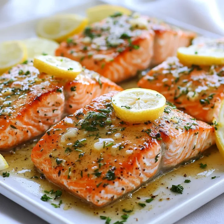 For this garlic butter herb salmon, you need a few fresh ingredients. They work together to create a tasty dish. Here’s what you will need: - 4 salmon fillets (about 6 oz each) - 4 tablespoons unsalted butter - 4 cloves garlic, minced - 2 tablespoons fresh parsley, chopped - 1 tablespoon fresh dill, chopped - 1 tablespoon fresh chives, chopped - Juice of 1 lemon - Salt and pepper, to taste - Lemon slices, for garnish Each ingredient plays an important role. The salmon provides a rich, buttery flavor. The garlic gives a strong, savory kick. Fresh herbs add brightness and aroma, making the dish feel fresh. Lemon juice adds a zesty touch that cuts through the richness of the butter. Using unsalted butter lets you control the saltiness. Fresh herbs like parsley, dill, and chives bring different flavors. You can also adjust the seasoning to your taste. This easy recipe is simple yet packed with flavor. It makes cooking salmon feel special and fun. {{ingredient_image_1}} - Preheating the Oven Start by setting your oven to 375°F (190°C). This heat will cook the salmon just right. - Preparing the Garlic Herb Butter In a small pan, melt 4 tablespoons of unsalted butter over medium heat. Once it’s melted, add 4 minced garlic cloves. Stir this for 1-2 minutes. You want the garlic to smell good, so watch it closely. It should not turn brown. Next, add 2 tablespoons of chopped parsley, 1 tablespoon of chopped dill, and 1 tablespoon of chopped chives. Mix well and take it off the heat. - Seasoning the Salmon Fillets Take 4 salmon fillets, each about 6 oz. Place them in a baking dish. Sprinkle salt and pepper generously on both sides. This step adds flavor to the fish. - Coating with Garlic Herb Butter Pour the garlic herb butter over your salmon fillets. Make sure each piece is covered well. Squeeze the juice from 1 lemon over the top. This will brighten the taste and add a fresh flavor. - Baking Instructions Put the dish in your preheated oven. Bake for 12-15 minutes. The salmon is done when it flakes easily with a fork. - Resting Time Once cooked, take the salmon out of the oven. Let it rest for a few minutes. This helps keep the fish moist. - Garnishing the Dish For a nice touch, garnish your salmon with lemon slices and extra herbs if you like. This makes the dish look pretty and adds more flavor. To check for doneness, use a fork. Gently poke the salmon. If it flakes easily, it's ready. The inside should be light pink, not raw. For cooking times, aim for 12-15 minutes. This works well for 6 oz fillets. If your fillets are thicker, add a few more minutes. Add more herbs or spices to the garlic butter. Try thyme, basil, or even a pinch of cayenne. These add depth to the dish. You can also use different citrus. Lime or orange juice gives a unique twist. This brightens up the flavors. For a great plate presentation, serve the salmon atop steamed asparagus. Colorful roasted veggies also work well. Drizzle leftover garlic herb butter over the salmon. This adds extra flavor. Pair with side dishes like rice or a fresh salad for a full meal. Pro Tips Fresh Herbs Matter: Whenever possible, use fresh herbs instead of dried for a brighter, more vibrant flavor in your garlic butter mixture. Don’t Overcook: Keep an eye on your salmon while it bakes; overcooking can lead to dry fish. It should flake easily but still look moist. Customize Your Flavors: Feel free to experiment with other herbs like thyme or basil, or add a pinch of red pepper flakes for a kick! Serve with Style: Pair your salmon with a light salad or grain like quinoa for a well-rounded meal that looks as good as it tastes. {{image_2}} You can switch up the types of fish in this recipe. For instance, try trout or cod. Both have great flavors that pair well with garlic and herbs. The cooking time may vary slightly, so check for doneness. Herbs can make a big difference too. Add thyme or basil for a fresh twist. Thyme gives an earthy taste, while basil adds a sweet note. Feel free to mix and match based on your taste. You can grill or bake your salmon. Grilling gives a smoky flavor and nice char marks. Just be sure to keep an eye on it to avoid overcooking. Baking is simple and keeps the salmon moist. It’s a great option if you want a hands-off approach. Pan-searing is another method I love. You get a crispy skin and tender inside. Heat some butter in a pan, add your salmon, and cook it for about 4-6 minutes on each side. Pour the garlic butter over it while it cooks for extra flavor. If you need gluten-free options, this recipe works perfectly. All the ingredients are naturally gluten-free, so you can enjoy it worry-free. For low-calorie modifications, use less butter or substitute with olive oil. You can also serve the salmon with a salad instead of rice or bread to cut calories. This keeps the dish light and healthy without losing flavor. To keep leftover salmon fresh, follow these steps: - Refrigeration: Place the salmon in an airtight container. It will stay fresh in the fridge for up to 3 days. Make sure to cool it to room temperature first. - Freezer: For longer storage, wrap the salmon tightly in plastic wrap, then place it in a freezer bag. It can last up to 3 months in the freezer. To enjoy your leftovers, reheating is key. Here are my tips: - Methods for Best Results: The oven is best. Preheat it to 275°F (135°C). Place the salmon on a baking sheet, cover it with foil, and heat for about 15-20 minutes. This keeps it moist. - Avoiding Overcooking: Check the salmon often. It should feel warm but not dry. You can also use the microwave, but be careful. Heat in short bursts to avoid drying it out. Use a low power setting. It takes about 12 to 15 minutes to cook garlic butter herb salmon. The oven should be set to 375°F (190°C). You want the salmon to flake easily with a fork. This timing works for salmon fillets that are about 6 ounces each. Yes, you can use frozen salmon fillets. Just remember to thaw them first. You can put them in the fridge overnight or run them under cold water. Cooking times may be a bit longer. Check the salmon for doneness as you cook. Garlic butter herb salmon pairs well with many side dishes. Here are some options: - Steamed asparagus - Roasted vegetables - Garlic mashed potatoes - Quinoa salad - Rice pilaf For wine, consider these suggestions: - A crisp Chardonnay - A light Sauvignon Blanc - A refreshing Pinot Grigio These sides and wines will enhance your meal and balance the rich flavors of the salmon. In this post, we explored how to make garlic butter herb salmon. We covered ingredients, step-by-step instructions, tips, variations, and storage info. Cooking salmon can be simple and fun if you follow these steps. You can tweak flavors and use different methods to suit your taste. This dish makes a great meal for family or friends. Enjoy the process and the delicious result!