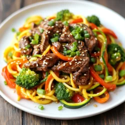 - 1 pound beef sirloin, thinly sliced - 4 medium zucchini, spiralized into noodles (zoodles) - 1 red bell pepper, thinly sliced - 1 cup broccoli florets - 2 carrots, julienned - 3 cloves garlic, minced - 1-inch piece ginger, grated - 1/4 cup low-sodium soy sauce - 2 tablespoons honey - 1 tablespoon sesame oil - 1 tablespoon cornstarch mixed with 2 tablespoons water (slurry for thickening) - Salt and pepper to taste In this dish, I focus on fresh, vibrant ingredients. The beef sirloin gives a robust flavor. I slice it thin for quick cooking. The zucchini zoodles serve as a fun, low-carb base. I spiralize them myself for best results. The red bell pepper, broccoli, and carrots add color and crunch. They provide great texture in each bite. The homemade teriyaki sauce uses simple components. Low-sodium soy sauce keeps it tasty yet light. Honey adds sweetness and balances the salt. Sesame oil gives a nutty depth. Garlic and ginger bring warmth and spice. This sauce coats the beef and veggies perfectly. - 2 green onions, chopped (for garnish) - Sesame seeds (for garnish) Garnishes make the dish pop. I love using green onions for a fresh bite. They add a nice crunch. Sesame seeds give a lovely touch and a bit of crunch too. These garnishes enhance both flavor and look. They make the dish more inviting to eat. {{ingredient_image_1}} - Spiralizing Zucchini: Start with clean zucchini. Cut off both ends. Use a spiralizer to make long noodles. If you don’t have a spiralizer, a vegetable peeler can work. Just make sure the strips are thin. Set the zoodles aside for later. - Slicing and Cutting Vegetables: Thinly slice the beef sirloin against the grain. This helps it stay tender. Next, slice the red bell pepper into thin strips. Julienne the carrots into matchstick shapes. Finally, break the broccoli into small florets. Mince the garlic and grate the ginger. Keep everything organized for cooking. - Making Teriyaki Sauce: In a small bowl, mix 1/4 cup soy sauce, 2 tablespoons honey, and 1 tablespoon sesame oil. Add the minced garlic and grated ginger. Stir well and set aside. This sauce brings all the flavors together. - Cooking Beef: Heat a large skillet or wok over medium-high heat. Add a drizzle of sesame oil. Put the sliced beef in the pan. Season it with salt and pepper. Cook for about 3-4 minutes until it turns brown. Remove the beef from the skillet and keep it warm. - Sautéing Vegetables: In the same skillet, add the red bell pepper, broccoli, and carrots. Stir-fry them for about 4-5 minutes. You want them to soften but stay crisp. This step adds texture to your dish. - Combining Ingredients: Add the spiralized zucchini to the skillet with the veggies. Pour the teriyaki sauce over everything. Stir gently to combine. Cook for another 2 minutes until the zoodles are warm. This makes the dish colorful and tasty. - Thickening the Sauce: To thicken the sauce, stir in the cornstarch mixed with 2 tablespoons water. Mix it well with the other ingredients. Cook for an additional minute. The sauce should now be glossy and coat the vegetables well. - Serving Suggestions: Return the cooked beef to the skillet. Mix everything together until it is fully coated with the sauce. Cook for 1 more minute to heat through. When ready to serve, top with chopped green onions and sesame seeds. This adds a burst of flavor and looks great on the plate. - Alternative Proteins You can swap the beef with chicken, shrimp, or tofu. Each option brings its own flavor. Chicken is leaner, while shrimp cooks faster. Tofu is great for a plant-based choice. - Low-Carb Options For a low-carb dish, use shirataki noodles instead of zoodles. They have fewer carbs and still provide a nice texture. You can also add more low-carb veggies like bell peppers or mushrooms for extra bulk. - Ensuring Tender Beef To keep the beef tender, slice it against the grain. This helps break down the muscle fibers. Also, don’t overcrowd the pan when cooking. Cook in batches if needed. - Avoiding Overcooked Zoodles Zoodles cook quickly. Add them near the end of cooking. Stir-fry for just 2 minutes. This keeps them firm and not mushy. If you want crunch, you can also serve them raw. - Plating Ideas Serve the stir-fry in a large bowl for a family-style meal. For a fancy touch, plate individual servings. Use a fork to twirl the zoodles into nests. This adds height and makes the dish look appealing. - Enhancing Visual Appeal Sprinkle green onions and sesame seeds on top for color. You can also add a drizzle of extra teriyaki sauce around the plate. This not only looks great but adds flavor too. Pro Tips Use Fresh Ingredients: Fresh vegetables and high-quality beef will enhance the flavor and texture of your stir-fry. Don’t Overcook the Zoodles: Zucchini noodles cook quickly, so add them towards the end to keep them slightly crunchy. Customize Your Veggies: Feel free to swap in your favorite vegetables or whatever you have on hand for a personalized touch. Marinate for Extra Flavor: Marinating the beef in the teriyaki sauce for 15-30 minutes before cooking will deepen its flavor. {{image_2}} You can switch up the protein in your teriyaki beef zoodle stir-fry. Here are two great options: - Chicken Teriyaki Zoodle Stir-Fry: Use thinly sliced chicken breast instead of beef. Cook it the same way. The chicken will soak up the teriyaki flavors well. - Tofu Teriyaki Zoodle Stir-Fry: For a vegetarian option, use firm tofu. Press the tofu to remove excess water, then slice it. Cook it until golden brown for a nice texture. You can add more veggies to make the dish even better. Here are some tasty ideas: - Adding Snap Peas: Toss in some snap peas for a sweet crunch. They add color and a nice texture to your stir-fry. - Incorporating Mushrooms: Add sliced mushrooms for an earthy flavor. They pair well with the teriyaki sauce and beef. Experimenting with the sauce can change the whole dish. Here are two fun ideas: - Spicy Teriyaki Sauce: Mix in some sriracha or red pepper flakes to your sauce. This adds heat and a kick to your stir-fry. - Sweet and Sour Twist: Add a splash of rice vinegar or pineapple juice. This gives a fruity balance to the savory teriyaki sauce. To keep your Teriyaki Beef Zoodle Stir-Fry fresh, follow these best practices: - Refrigeration: Place leftovers in an airtight container. This keeps the flavors in and moisture out. Store in the fridge for up to 3 days. - Freezing Recommendations: If you want to save some for later, you can freeze it. Use a freezer-safe container. Store for up to 2 months. Just remember, zoodles can get mushy when thawed. Reheating stir-fry is easy. Here are the best methods: - Microwave: Place the stir-fry in a bowl. Cover it with a microwave-safe lid or wrap. Heat for 1-2 minutes. Stir halfway through to heat evenly. - Stovetop: Heat a skillet on medium heat. Add a splash of water or oil. Stir the leftovers until warmed through, about 3-5 minutes. This method keeps the flavors fresh and bright. To make zoodles, you need zucchini. Use a spiralizer to create noodle shapes. Here are some tips: - Choose medium-sized zucchini for best results. - Wash and dry the zucchini before spiralizing. - Cut off the ends of the zucchini first. - Spiralize slowly to get even noodles. - If you don’t have a spiralizer, use a peeler for thin strips. Yes, you can use other sauces. Here are some tasty options: - Soy sauce mixed with brown sugar for a quick fix. - Teriyaki sauce adds a nice sweet flavor. - Hoisin sauce gives a rich taste. - Peanut sauce brings a nutty twist. - Add chili sauce for some heat. Regular teriyaki sauce is not gluten-free, as it contains soy sauce. For gluten-free options: - Use gluten-free soy sauce or tamari. - Check labels for any hidden gluten. - You can also make a simple sauce with honey and rice vinegar. - Try coconut aminos as a soy sauce substitute. This blog post covered a delicious Teriyaki Beef Zoodle Stir-Fry. You learned about key ingredients like beef, veggies, and homemade teriyaki sauce. I shared step-by-step instructions, cooking tips, and creative variations. We also looked at how to store leftovers and answered common questions. In the end, this dish is quick and tasty. You can easily change ingredients to fit your taste. Enjoy making this healthy meal that impresses everyone!