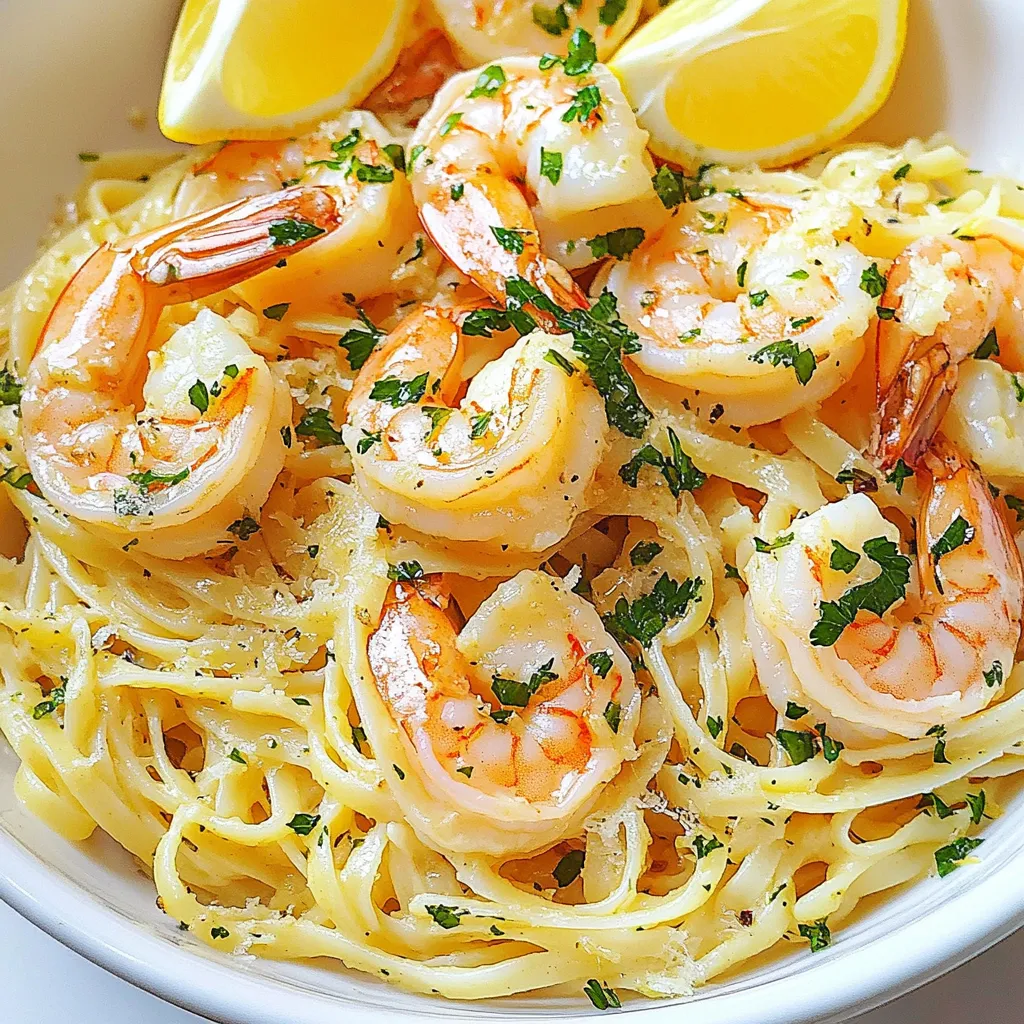 - 8 oz linguine pasta - 1 lb large shrimp, peeled and deveined - 4 cloves garlic, minced - 1/4 cup olive oil - 1/4 cup unsalted butter - 1/2 teaspoon red pepper flakes - 1/4 cup chicken broth - 2 tablespoons lemon juice - 1/4 cup fresh parsley, chopped - Salt and black pepper to taste - Lemon wedges Shrimp Scampi Linguine is a simple dish, but it packs a punch of flavor. The main ingredients start with linguine pasta, which gives a nice base. You want to use large shrimp, as they hold up well and taste great. I like to use fresh garlic because it brings a wonderful aroma. Olive oil and butter add richness, while red pepper flakes give it a little kick. For seasonings, chicken broth keeps the dish moist and adds depth. The lemon juice brightens the flavors. Fresh parsley adds color and freshness. Don’t forget to season with salt and black pepper to make it pop. Lemon wedges are a fun garnish. They add a zesty touch when you serve the dish. {{ingredient_image_1}} - Boiling the Water Start by filling a large pot with water. Add a good amount of salt. Bring the water to a rolling boil. This step adds flavor to the pasta. - Al Dente Cooking Tips Cook the linguine according to the package directions. Usually, it takes about 8 to 10 minutes. You want it al dente, which means firm to the bite. When done, reserve 1/2 cup of pasta water. Drain the rest and set the linguine aside. - Sautéing Garlic and Red Pepper Flakes In a large skillet, heat olive oil and butter over medium heat. Once melted, add minced garlic and red pepper flakes. Sauté for about 1 minute until fragrant. This step builds the base of your sauce. - Cooking Shrimp to Perfection Add the shrimp in a single layer. Cook for 2 to 3 minutes on one side until they turn pink. Flip them over and cook for another 2 to 3 minutes. Season with salt and black pepper as they cook. - Combining Ingredients Pour in chicken broth and lemon juice into the skillet. Stir well to mix. Let it simmer for about 2 minutes. This allows the flavors to blend together. - Adjusting Flavor Profile Taste the sauce and adjust the seasoning. You can add more salt, black pepper, or lemon juice as needed. Make it your own! - Tossing Techniques Add the cooked linguine to the skillet with shrimp. Toss gently to coat the pasta in the sauce. - Achieving Desired Saucy Consistency If the dish seems dry, add reserved pasta water a little at a time. This helps achieve the perfect saucy consistency. - Garnishing Tips Remove the skillet from heat. Stir in fresh parsley for color and taste. Serve the dish with lemon wedges on the side for a fresh kick. - Ideal Serving Temperature Enjoy this dish right away while hot. The flavors are at their best when served warm. - Avoiding Overcooking Cooking shrimp just right is key. Shrimp cook fast. If you overcook them, they become tough. Look for a pink color and a C-shape. That means they are done. - Sizing and Freshness Considerations Use large shrimp for this dish. They hold up well and taste great. Fresh shrimp is best, but frozen works too. Just thaw them in the fridge before cooking. - Alternative Ingredients for Extra Flavor Want to mix things up? Try adding capers or sun-dried tomatoes. They give the dish a nice twist. Fresh basil can also add a lovely taste. - Wine Pairing Suggestions Pair your dish with a crisp white wine. Sauvignon Blanc or Pinot Grigio work well. They bring out the shrimp's flavors and balance the richness. - Best Skillets for Searing A heavy skillet is best for searing shrimp. Look for a non-stick or cast iron pan. These retain heat and help cook shrimp evenly. - Recommended Pots for Cooking Pasta Use a large pot with plenty of water. This keeps the pasta from sticking. A pasta pot with a strainer makes draining easy too. Pro Tips Perfectly Cooked Shrimp: Avoid overcooking the shrimp. They cook quickly and are done when they turn pink and opaque. Remove them from the heat as soon as they are cooked to maintain their tenderness. Flavor Boost: For an extra layer of flavor, consider adding a splash of white wine to the skillet after sautéing the garlic and before adding the shrimp. It will enhance the sauce beautifully. Reserve Pasta Water: Always reserve some pasta water before draining. It is starchy and helps to bind the sauce to the pasta, creating a silky texture. Fresh Herbs: While parsley is traditional, feel free to experiment with fresh basil or dill for a unique twist. Adding herbs just before serving preserves their flavor and aroma. {{image_2}} You can make Shrimp Scampi Linguine even better by adding vegetables. They add color and nutrients. - Spinach or Kale: These leafy greens cook fast. Just toss them in when you add the shrimp. They will wilt perfectly in the hot skillet. Spinach is mild, while kale brings a bit of bite. Both are tasty and healthy options. - Sun-Dried Tomatoes: These tomatoes give a sweet and tangy flavor. Chop them and add them in when you mix the shrimp with the sauce. They add a nice chew and a burst of flavor. If you're not in the mood for shrimp, try these other proteins. They can change the dish while keeping it tasty. - Substituting with Chicken: Chicken works well in this dish. Use bite-sized pieces. Cook them until they are golden brown and juicy. Then follow the same steps as for shrimp. You'll have a rich and filling meal. - Using Scallops or Crab: Scallops are sweet and tender. You can sear them just like shrimp. Crab meat brings a nice, delicate flavor. Gently fold it in at the end to keep it soft. Need a gluten-free option? It’s easy to swap ingredients. - Gluten-Free Pasta Options: Many brands make gluten-free linguine. Look for options made from rice or chickpeas. They cook similarly, so follow the package instructions closely. - Adjusting Cooking Times: Gluten-free pasta may cook faster or slower than regular pasta. Keep a close eye and taste it often. You want it to be al dente, just like regular pasta. - Store leftovers in an airtight container. - Cool the dish to room temperature before sealing. - Keep in the fridge for up to 3 days. - To freeze, use a freezer-safe container. - Leave some space for expansion. - Shrimp Scampi Linguine can last for up to 2 months in the freezer. - For reheating, you can use either a microwave or stove. - Microwave in short bursts, stirring between each. - On the stove, warm gently over low heat. - Add a splash of broth or water to keep it moist. - This helps maintain freshness and texture. For this dish, use large shrimp. They hold up well in the sauce. Look for shrimp that are fresh or frozen. If frozen, thaw them in cold water. Peeled and deveined shrimp save you time in the kitchen. Yes, you can prep some parts ahead. Cook the linguine and shrimp, then store them separately. When ready to serve, quickly heat the shrimp and pasta. Toss them with the sauce for a fresh taste. Shrimp cook quickly. They change from gray to pink when done. Cook them for 2-3 minutes on each side. They should be firm but not rubbery. If in doubt, cut one open; it should be opaque inside. If you need a substitute, use vegetable broth or seafood stock. These will keep the flavor balanced. You can also use water, but add more seasonings. This will help boost the taste of your dish. Absolutely! While linguine is great, you can use spaghetti or fettuccine. Just make sure to cook it al dente. You can even try gluten-free pasta for a lighter option. The key is to toss it with the sauce well. In this post, I covered how to make Shrimp Scampi Linguine. You learned about the main ingredients, cooking steps, and tips for perfecting your dish. I shared ways to add flavor, make variations, and properly store your leftovers. Remember, cooking is fun and should suit your taste. Try mixing in vegetables or different proteins. Enjoy your meal and share it with loved ones. With these simple steps, you can impress anyone at your table. Happy cooking!