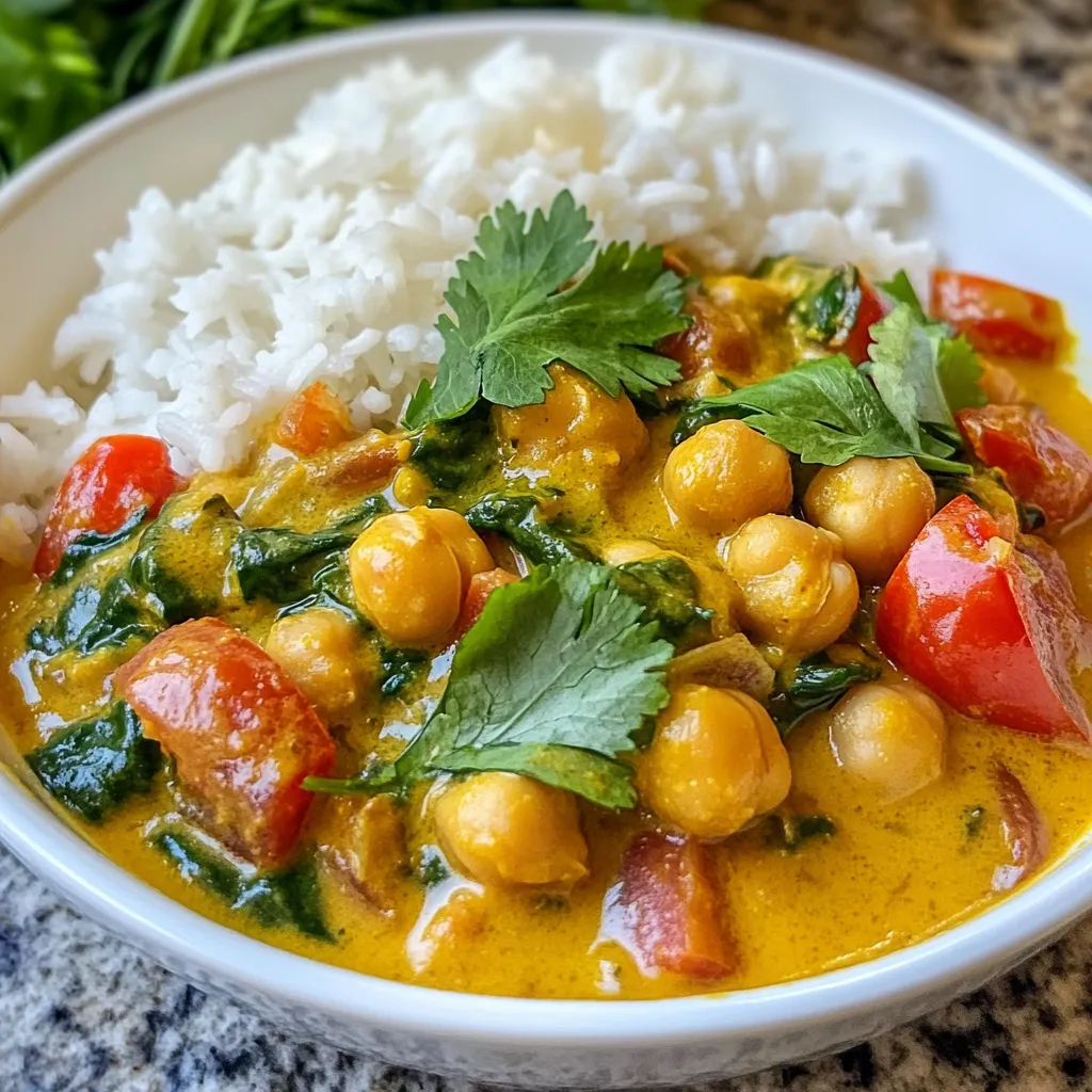 - 1 can (15 oz) chickpeas, drained and rinsed - 1 can (13.5 oz) coconut milk - 1 medium onion, finely chopped - 2 cloves garlic, minced - Fresh ginger, grated - 2 tablespoons curry powder - 1 teaspoon ground cumin - Salt to taste - 1 medium tomato, diced - 1 cup spinach leaves, fresh or frozen - Fresh cilantro for garnish - Cooked rice or naan for serving The main ingredients are simple yet powerful. Chickpeas provide protein and fiber. Coconut milk gives a rich, creamy texture. Onions, garlic, and ginger add depth and warmth. The spices transform the dish. Curry powder brings a warm, complex taste. Ground cumin adds an earthy note. Salt enhances all these flavors, making them shine. Optional ingredients can elevate your curry. Diced tomatoes add freshness and acidity. Spinach leaves introduce vibrant color and nutrients. Fresh cilantro on top adds a pop of flavor. Serve it with rice or naan for a complete meal. This dish is easy to adapt. Each ingredient plays a role in taste and texture. You can choose to skip any optional items based on what you have. Enjoy making this comforting, flavorful meal! {{ingredient_image_1}} - Heat the vegetable oil in a large skillet over medium heat. - Add the finely chopped onion and sauté it for about 5 minutes. The onion should turn soft and clear. - Next, add the minced garlic and grated ginger. Cook these for another minute. This step fills your kitchen with a lovely smell. - Now, it’s time for the spices. Add 2 tablespoons of curry powder and 1 teaspoon of ground cumin to the onion mixture. Stir well to coat everything. - Cook this mixture for about one minute. This helps the spices release their full aroma. - Add the diced tomato to the pan. Let it cook for 3 to 4 minutes until it softens. The tomato adds a nice freshness to the dish. - Stir in the drained chickpeas and the can of coconut milk. Mix well to combine all the ingredients. Bring this mixture to a gentle simmer. - Once the curry is simmering, reduce the heat. Let it cook for 10 to 15 minutes. This allows the flavors to blend together and the curry to thicken nicely. - If you use fresh spinach, stir it in just a couple of minutes before serving. Let it wilt down. If you have frozen spinach, add it a few minutes earlier to warm through. - Finally, season with salt to taste. Remove the pan from heat and your curry is ready to serve. To get the perfect consistency in your creamy coconut chickpea curry, follow these steps: - Start by sautéing the onion until it is soft. This helps build a good base. - Add the garlic and ginger after the onion. This will boost the aroma. - Use full-fat coconut milk for creaminess. It adds a rich texture. - Let the curry simmer for 10-15 minutes. This helps thicken it and blend flavors. For flavor enhancement: - Use fresh spices for the best taste. Ground spices lose flavor over time. - Stir in fresh spinach just before serving. It keeps the color bright. - Taste as you cook. Adjust salt and spices to your liking. If you want alternatives for chickpeas, try using lentils or white beans. They work well and still taste great. For coconut milk, you can use almond or oat milk. Just remember, these options may change the flavor a bit. If you need low-sodium options, look for low-sodium chickpeas or cook dried ones. Rinsing canned beans can also help reduce sodium. Pair your curry with these delicious side dishes: - Cooked rice absorbs the curry well. - Naan bread is great for scooping up the curry. For garnishing ideas: - Fresh cilantro adds a nice touch. Sprinkle it on top before serving. - A squeeze of lime gives it a bright flavor. - Add some red pepper flakes for a bit of heat. These tips can help you make a tasty and pretty meal that everyone will love! Pro Tips Enhance the Flavor: Consider adding a splash of lime juice before serving for a bright, zesty finish that complements the curry. Substitute Ingredients: You can swap chickpeas for lentils or tofu for a different texture and flavor profile while keeping the dish plant-based. Spice Level Adjustment: If you prefer a spicier curry, add a diced green chili or a pinch of cayenne pepper to the onion mixture. Storage Tips: This curry keeps well in the fridge for up to 3 days and can be frozen for up to a month. Reheat gently on the stove. {{image_2}} You can add tofu for more protein. Firm tofu works best. Just cut it into cubes and sauté it until golden. If you prefer chicken, use boneless, skinless thighs. Cook them in the pan before adding onions. For seafood lovers, shrimp is a great choice. Add shrimp in the last few minutes of cooking. They cook quickly and soak up the curry's flavor. Want more heat? Add chili powder or fresh chilies while cooking. This gives your curry a nice kick. If you like sweetness, try adding pineapple. Diced fresh pineapple or canned works well. This twist adds a tropical flavor to your dish that brightens it up. This recipe is vegan and gluten-free, making it suitable for many diets. Use gluten-free naan or rice as a side. If you're on a low-carb diet, serve the curry with cauliflower rice instead of grain. It keeps the meal light but still very tasty. Adjust the portions to fit your dietary needs and enjoy! To keep your creamy coconut chickpea curry fresh, store it in an airtight container. This helps lock in moisture and flavor. Make sure it cools down first. You can keep it in the fridge for up to four days. For best results, use glass or BPA-free plastic containers. When reheating, use a skillet or microwave. If using a skillet, heat on low-medium heat. Stir often to avoid burning. This should take about 5 to 10 minutes. If using a microwave, heat in short bursts of 1 to 2 minutes. Stop and stir in between to ensure even heating. To freeze, let the curry cool completely. Transfer it to a freezer-safe container. Leave some space at the top, as it may expand. You can freeze it for up to three months. To thaw, put it in the fridge overnight. Reheat gently on the stove or in the microwave to maintain flavor. Creamy coconut chickpea curry lasts about 3 to 4 days in the fridge. To keep it fresh, store it in an airtight container. If you notice any off smells or changes in color, it’s best to throw it out. Reheating it gently on the stove helps keep its taste and texture. Yes, you can make creamy coconut chickpea curry ahead of time. I suggest cooking it and letting it cool before storing it in the fridge. You can prepare it up to 2 days in advance. This curry often tastes better after the flavors meld for a day. Just reheat it on the stove or in the microwave before serving. Coconut milk is a good source of healthy fats. It contains medium-chain triglycerides, which may boost energy. Coconut milk also has vitamins like C and E, which are good for your skin. While it is high in calories, using it in moderation can fit well in a balanced diet. It adds creaminess and a unique flavor to dishes like this curry. This blog post covered how to make creamy coconut chickpea curry, starting with the key ingredients like chickpeas, coconut milk, and spices. I shared easy steps for preparation, cooking, and serving. You also learned tips for perfect texture, ingredient swaps, and fun variations to enhance flavors. Finally, I explained how to store, reheat, and freeze your curry. Remember, cooking is about creativity. Adjust the recipe as you like and enjoy your culinary journey!