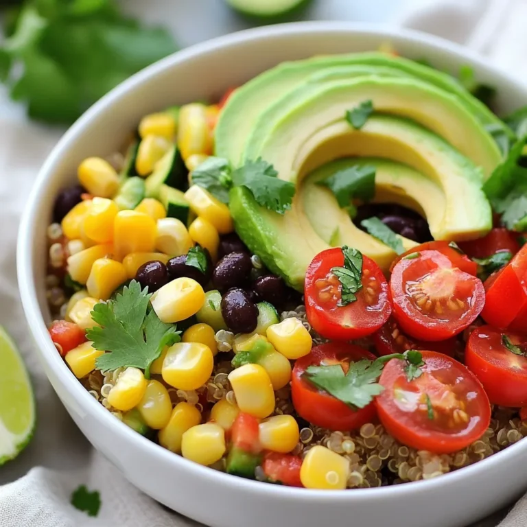 - 1 cup quinoa, rinsed - 2 cups vegetable broth - 1 red bell pepper, diced - 1 cup cherry tomatoes, halved - 1 cup corn kernels (fresh or frozen) - 1 medium zucchini, diced - 1 avocado, sliced - 1 can black beans, rinsed and drained - 1 teaspoon cumin - 1 teaspoon smoked paprika - Salt and pepper to taste - 1 tablespoon olive oil - Fresh cilantro, for garnish - Lime wedges, for serving Quinoa is high in protein and fiber. It gives you energy and keeps you full. Vegetable broth adds flavor without many calories. Red bell pepper is rich in vitamin C, boosting your immune system. Cherry tomatoes are full of antioxidants, great for your skin. Corn adds sweetness and fiber, helping digestion. Zucchini is low in calories but high in vitamins. Avocado provides healthy fats, good for your heart. Black beans add protein and iron, perfect for muscle health. Cumin and smoked paprika give your bowl a warm, smoky taste. Olive oil is a good fat choice, helping with nutrient absorption. Fresh cilantro adds a burst of flavor and may help with digestion. Lime juice brightens your dish and adds vitamin C. You can customize your quinoa bowl easily. Try adding a sprinkle of feta cheese for a salty kick. A few diced jalapeños can bring heat if you love spice. Chopped nuts like almonds or walnuts add crunch and healthy fats. For a fresh taste, toss in some arugula or spinach. If you want to add more protein, consider grilled chicken or shrimp. A dollop of Greek yogurt can add creaminess and tang. Each add-in brings a new twist to your bowl, making it unique! {{ingredient_image_1}} First, grab a medium saucepan. Pour in 2 cups of vegetable broth. Bring it to a boil. Once it bubbles, add 1 cup of rinsed quinoa. Cover the pot, and lower the heat. Let it simmer for about 15 minutes. The quinoa will absorb the broth and fluff up. Use a fork to fluff it when done. Set it aside for later. Now, take a large skillet and heat 1 tablespoon of olive oil over medium heat. Add the diced red bell pepper, zucchini, and corn. Sauté these for about 5-7 minutes. You want them tender but still bright. Next, stir in the halved cherry tomatoes and black beans. Add 1 teaspoon of cumin, 1 teaspoon of smoked paprika, salt, and pepper. Cook for another 3-4 minutes. This warms everything through and mixes the flavors well. It's time to build your bowls! Start with a generous scoop of quinoa in each bowl. Top it with the sautéed veggie mix. Add sliced avocado on top for creaminess. Finish with fresh cilantro for a pop of color and flavor. Don’t forget to serve lime wedges on the side for a zesty kick! Enjoy your healthy, loaded veggie quinoa bowls! To get fluffy quinoa, start with rinsing it well. Rinsing removes bitter saponins. Use two parts liquid to one part quinoa. I prefer vegetable broth for flavor. Bring the broth to a boil before adding quinoa. Reduce the heat to low, cover, and simmer for 15 minutes. Once done, fluff it with a fork. Let it rest for a few minutes before serving. This method yields light and fluffy grains every time. When cooking veggies, I love to sauté them. This method keeps their bright colors and crunch. Heat olive oil in a skillet over medium heat. Add your diced red bell pepper, zucchini, and corn. Sauté for 5 to 7 minutes. Stir often to avoid burning. Once tender, add halved cherry tomatoes and black beans. Cook for a few more minutes to heat everything through. This method brings out the best flavors in your vegetables. To boost flavor, I use cumin and smoked paprika in my veggie mix. These spices give the dish a warm, smoky taste. Don’t forget to season with salt and pepper to taste. Fresh cilantro adds a bright touch. Adding lime juice right before serving gives a fresh zing. You can also try adding garlic or onion for more depth. Experiment with spices to find what you love! Pro Tips Rinse Your Quinoa: Rinse the quinoa under cold water before cooking to remove its natural coating, called saponin, which can make it taste bitter. Customize Your Veggies: Feel free to swap in your favorite vegetables based on what's in season or what you have on hand—broccoli, carrots, or spinach all work great! Perfectly Cooked Quinoa: For added flavor, consider cooking the quinoa in vegetable broth instead of water to enhance its taste. Avocado Storage: To keep your leftover avocado fresh, sprinkle it with lime juice and store it in an airtight container to prevent browning. {{image_2}} You can make your loaded veggie quinoa bowls even better by adding protein. Here are some great choices: - Grilled chicken: Cut it into strips for easy mixing. - Shrimp: Sautéed shrimp adds a nice touch. - Tofu: Use firm tofu for a satisfying bite. - Chickpeas: These are tasty and full of fiber. - Eggs: Poached or fried eggs can bring richness. Each protein option brings its flavor and texture. Feel free to mix and match to find your favorite! Changing your veggies can keep your bowls fresh and fun. Here are some ideas based on the season: - Spring: Add asparagus and peas for a crisp taste. - Summer: Use fresh basil and cherry tomatoes for a bright flavor. - Fall: Try sweet potatoes and kale for warmth. - Winter: Use root veggies like carrots and parsnips for heartiness. These swaps not only change the taste but also add nutrition. Choose what’s fresh and local! You can easily make these bowls vegan and gluten-free. Here’s how: - Use quinoa as your base; it is gluten-free and full of protein. - Swap out any dairy for plant-based options. - Choose gluten-free sauces and dressings for added flavor. These changes help you enjoy your meal without worry. Everyone can savor these bowls, no matter their diet! To keep your loaded veggie quinoa bowls fresh, store them in an airtight container. Let the bowls cool first. Place them in the fridge. They last about 3 to 4 days. You can freeze the quinoa bowls if you have extra. Pack them tightly in freezer-safe containers. Use parchment paper to separate layers if needed. They keep well for up to 3 months. When you’re ready to eat, take the bowls out of the fridge or freezer. For fridge leftovers, heat in the microwave for about 1 to 2 minutes. If frozen, thaw overnight in the fridge first. Stir halfway through to ensure even heating. Enjoy your meal warm! You can create no-cook quinoa bowls by using cooked quinoa from the store. Look for pre-cooked quinoa packets. You can also use canned beans and fresh veggies. Just mix them together with your favorite dressing. This method saves time and still gives you a tasty meal. Yes, you can use other grains like brown rice, farro, or couscous. Each grain has its own taste and texture. Brown rice adds a nutty flavor, while farro gives a chewy bite. Couscous cooks quickly and works well in bowls. Just adjust cooking times based on the grain you choose. You can add many toppings to make your quinoa bowls special. Here are some ideas: - Crumbled feta or goat cheese - Sliced olives - Roasted chickpeas - Chopped nuts like almonds or walnuts - Fresh herbs like parsley or basil - A dollop of Greek yogurt or tzatziki - Hot sauce or sriracha for spice Feel free to mix and match to find your favorite combo! In this post, we explored how to make tasty and healthy quinoa bowls. We covered key ingredients and their nutritional benefits, plus extra add-ins for flavor. I shared step-by-step instructions on cooking and assembling your bowls. You learned tips for fluffy quinoa and flavor enhancements. We also discussed variations and storage tips. Quinoa bowls offer endless options for meals. Try different toppings for fun flavors and keep it healthy!