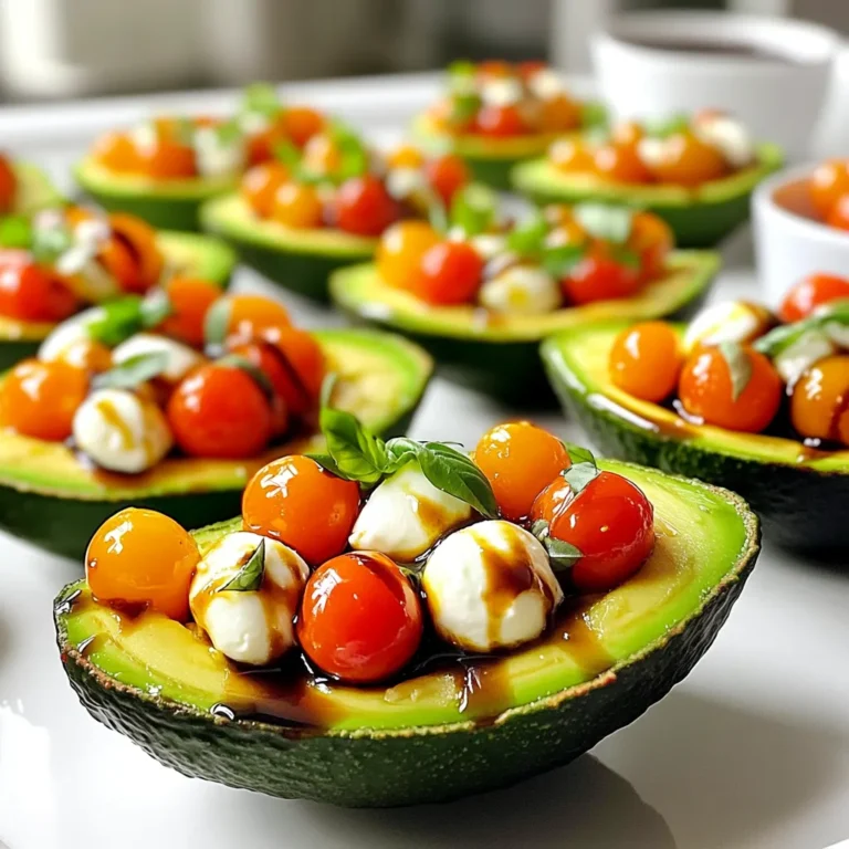 - 2 ripe avocados - 1 cup cherry tomatoes - 1 cup fresh mozzarella balls (bocconcini) - 1/4 cup fresh basil leaves For this dish, ripe avocados are key. They should feel slightly soft when you press them. Sweet cherry tomatoes add freshness and color. I love using fresh mozzarella balls for their creamy texture. Fresh basil leaves bring a bright flavor that ties everything together. - 2 tablespoons balsamic glaze - 1 tablespoon olive oil - Salt and pepper Balsamic glaze adds a sweet and tangy flavor. Olive oil helps to enhance the overall taste. Don’t forget to season with salt and pepper. This step makes a big difference in flavor. - Alternate mozzarella options: You can use regular mozzarella if you can’t find bocconcini. Even shredded mozzarella works. - Using different types of avocados: If you prefer, you can try using smaller avocados like Fuerte for a different taste. These substitutions keep the dish tasty and fun. Explore different options to find what you like best! 1. First, take your ripe avocados. Cut each one in half with a sharp knife. 2. Carefully remove the pit. You can do this by gently twisting it out with a spoon. 3. Next, use a spoon to scoop out a bit more flesh. This gives more room for the filling. Set the scooped avocado flesh aside in a small bowl. 1. In a mixing bowl, combine one cup of halved cherry tomatoes and one cup of halved mozzarella balls. The mozzarella is also known as bocconcini. 2. Add in a quarter cup of torn fresh basil leaves. This adds a lovely herbal flavor. 3. Pour in one tablespoon of olive oil and season with salt and pepper to taste. 4. Gently mix all the ingredients until they are well combined. Be careful not to break the mozzarella balls too much. 1. Take the prepared avocado halves and fill them generously with the tomato and mozzarella mixture. 2. Drizzle balsamic glaze over each stuffed avocado half. This adds a sweet and tangy flavor that pairs wonderfully with the fresh ingredients. To enjoy the best Caprese stuffed avocados, you need ripe avocados. A ripe avocado feels slightly soft when you squeeze it gently. Look for a dark green or black skin. If it is too hard, it is not ripe yet. If it is too mushy, it may be overripe. To store avocados, place them at room temperature. If you want them to ripen faster, keep them in a brown paper bag. Once ripe, you can store them in the fridge. This slows down the ripening process. For serving, place the stuffed avocado halves on a colorful plate. This adds visual appeal. You can serve them with a side of crusty bread or a fresh salad. This makes the meal more complete and satisfying. Garnishing ideas include adding extra basil leaves or a sprinkle of freshly cracked black pepper. You can also drizzle more balsamic glaze over the top for extra flavor and shine. This makes your dish even more inviting. Want to elevate your dish? Consider adding fresh herbs like oregano or parsley. They add a nice touch and boost the flavor. For a spicy kick, try adding red pepper flakes or a dash of hot sauce. This brings a new layer of taste to your Caprese stuffed avocados. Experiment with different spices to find your perfect mix. {{image_2}} You can give your Caprese stuffed avocados a Mediterranean twist. Just add some black olives and feta cheese to the filling. The briny olives add a nice salty flavor. The feta gives a creamy texture that pairs well with the other ingredients. This version is great if you want a taste of the Mediterranean. If you want more protein, try the protein-packed version. Add cooked chicken or shrimp to the filling. This change makes the dish more filling. Shredded chicken works well, or you can use diced shrimp. Both options make it a great meal for lunch or dinner. For a vegan adaptation, swap out the dairy cheese. Use vegan mozzarella or cashew cheese instead. These options still give you a creamy taste without any animal products. You can also add some avocado oil for extra flavor. This way, everyone can enjoy these tasty stuffed avocados! Storing prepared stuffed avocados is simple. You want to keep them fresh. Place any leftover stuffed avocados in an airtight container. This helps prevent browning. Add a little lemon juice to the exposed avocado flesh. This will slow down oxidation. For best taste, eat them within one day. If you wait longer, the texture changes. The ingredients might lose their crunch. The fresh mozzarella can become watery, making it less appealing. When you store ingredients, keep them separate. Store avocados, tomatoes, and cheese in individual containers. This way, they stay fresh longer. Keep your tomatoes at room temperature. Refrigerate mozzarella and basil. This helps maintain their flavor and texture. Can you freeze stuffed avocados? It’s not the best idea. Freezing changes the texture of avocados. They can become mushy when thawed. Instead, consider freezing the filling only. To freeze the filling, place it in a freezer-safe bag. Remove as much air as possible. Label the bag with the date. Use it within one month for the best flavor. When you are ready to use it, thaw it overnight in the fridge. Once thawed, stir well before stuffing fresh avocados. This keeps the dish tasty and fresh. Remember, fresh avocados are best for this meal. Enjoy making and eating Caprese stuffed avocados! You want ripe avocados for the best flavor and texture. A ripe avocado gives slightly when you press it. Look for a smooth, dark skin. If the avocado feels hard, it needs more time to ripen. Let it sit at room temperature for a few days. Once ripe, you can store it in the fridge to slow down the process. Ripe avocados make the dish creamy and tasty. Yes, you can prepare these in advance, but some care is needed. You can mix the filling ahead of time and store it in the fridge for up to a day. To keep the avocados from browning, add a bit of lemon juice to the flesh. When ready to serve, scoop the filling into the avocado halves. This keeps everything fresh and delicious. Serve these avocados chilled or at room temperature. They taste fresh and vibrant this way. Pair them with crusty bread or a green salad for a complete meal. You can also drizzle extra balsamic glaze on top for added flavor. This dish is perfect for lunch, a light dinner, or a party appetizer. Enjoy every bite! This blog post covered how to make delicious Caprese stuffed avocados. We explored key ingredients like ripe avocados, tomatoes, and mozzarella. I shared step-by-step instructions for preparation and assembly, along with helpful tips. Don’t forget the variations to customize your dish! In summary, enjoy the versatility of this recipe. It’s healthy, tasty, and easy to make. Whether you have guests or just want a snack, this dish fits. Make it your own and share it with others!