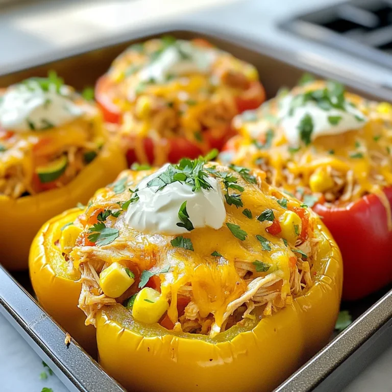 - 4 large bell peppers (red, yellow, or green) - 2 cups cooked chicken breast, shredded - 1 medium onion, sliced - 1 medium zucchini, diced - 1 cup corn (fresh or canned) - 1 teaspoon chili powder - 1 teaspoon paprika - 1 teaspoon cumin - 1 teaspoon garlic powder - Salt and pepper to taste - 1 cup shredded cheese (cheddar or a Mexican blend) - 2 tablespoons olive oil - Fresh cilantro, chopped (for garnish) - Sour cream (for serving) You can switch ingredients to fit your taste. Use ground turkey instead of chicken for a leaner option. If you want a vegetarian dish, try black beans or lentils instead of chicken. For the peppers, any color works, but keep in mind that red peppers are sweeter. If you don’t have zucchini, you can use diced carrots or mushrooms. For the cheese, try mozzarella or pepper jack for a twist. Each serving of Chicken Fajita Stuffed Peppers has about: - Calories: 350 - Protein: 25g - Fat: 18g - Carbohydrates: 30g - Fiber: 5g - Sugar: 5g This meal packs in good protein and fiber. It also provides a colorful mix of veggies, making it a well-rounded dish. {{ingredient_image_1}} Start by preheating your oven to 375°F (190°C). While it heats up, grab your bell peppers. You can choose red, yellow, or green. Cut off the tops and scoop out the seeds and membranes. This step makes space for the filling. Next, brush the outside of each pepper with olive oil. This helps them brown nicely. Place the peppers upright in a baking dish, ready for stuffing. In a large skillet, heat two tablespoons of olive oil over medium heat. Add the sliced onion and diced zucchini. Sauté them for about five minutes until they soften. This adds great flavor. Then, mix in your shredded chicken, corn, chili powder, paprika, cumin, garlic powder, salt, and pepper. Stir everything well and let it cook for another three to four minutes. You want the mixture hot and tasty. Finally, take the skillet off the heat and fold in half of the shredded cheese. This makes the filling creamy and delicious. Now it’s time to stuff those peppers! Fill each pepper with the chicken mixture, packing it in tightly. Don’t be shy! Once filled, top each pepper with the remaining cheese. Cover the baking dish with aluminum foil and bake in the oven for 25 minutes. After that, remove the foil and bake for another 10 to 15 minutes. The peppers should be tender, and the cheese will be bubbly and golden. When they’re ready, take them out and let them cool for a few minutes before serving. When picking bell peppers, look for bright colors and firm skin. Check for any soft spots. The best peppers feel heavy for their size. Red, yellow, or green all work well for stuffed peppers. Each color has a different taste. Red peppers are sweeter, while green peppers are more bitter. Choose what you like best for your dish. One mistake is not removing all the seeds. Seeds can make your dish bitter. Another mistake is overcooking the filling. You want it heated, but not mushy. Make sure to pack the filling tightly in the peppers too. This helps keep the flavors in. Lastly, don’t forget to cover the dish with foil when baking. This keeps the peppers moist. For a beautiful plate, place the stuffed peppers on a large platter. You can sprinkle fresh cilantro on top for color. A dollop of sour cream adds creaminess and looks nice too. If you have extra cheese, sprinkle that on top as well. Serve with lime wedges for a fresh touch. This makes your meal not just tasty but also pretty! Pro Tips Choose Colorful Peppers: Using a mix of red, yellow, and green bell peppers not only adds vibrant color to your dish but also provides a variety of flavors and nutrients. Customize Your Filling: Feel free to add other vegetables like mushrooms or spinach to the chicken mixture for extra flavor and nutrition. Make Ahead: These stuffed peppers can be prepared in advance and stored in the fridge. Simply bake them right before serving for a quick meal. Experiment with Cheese: Try using different types of cheese, such as pepper jack for a spicy kick or mozzarella for a milder flavor, to customize your stuffed peppers. {{image_2}} You can switch chicken with other proteins. Ground turkey works well. It has a mild taste and cooks quickly. You can also use tofu for a plant-based option. Firm tofu soaks up flavors nicely. Just press it to remove extra water before cooking. These swaps add fun twists to your stuffed peppers. While bell peppers are classic, try other types. Poblano peppers bring a smoky taste. They have a mild heat that many enjoy. Anaheim peppers are another great choice. They are larger and slightly sweeter. Each pepper type adds a unique flavor to your dish. Boost flavor by adding salsa or spices. A spoonful of salsa can give your dish a fresh kick. You can also mix in diced tomatoes for extra juiciness. If you love heat, add some jalapeños to the filling. Spices like oregano or cayenne pepper can enhance the taste. Just remember to adjust to your liking. To store leftover Chicken Fajita Stuffed Peppers, let them cool first. Place them in an airtight container. You can keep them in the fridge for up to 3 days. Make sure they are sealed well to keep them fresh. When you are ready to eat your leftovers, preheat your oven to 350°F (175°C). Place the stuffed peppers in a baking dish. Cover them with foil to avoid drying out. Heat for about 20 minutes or until warm. You can also use a microwave for quicker reheating. Just place a pepper on a microwave-safe plate and heat for about 2-3 minutes. To freeze these tasty peppers, wrap each one in plastic wrap. Then place them in a freezer-safe bag. They can last in the freezer for up to 3 months. When you want to enjoy them, thaw in the fridge overnight. Bake as usual to heat them through. You can serve many tasty sides with Chicken Fajita Stuffed Peppers. Here are some ideas: - Guacamole: Creamy and rich, it adds great flavor. - Rice: A side of fluffy rice helps soak up juices. - Beans: Black or pinto beans add protein and fiber. - Salad: A fresh green salad brings crunch and color. - Sour Cream: A dollop on top adds creaminess. These sides balance the meal and enhance the flavors. Yes, you can prepare these stuffed peppers ahead. Here’s how: 1. Prepare the Filling: Cook the chicken and veggie mix but do not stuff the peppers yet. 2. Store: Place the filling in the fridge for up to two days. 3. Stuff and Bake: When you’re ready, stuff the peppers and bake as directed. This method saves time and still tastes fresh. Customizing spice in Chicken Fajita Stuffed Peppers is easy. Here are some tips: - Mild: Use less chili powder and omit hot spices. - Medium: Keep the chili powder but add a pinch of cayenne. - Spicy: Add diced jalapeños or a dash of hot sauce. Taste as you go to find the perfect heat for you! In this blog, we covered making Chicken Fajita Stuffed Peppers from start to finish. We discussed ingredients, substitutes, and detailed steps for prep and cooking. I shared tips to select the best peppers and how to serve them nicely. We also explored fun variations and storage methods. Finally, remember to be creative and try new flavors. You can customize this dish to fit your taste. Enjoy making these tasty stuffed peppers!