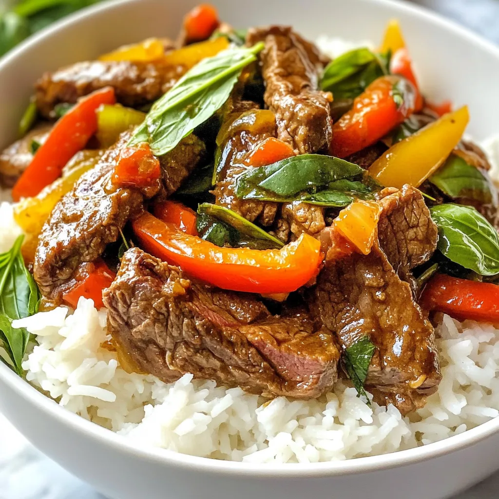 For this tasty dish, gather these main ingredients: - 1 lb (450 g) beef sirloin, thinly sliced against the grain - 2 cups fresh Thai basil leaves - 4 cloves garlic, minced - 2-3 Thai bird chilies, sliced (adjust for heat preference) - 1 red bell pepper, sliced These fresh ingredients bring vibrant flavors. The beef gives the dish its heartiness. The Thai basil adds a sweet, aromatic touch. Garlic and chilies provide that kick we love in Thai food. Next, you’ll need some key sauces to make this stir fry pop: - 1 tablespoon vegetable oil - 2 tablespoons soy sauce - 1 tablespoon oyster sauce - 1 teaspoon sugar - ½ teaspoon black pepper The vegetable oil helps cook everything evenly. Soy sauce adds saltiness and depth. Oyster sauce gives a rich flavor. A bit of sugar balances the salt and spice, while black pepper adds a nice bite. Feel free to customize your dish with these optional add-ins: - Sliced carrots - Snow peas - Mushrooms These extras can enhance texture and flavor. Carrots add sweetness, while snow peas bring crunch. Mushrooms offer umami, making the dish even more satisfying. You can mix and match these add-ins based on your taste. {{ingredient_image_1}} To make Thai Basil Beef Stir Fry, start by gathering your ingredients. You will need: - 1 lb beef sirloin, thinly sliced - 2 cups fresh Thai basil leaves - 4 cloves garlic, minced - 2-3 Thai bird chilies, sliced - 1 red bell pepper, sliced - 1 tablespoon vegetable oil - 2 tablespoons soy sauce - 1 tablespoon oyster sauce - 1 teaspoon sugar - ½ teaspoon black pepper - Cooked jasmine rice Next, slice the beef against the grain. This helps keep it tender. Mince the garlic and slice the chilies and bell pepper. Set everything aside. Heat the vegetable oil in a large skillet or wok over high heat. Wait until the oil shimmers. Then, add the minced garlic and sliced chilies. Stir quickly for about 15 seconds until fragrant. Now, increase the heat and add the sliced beef. Stir-fry the beef for 2-3 minutes. You want it browned but not dry. Next, toss in the sliced red bell pepper, soy sauce, oyster sauce, sugar, and black pepper. Keep stir-frying for another 2 minutes. Make sure everything is well-coated and heated through. Remove the skillet from heat. Gently fold in the Thai basil leaves. They will wilt quickly in the heat. This adds a fresh flavor to your dish. Serve the stir-fry hot over cooked jasmine rice. You can add more basil on top for garnish if you like. Enjoy your meal! Choose beef sirloin for its tenderness and flavor. Look for bright red color. The meat should have some marbling, which adds taste. Ask your butcher for thin slices if you don't find them. This cut cooks fast and stays juicy. Thai bird chilies pack heat. Start with one or two for a mild dish. If you crave more spice, add extra chilies. You can also remove seeds for less heat. Remember, you can always add more, but it's hard to take spice away. High heat is key for great stir-fry. It cooks beef quickly, keeping it tender. Heat your skillet or wok until it shimmers. This helps the beef sear and brown quickly. A hot pan also makes veggies crisp and bright. Stir quickly to avoid burning. Pro Tips Prep Your Ingredients: Have all your ingredients prepped and ready to go before you start cooking, as stir-frying happens quickly! Use High Heat: Cooking on high heat allows the beef to sear quickly, keeping it tender and juicy. Customize the Spice: Adjust the number of Thai bird chilies based on your heat preference, or substitute with milder peppers if desired. Fresh Basil Last: Add the Thai basil at the end of cooking to preserve its vibrant flavor and color. {{image_2}} If you want a meat-free dish, you can replace beef with tofu or tempeh. Tofu soaks up flavors well. Tempeh has a nuttier taste and is great for texture. Use the same sauces as in the beef recipe. You can also add more vegetables like carrots or zucchini. These changes make the dish colorful and delicious. Besides beef, you can try chicken, pork, or shrimp. Chicken breast works well when sliced thin. Pork tenderloin also has great flavor and cooks quickly. Shrimp adds a nice touch and cooks fast, too. Just adjust cooking times as needed. All these proteins pair nicely with the Thai basil and sauces. To change the flavor, add different sauces or spices. You can try adding peanut sauce for a nutty twist. If you like it spicy, add more bird chilies or some chili paste. For a sweeter taste, increase the sugar a little. Lime juice can add a fresh zing too! Each change brings a new taste to this dish. To keep your Thai basil beef stir fry fresh, let it cool first. Place the leftovers in an airtight container. Store it in the fridge. It will stay good for about 3 to 4 days. Make sure to label the container with the date. When you are ready to enjoy your leftovers, take them out of the fridge. You can reheat them in a skillet over medium heat. Stir often to heat evenly. This method helps keep the beef tender and the flavors strong. If you prefer, you can use the microwave. Heat in short bursts, stirring in between, until hot. If you want to save some for later, freezing works well. Place the cooled stir fry in a freezer-safe container. Be sure to leave some space for expansion. This dish can stay in the freezer for up to 3 months. When you’re ready to eat it, thaw it in the fridge overnight before reheating. Thai basil has a unique flavor. It tastes sweet and spicy. Its leaves are darker and thinner than regular basil. The stems are purple and have an anise scent. You can use it in stir-fries, salads, and soups. Regular basil lacks that spicy kick. It works well in Italian dishes. If you want to add depth to your meal, use Thai basil. Yes, you can add different veggies. Carrots, snap peas, or baby corn all work well. You can also try broccoli or zucchini for more crunch. Just cut them into bite-sized pieces. Keep in mind that cooking times may vary. Add harder veggies like carrots first. Softer ones, like bell peppers, should go in last. This way, everything cooks evenly. Serve your stir-fry with jasmine rice. It balances the bold flavors. You can also add a side of fresh cucumber salad. This adds freshness to your meal. For a more filling option, try it with noodles. They soak up the sauce nicely. You can even top it with a fried egg for extra richness. This blog covered how to make Thai Basil Beef Stir Fry. We talked about key ingredients like beef, sauces, and add-ins. I shared simple steps for cooking and combining flavors. You learned tips on selecting beef and adjusting spice levels. I also discussed options for vegetarians and how to store leftovers. Thai Basil Beef Stir Fry offers tasty and flexible options. Enjoy experimenting with flavors and ingredients. Happy cooking!