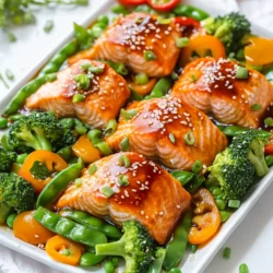 - 4 salmon fillets (about 6 oz each) - 2 cups broccoli florets - 1 cup bell peppers, sliced (red, yellow, or a mix) - 1 cup snap peas - 3 tablespoons olive oil - Salt and pepper to taste - 1/2 cup teriyaki sauce (store-bought or homemade) The main ingredients in this dish shine bright. Fresh salmon fillets bring rich flavor and healthy fats. Broccoli, bell peppers, and snap peas add color and crunch. Teriyaki sauce gives a sweet and savory touch. A drizzle of olive oil helps everything cook nicely. - 1 tablespoon sesame seeds - 2 green onions, sliced for garnish Optional ingredients can add more flair. Sesame seeds give a nice crunch and nutty flavor. Green onions add a fresh finish that brightens every bite. - Alternative vegetables like zucchini, asparagus, or carrots work well. - You can make your own teriyaki sauce with soy sauce, honey, and ginger. Feel free to mix things up! If you have different veggies on hand, use them. Homemade teriyaki sauce allows for more control over flavors and sweetness. Using seasonal produce can enhance this dish's freshness. {{ingredient_image_1}} - Preheat your oven to 400°F (200°C). - Line a large sheet pan with parchment paper. This makes clean-up easy and fast. - In a big bowl, mix the broccoli, bell peppers, and snap peas. - Drizzle 2 tablespoons of olive oil over the veggies. Add salt and pepper to taste. Toss well so every piece is coated. - Spread the veggies evenly on one side of the sheet pan. - In the same bowl, place the salmon fillets. Drizzle the remaining olive oil over them. - Season with salt and pepper. Pour half of the teriyaki sauce on top. Make sure the salmon is well coated. - Lay the salmon fillets on the other side of the sheet pan, skin side down. - Bake in the preheated oven for about 15 minutes. - Drizzle the rest of the teriyaki sauce over the salmon and veggies. - Return to the oven and bake for another 5-7 minutes. The salmon should flake easily, and the veggies should be tender and bright. To check for doneness, look for flakes. Use a fork to gently poke the salmon. If it separates easily, it’s ready. For the veggies, they should be bright and tender. Don’t overcook them to keep their crunch and color. Pair your dish with rice or quinoa for a filling meal. They soak up the teriyaki sauce well. For a fresh touch, serve with a light salad. Use a simple plate to highlight the vibrant colors of the dish. Garnish with green onions and sesame seeds for extra flair. Try adding a splash of lime juice for a zesty kick. A drizzle of sriracha adds heat if you like spice. You can also mix in garlic or ginger for more depth. If you want a different sauce, hoisin or sweet chili sauce works well too. Pro Tips Use Fresh Ingredients: Opt for fresh, seasonal vegetables for the best flavor and nutrients in your dish. Adjust Cooking Time: Depending on your oven and the thickness of the salmon, you might need to adjust the cooking time slightly. Marinate for Extra Flavor: For a deeper flavor, marinate the salmon in teriyaki sauce for 30 minutes before cooking. Experiment with Veggies: Feel free to mix in other vegetables like carrots or asparagus for variety. {{image_2}} You can switch up the main protein in this dish. Here are some ideas: - Other fish types: Try using trout or cod for a different taste. Both fish cook well and soak up teriyaki flavor nicely. - Tofu or chicken options: If you want a meat-free meal, tofu works great. Choose firm tofu, press it, and cut it into cubes. For chicken, use boneless thighs or breasts. Cut them into pieces and coat them with the teriyaki sauce. Feel free to play with the veggies. You can add your favorites or what’s in season: - Seasonal vegetable choices: During spring, use asparagus or snap peas. In fall, try Brussels sprouts or carrots. Each season brings its own treats! - Roasted veggie ideas: Sweet potatoes or zucchini add a nice twist. They roast well and become sweet and tender. You can make the dish your own with a few changes to the flavor: - Spicy teriyaki options: Want heat? Add some chili flakes to the teriyaki sauce. For an extra kick, drizzle sriracha over the finished dish. - Low-sodium alternatives: If you want to cut back on salt, look for low-sodium teriyaki sauce. This keeps the flavor while being healthier. - Store leftovers in an airtight container. - Keep in the fridge for up to three days. - Allow food to cool before sealing. - Reheat to at least 165°F (74°C) for safety. - Wrap each salmon fillet and veggies in plastic wrap. - Place them in a freezer bag, removing as much air as possible. - Freeze for up to three months for best taste. - Thaw in the fridge overnight before reheating. - Reheat at 350°F (175°C) until warmed through. - Prep salmon and veggies on a Sunday for quick meals. - Store in individual containers for easy grab-and-go options. - Reheat in the oven or microwave for a fast meal. - Pair with rice or quinoa for a complete dish. You should cook salmon for about 20 to 22 minutes. Start with 15 minutes at 400°F. After that, drizzle more teriyaki sauce. Then bake for an extra 5 to 7 minutes. The salmon is done when it flakes easily with a fork. Yes, you can use frozen salmon. Just make sure to thaw it first. You can do this in the fridge overnight. If you are in a hurry, run it under cold water. Once thawed, follow the same steps for seasoning and cooking. Great vegetables for sheet pan meals include: - Broccoli florets - Bell peppers (red, yellow, or green) - Snap peas - Carrots - Zucchini These veggies cook well and add color to your dish. Most teriyaki sauce contains soy sauce, which has gluten. However, you can find gluten-free versions. Look for sauces made with tamari instead of regular soy sauce. Always check labels to be sure. Absolutely! To use an air fryer, preheat it to 400°F. Cook the salmon and veggies for about 10 to 12 minutes. Check for doneness, then add more teriyaki sauce before finishing. Enjoy the crispy results! This post covered a simple and tasty sheet pan salmon recipe. You learned about the main and optional ingredients, plus useful substitutions. The step-by-step instructions guide you from prep to cooking. I shared tips for perfect doneness and serving ideas to make your dish shine. Variations let you swap proteins and veggies as you like. Finally, we discussed smart storage and meal prep options. Enjoy making this meal your own while keeping it healthy and fun!
