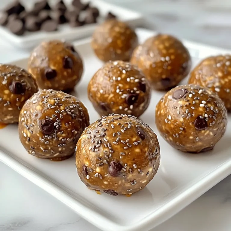 To make Peanut Butter Chocolate Energy Balls, gather these items: - 1 cup natural peanut butter - 1/2 cup honey or maple syrup - 1 cup rolled oats - 1/2 cup ground flaxseed - 1/2 cup dark chocolate chips (dairy-free if desired) - 1/4 cup chia seeds - 1 teaspoon vanilla extract - Pinch of sea salt These ingredients work together to create a tasty and healthy snack. You can easily swap some ingredients based on what you have. Here are some ideas: - Use almond butter instead of peanut butter for a nut-free option. - Maple syrup can replace honey for a vegan choice. - If you don’t have ground flaxseed, you can use chia seeds or even hemp seeds. - You can leave out dark chocolate chips if you prefer less sugar. These swaps still keep the energy balls delicious and nutritious. Each ingredient adds unique benefits: - Peanut Butter: High in protein and healthy fats, it helps keep you full. - Honey or Maple Syrup: These natural sweeteners give quick energy and antioxidants. - Rolled Oats: They provide fiber, which aids digestion and keeps you energized. - Ground Flaxseed: This tiny seed is rich in omega-3 fatty acids and fiber. - Dark Chocolate Chips: They add flavor and provide antioxidants. - Chia Seeds: These are high in fiber and protein, great for heart health. - Vanilla Extract: It enhances flavor and can boost mood. - Sea Salt: A pinch helps balance sweetness and can aid hydration. Together, these ingredients create a balanced snack that is both satisfying and energizing. {{ingredient_image_1}} To make these Peanut Butter Chocolate Energy Balls, start with a large mixing bowl. First, add 1 cup of natural peanut butter and 1/2 cup of honey or maple syrup. Mix them until smooth. This step helps blend the flavors well. Next, add 1 cup of rolled oats, 1/2 cup of ground flaxseed, and 1/4 cup of chia seeds. Don’t forget to add 1 teaspoon of vanilla extract and a pinch of sea salt. Use a spatula or your hands to mix everything together. Make sure all the ingredients blend well. Once everything is evenly mixed, gently fold in 1/2 cup of dark chocolate chips. The chocolate adds a rich taste that pairs perfectly with peanut butter. Mixing can be sticky, but I have a few tips to help. First, use a spatula to combine the ingredients. If it feels too sticky, slightly dampen your hands with water. This makes it easier to handle the mixture. If you want, you can also chill the mixture for a bit before rolling. This helps it firm up and makes it less messy. After mixing, refrigerate the mixture for about 30 minutes. Chilling the mixture makes it easier to scoop and roll into balls. Once chilled, use a tablespoon to scoop out portions. Roll each portion between your palms to form balls. Place these on a parchment-lined baking sheet. After forming all the balls, refrigerate them for at least another 30 minutes. This final chill helps them set and enhances their taste. Enjoy your tasty, healthy snack! You can make your energy balls fun and unique. Try adding different nuts or seeds. You might mix in walnuts, almonds, or pumpkin seeds. If you want a fruit flavor, add dried fruit. Cranberries or raisins work well. You can also change the nut butter. Almond butter or cashew butter are great swaps. The fun part is trying new flavors. Let your taste buds guide you! Mixing is key for great energy balls. Use a large bowl to give yourself room to stir. Start by blending the peanut butter and honey until smooth. This ensures even flavor. Add dry ingredients like oats and flaxseed next. Mix with a spatula or your hands. Make sure everything is well combined. The mixture should stick together but not be too wet. If it feels too dry, add a tiny bit of water. For the best flavor, use fresh ingredients. Check the date on your oats and seeds. They should smell nutty and fresh. Adding a pinch of sea salt boosts the taste. It enhances the sweet and nutty notes. Refrigerating the mixture helps the balls hold shape. Chilling for 30 minutes makes rolling easier. After rolling, chill them again. This step firms them up and makes them perfect for a snack. Enjoying the right texture makes these treats even better! Pro Tips Adjust Sweetness: Feel free to adjust the amount of honey or maple syrup according to your taste preference. You can also use a sugar substitute if you prefer a lower-calorie option. Mix-Ins Variety: Customize your energy balls by adding different mix-ins such as nuts, dried fruits, or seeds for extra flavor and texture. Storage Tips: Store the energy balls in an airtight container in the fridge for up to a week, or freeze them for longer shelf life, making them a convenient snack option. Serving Suggestions: Enjoy these energy balls as a quick snack on their own, or pair them with a piece of fruit or yogurt for a balanced post-workout meal. {{image_2}} You can change the flavor of your energy balls easily. Try using almond butter instead of peanut butter. This swap gives a different taste and texture. You can also use different nuts, like cashews or sunflower seeds. For a fruity twist, add dried fruits like cranberries or apricots. You can mix in spices too, like cinnamon or cocoa powder. These small changes make each batch unique and fun. Switch up the sweetener for varied flavors. Instead of honey, you can use agave nectar or brown rice syrup. These options are great for different tastes. If you want a low-calorie option, try stevia or monk fruit sweetener. They add sweetness without the extra calories. For binders, you can use nut butter blends. This enhances the taste and keeps the energy balls together. Want to make your energy balls even better? Add in protein powder for a protein boost. This helps with energy and muscle recovery. You can also mix in nuts or seeds for extra crunch. Chopped walnuts or pumpkin seeds work well. Another great option is to include superfoods like spirulina or hemp seeds. They add nutrients without changing the taste too much. To keep your peanut butter chocolate energy balls fresh, store them in an airtight container. I like to use glass jars or plastic containers with tight lids. This helps keep them from drying out. You can also separate layers with parchment paper. This prevents them from sticking together. In the fridge, these energy balls stay fresh for about one week. If you want to keep them longer, place them in the freezer. They can last for up to three months in the freezer. Just remember to thaw them in the fridge before eating. For easy snacks, portion out the energy balls into snack bags. This makes it simple to grab one when you’re in a hurry. You can also keep a few in your bag or lunchbox. They make a great pick-me-up during your busy day. Yes, you can make these energy balls vegan. To do this, simply replace honey with maple syrup. Both options give a sweet taste, but maple syrup is plant-based. You can also choose dairy-free dark chocolate chips. This swap ensures the recipe stays vegan-friendly. The best way to roll the balls is to keep your hands slightly damp. This helps prevent the mixture from sticking to your palms. Scoop out about a tablespoon of the mixture. Then, roll it gently between your palms until it forms a smooth ball. Repeat this until all the mixture is shaped. To make these energy balls healthier, you can use less sweetener. Try reducing the honey or maple syrup by half. You can also add more rolled oats or flaxseed for fiber. Another option is to use unsweetened cocoa powder in place of some chocolate chips. These changes can lower calories while keeping the taste great. You learned about making energy balls, from ingredients to storage. Each step helps you create tasty snacks. Use my tips for flavor and texture to customize your treats. Remember, you can swap ingredients based on your needs or taste. Whether you go for a classic or a unique mix, these energy balls are easy and fun. Enjoy making them and share with friends. Follow these ideas, and you’ll have a healthy snack ready for any time. Your next snack adventure begins now!