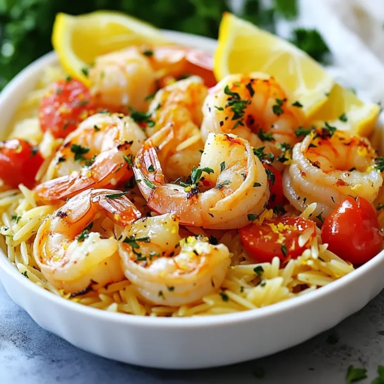 - Jumbo shrimp (1 pound, peeled and deveined) - Orzo pasta (1 cup) - Fresh garlic (4 cloves, minced) - Olive oil (2 tablespoons) - Lemon (zested and juiced) - Vegetable broth (1 cup) - Cherry tomatoes (1/2 cup, halved) - Fresh parsley (1/4 cup, chopped) - Salt, pepper, and optional red pepper flakes Lemon Garlic Shrimp Orzo is a bright dish that shines with flavor. The jumbo shrimp brings a sweet, ocean taste. The orzo pasta serves as a soft base, soaking up all the yummy flavors. Fresh garlic adds a punch that you can't resist. For the flavor enhancers, olive oil gives richness. It helps cook shrimp and garlic to perfection. The lemon zest and juice brighten the dish. They add a fresh, tart note that wakes up your taste buds. Vegetable broth gives depth and helps the orzo cook well. Additional ingredients like cherry tomatoes bring color and sweetness. When cooked, they soften and add juiciness. Fresh parsley adds a pop of green and freshness. A sprinkle of salt and pepper keeps everything balanced. If you like heat, add red pepper flakes for a kick! These ingredients work together to create a healthy meal that's quick to make. With just a few simple steps, you can have a delicious dinner ready in no time. {{ingredient_image_1}} - Heat 1 tablespoon of olive oil in a large pot over medium heat. - Add 4 minced garlic cloves and sauté for about 1 minute. The garlic should smell great! - Stir in 1 cup of orzo pasta, coating it well with the garlic oil. - Pour in 1 cup of vegetable broth and bring it to a boil. - Once boiling, reduce the heat and let it simmer for 8-10 minutes. - Stir occasionally until the orzo is tender and most of the liquid is gone. - While the orzo cooks, season 1 pound of shrimp with salt, pepper, and red pepper flakes. - In a separate pan, heat the remaining tablespoon of olive oil over medium-high heat. - Add the shrimp and sauté for 3-4 minutes until they turn pink and are fully cooked. - Toss in 1/2 cup of halved cherry tomatoes and cook for an extra 2 minutes. The tomatoes should soften nicely. - Once the orzo is cooked, mix the shrimp and tomato mixture into the pot. - Add the zest and juice of 1 lemon along with 1/4 cup of chopped parsley. - Toss everything well until combined. - Taste your dish and adjust the seasoning with more salt, pepper, or lemon juice if needed. To cook shrimp perfectly, start with fresh or thawed shrimp. Look for shrimp that smell like the ocean, not like ammonia. Cook shrimp quickly over high heat. This keeps them tender. Overcooking makes them rubbery. Aim for 3-4 minutes until they turn pink and opaque. Remove them from heat right away. Fresh herbs are always best for flavor. Use fresh parsley to add brightness. Dried herbs can work too, but they lack the same punch. Adjust the lemon juice to your taste. More lemon adds brightness. Salt and pepper should be added to enhance all the flavors. Don’t be afraid to taste as you go! For a beautiful plate, serve the orzo in shallow bowls. This makes each dish look inviting. Garnish with extra parsley for color. Lemon wedges on the side add a fresh touch. A sprinkle of red pepper flakes can enhance visual appeal and flavor. This gives a pop of color and spice! Pro Tips Fresh Shrimp: Always use the freshest shrimp you can find for the best flavor and texture. Cooking Orzo: To prevent orzo from becoming mushy, keep an eye on the cooking time and stir occasionally. Enhancing Flavor: Add a splash of white wine along with the broth for an extra layer of flavor in the orzo. Garnishing: For a pop of color, consider adding some lemon zest on top just before serving. {{image_2}} You can change the main protein in this dish. Try using chicken or scallops instead of shrimp. Both options bring a nice taste and texture. If you want a gluten-free meal, substitute orzo with rice or quinoa. These swaps still keep the dish flavorful and satisfying. Want to mix things up? Add other vegetables like spinach or bell peppers. Spinach adds a lovely green color, while bell peppers give a sweet crunch. You can also play with spice levels. Use different seasonings, like cumin or paprika, to change the flavor. This flexibility makes each meal unique and exciting. Pair your Lemon Garlic Shrimp Orzo with fresh salads or warm bread. A crisp green salad complements the dish well and adds freshness. For drinks, a chilled white wine, like Sauvignon Blanc, works great. It enhances the lemon flavor and makes your dinner feel special. Enjoy experimenting with these ideas to find what you love best! To keep Lemon Garlic Shrimp Orzo fresh, store leftovers in the fridge. Place the dish in an airtight container. This helps lock in moisture and flavor. Use glass or plastic containers for easy viewing. Make sure to eat the leftovers within three days for the best taste. When it’s time to enjoy leftovers, reheating is key. You can use the stove or microwave. If using the stove, add a splash of water or broth. Heat over low to medium heat, stirring often. This helps keep the orzo moist. If you use the microwave, heat in short bursts. Check every 30 seconds to avoid overcooking. Shrimp can turn rubbery if heated too long, so watch closely. You can freeze Lemon Garlic Shrimp Orzo, but it’s best to freeze it without shrimp. Cooked shrimp don’t freeze well. Instead, freeze the orzo and sauce. Let them cool completely before packing. Use freezer-safe bags or containers. To thaw, place in the fridge overnight. Reheat gently on the stove or microwave for the best taste. Yes, you can prepare this dish ahead of time. It makes meal prep easy. Store the cooked orzo and shrimp separately. This keeps them fresh. Use airtight containers for best storage. Refrigerate them for up to three days. When ready to eat, reheat both in a pan. Add a splash of broth to keep it moist. Absolutely! You can use other pasta types. Some good options are: - Small shells: They hold sauce well. - Farfalle: Their shape adds fun to the dish. - Penne: Great for a heartier texture. Just adjust cooking times according to the pasta you choose. If you like heat, there are easy ways to spice it up. Here are some tips: - Add red pepper flakes while cooking the shrimp. - Mix in diced jalapeños for fresh heat. - Use a spicy garlic sauce instead of plain oil. Taste as you go to find your perfect heat level! This dish combines jumbo shrimp and creamy orzo for a tasty meal. We covered ingredients, cooking steps, and tips for success. Remember, perfect shrimp should be tender, not rubbery. You can swap orzo for other pastas or add veggies for variety. Enjoy your dish warm, and feel free to experiment with flavors. Storage tips will keep leftovers fresh, and reheat them carefully to maintain taste. Dive into this recipe to impress family and friends with your cooking skills. It’s simple, delicious, and perfect for any occasion!