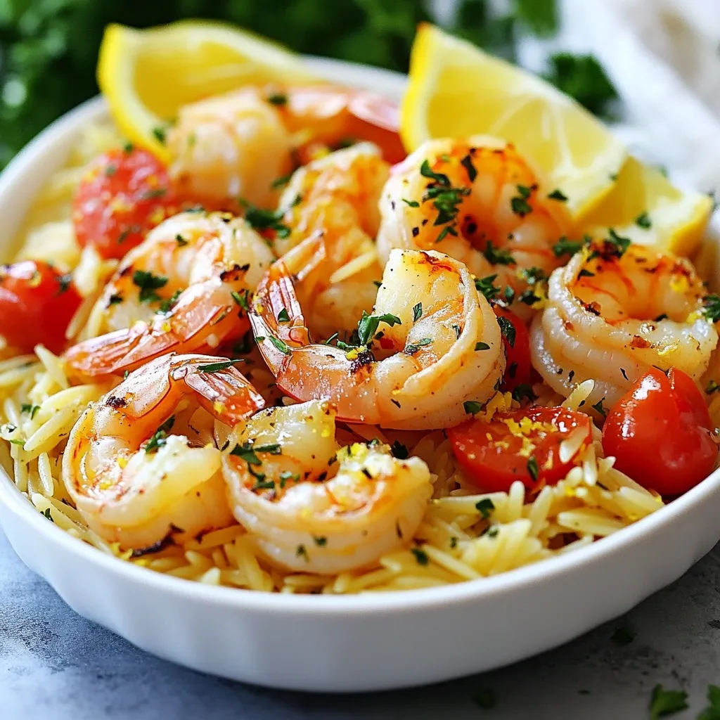- Jumbo shrimp (1 pound, peeled and deveined) - Orzo pasta (1 cup) - Fresh garlic (4 cloves, minced) - Olive oil (2 tablespoons) - Lemon (zested and juiced) - Vegetable broth (1 cup) - Cherry tomatoes (1/2 cup, halved) - Fresh parsley (1/4 cup, chopped) - Salt, pepper, and optional red pepper flakes Lemon Garlic Shrimp Orzo is a bright dish that shines with flavor. The jumbo shrimp brings a sweet, ocean taste. The orzo pasta serves as a soft base, soaking up all the yummy flavors. Fresh garlic adds a punch that you can't resist. For the flavor enhancers, olive oil gives richness. It helps cook shrimp and garlic to perfection. The lemon zest and juice brighten the dish. They add a fresh, tart note that wakes up your taste buds. Vegetable broth gives depth and helps the orzo cook well. Additional ingredients like cherry tomatoes bring color and sweetness. When cooked, they soften and add juiciness. Fresh parsley adds a pop of green and freshness. A sprinkle of salt and pepper keeps everything balanced. If you like heat, add red pepper flakes for a kick! These ingredients work together to create a healthy meal that's quick to make. With just a few simple steps, you can have a delicious dinner ready in no time. {{ingredient_image_1}} - Heat 1 tablespoon of olive oil in a large pot over medium heat. - Add 4 minced garlic cloves and sauté for about 1 minute. The garlic should smell great! - Stir in 1 cup of orzo pasta, coating it well with the garlic oil. - Pour in 1 cup of vegetable broth and bring it to a boil. - Once boiling, reduce the heat and let it simmer for 8-10 minutes. - Stir occasionally until the orzo is tender and most of the liquid is gone. - While the orzo cooks, season 1 pound of shrimp with salt, pepper, and red pepper flakes. - In a separate pan, heat the remaining tablespoon of olive oil over medium-high heat. - Add the shrimp and sauté for 3-4 minutes until they turn pink and are fully cooked. - Toss in 1/2 cup of halved cherry tomatoes and cook for an extra 2 minutes. The tomatoes should soften nicely. - Once the orzo is cooked, mix the shrimp and tomato mixture into the pot. - Add the zest and juice of 1 lemon along with 1/4 cup of chopped parsley. - Toss everything well until combined. - Taste your dish and adjust the seasoning with more salt, pepper, or lemon juice if needed. To cook shrimp perfectly, start with fresh or thawed shrimp. Look for shrimp that smell like the ocean, not like ammonia. Cook shrimp quickly over high heat. This keeps them tender. Overcooking makes them rubbery. Aim for 3-4 minutes until they turn pink and opaque. Remove them from heat right away. Fresh herbs are always best for flavor. Use fresh parsley to add brightness. Dried herbs can work too, but they lack the same punch. Adjust the lemon juice to your taste. More lemon adds brightness. Salt and pepper should be added to enhance all the flavors. Don’t be afraid to taste as you go! For a beautiful plate, serve the orzo in shallow bowls. This makes each dish look inviting. Garnish with extra parsley for color. Lemon wedges on the side add a fresh touch. A sprinkle of red pepper flakes can enhance visual appeal and flavor. This gives a pop of color and spice! Pro Tips Fresh Shrimp: Always use the freshest shrimp you can find for the best flavor and texture. Cooking Orzo: To prevent orzo from becoming mushy, keep an eye on the cooking time and stir occasionally. Enhancing Flavor: Add a splash of white wine along with the broth for an extra layer of flavor in the orzo. Garnishing: For a pop of color, consider adding some lemon zest on top just before serving. {{image_2}} You can change the main protein in this dish. Try using chicken or scallops instead of shrimp. Both options bring a nice taste and texture. If you want a gluten-free meal, substitute orzo with rice or quinoa. These swaps still keep the dish flavorful and satisfying. Want to mix things up? Add other vegetables like spinach or bell peppers. Spinach adds a lovely green color, while bell peppers give a sweet crunch. You can also play with spice levels. Use different seasonings, like cumin or paprika, to change the flavor. This flexibility makes each meal unique and exciting. Pair your Lemon Garlic Shrimp Orzo with fresh salads or warm bread. A crisp green salad complements the dish well and adds freshness. For drinks, a chilled white wine, like Sauvignon Blanc, works great. It enhances the lemon flavor and makes your dinner feel special. Enjoy experimenting with these ideas to find what you love best! To keep Lemon Garlic Shrimp Orzo fresh, store leftovers in the fridge. Place the dish in an airtight container. This helps lock in moisture and flavor. Use glass or plastic containers for easy viewing. Make sure to eat the leftovers within three days for the best taste. When it’s time to enjoy leftovers, reheating is key. You can use the stove or microwave. If using the stove, add a splash of water or broth. Heat over low to medium heat, stirring often. This helps keep the orzo moist. If you use the microwave, heat in short bursts. Check every 30 seconds to avoid overcooking. Shrimp can turn rubbery if heated too long, so watch closely. You can freeze Lemon Garlic Shrimp Orzo, but it’s best to freeze it without shrimp. Cooked shrimp don’t freeze well. Instead, freeze the orzo and sauce. Let them cool completely before packing. Use freezer-safe bags or containers. To thaw, place in the fridge overnight. Reheat gently on the stove or microwave for the best taste. Yes, you can prepare this dish ahead of time. It makes meal prep easy. Store the cooked orzo and shrimp separately. This keeps them fresh. Use airtight containers for best storage. Refrigerate them for up to three days. When ready to eat, reheat both in a pan. Add a splash of broth to keep it moist. Absolutely! You can use other pasta types. Some good options are: - Small shells: They hold sauce well. - Farfalle: Their shape adds fun to the dish. - Penne: Great for a heartier texture. Just adjust cooking times according to the pasta you choose. If you like heat, there are easy ways to spice it up. Here are some tips: - Add red pepper flakes while cooking the shrimp. - Mix in diced jalapeños for fresh heat. - Use a spicy garlic sauce instead of plain oil. Taste as you go to find your perfect heat level! This dish combines jumbo shrimp and creamy orzo for a tasty meal. We covered ingredients, cooking steps, and tips for success. Remember, perfect shrimp should be tender, not rubbery. You can swap orzo for other pastas or add veggies for variety. Enjoy your dish warm, and feel free to experiment with flavors. Storage tips will keep leftovers fresh, and reheat them carefully to maintain taste. Dive into this recipe to impress family and friends with your cooking skills. It’s simple, delicious, and perfect for any occasion!
