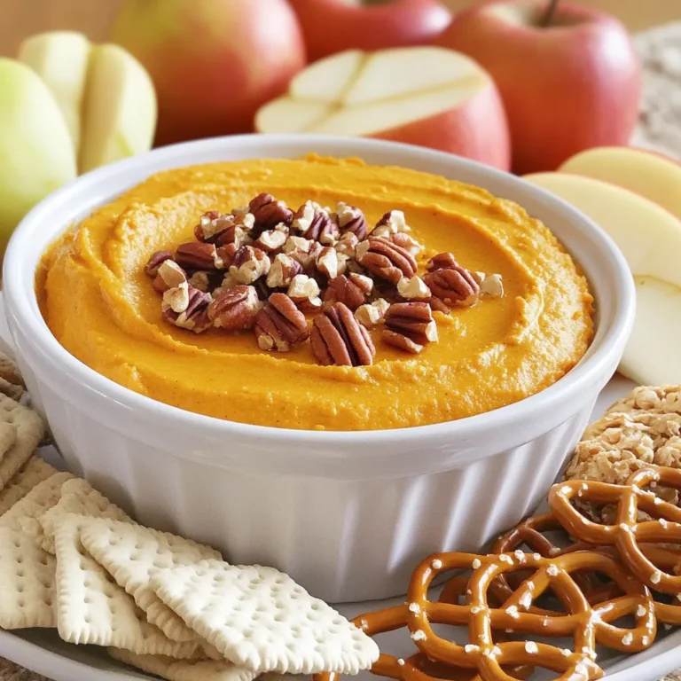 To whip up this tasty dip, you need some key ingredients: - 1 cup cream cheese, softened - 1 cup canned pumpkin puree - ½ cup powdered sugar - 1 teaspoon vanilla extract - 1 teaspoon pumpkin pie spice - ½ cup chopped pecans (plus more for garnish) - 1 cup whipped cream or Cool Whip These ingredients create a rich and creamy base. The cream cheese adds smoothness, while the pumpkin puree gives it that lovely fall flavor. The powdered sugar sweetens the dip, and vanilla extract brings out the taste. Pumpkin pie spice adds warmth, and pecans give a nice crunch. You can boost flavor with some optional ingredients: - A dash of cinnamon - A pinch of nutmeg These spices can enhance the autumn vibe. If you like a bit of tang, add some yogurt. For extra sweetness, try maple syrup. Feel free to mix and match based on your taste. When it comes time to serve, think about fun dippers: - Graham crackers - Apple slices - Pretzels This dip is perfect for a party or a cozy night in. Arrange your dippers on a platter around the dip. You can even put extra chopped pecans on top for a nice look. Enjoy this treat chilled or at room temperature for the best flavor. To start, gather your ingredients. You need 1 cup of softened cream cheese. This makes the base rich and creamy. Place the cream cheese in a mixing bowl. Beat it until smooth and creamy. This takes just a few minutes. Next, add the canned pumpkin puree. You’ll also need ½ cup of powdered sugar, 1 teaspoon of vanilla extract, and 1 teaspoon of pumpkin pie spice. Mix all these ingredients well. You want everything to be fully combined. The dip should look smooth and have a nice color. Now it’s time to fold in the pecans. Use ½ cup of chopped pecans for a nice crunch. Then, add 1 cup of whipped cream or cool whip. This step makes the dip light and fluffy. Gently fold everything together. Once mixed, taste your dip. If you want it sweeter, add more powdered sugar. Transfer your dip into a serving bowl. For a nice touch, sprinkle extra chopped pecans on top. This adds a lovely look and extra crunch. Serve your dip right away. Pair it with graham crackers, apple slices, and pretzels. These make great dippers. Enjoy your tasty Pumpkin Pecan Cheesecake Dip! To get the best dip, you need the right texture. Start with soft cream cheese. If it’s too hard, the dip will be lumpy. Mix it well until it’s smooth. When you add pumpkin puree, it should blend easily. Fold in the whipped cream gently. This keeps the dip light and fluffy. If it feels too thick, add a splash of milk to help it smooth out. Taste is key in this dip. Start with the powdered sugar amount listed. After mixing, taste the dip. If it’s not sweet enough, add more sugar. Mix it in a little at a time. You want it sweet but not overpowering. Remember, the toppings and dippers can add sweetness too, so balance is important. This dip pairs well with many things. I love using graham crackers for a classic taste. Apple slices add a nice crunch and freshness. Pretzels give a salty bite that works great with the sweet dip. You can also try vanilla wafers or even shortbread cookies. Get creative and find your favorite! {{image_2}} You can change the taste of this dip easily. For a chocolate twist, try adding cocoa powder. Just one or two tablespoons will do the trick. If you love maple, swap some sugar for maple syrup. It adds a nice depth. For a spicier kick, mix in a bit of cayenne pepper. Just a pinch will add warmth without overpowering the pumpkin flavor. If you’re out of cream cheese, use Greek yogurt instead. It gives a similar texture and adds protein. For a dairy-free option, try using coconut cream. You can also replace the powdered sugar with honey or agave for a natural sweetness. If pecans aren’t your thing, walnuts or almonds work well too. This dip is perfect for fall, but you can adapt it for other seasons. In spring, use fresh berries instead of pumpkin. You can blend in strawberry or raspberry puree for a fruity dip. In summer, try adding lemon zest for a refreshing citrus note. This keeps the dip light and bright, perfect for warm weather gatherings. After enjoying your Pumpkin Pecan Cheesecake Dip, store any leftovers. Place the dip in an airtight container. Seal it tightly to keep the flavors fresh. It will last in the fridge for up to three days. When you want to serve it again, just check the dip for any changes in texture or smell. You can freeze this dip if you have a lot left. Use a freezer-safe container for best results. Make sure to leave some space at the top. The dip may expand as it freezes. It will stay good for about one month in the freezer. To use it, move the container to the fridge overnight to thaw. To reheat the Pumpkin Pecan Cheesecake Dip, take it out of the fridge or freezer. If frozen, let it thaw first. Then, place it in a bowl. Heat it in the microwave for about 30 seconds. Stir it well after heating. You can also warm it on the stove over low heat. Stir gently until it’s nice and warm. Enjoy your dip with fresh dippers! Yes, you can make this dip ahead of time. I often prepare it a day before a party. This way, the flavors mix well, and it tastes even better. Just store the dip in an airtight container in the fridge. Before serving, give it a good stir and add extra chopped pecans on top for a fresh look. If you need a substitute for whipped cream, try using Greek yogurt. It adds creaminess without too much sweetness. You can also use cool whip if you want a similar taste. For a dairy-free option, coconut cream works great! Just make sure to whip it until fluffy. This dip stays fresh in the fridge for about three to five days. Keep it in a sealed container. Before serving leftovers, check for any changes in smell or texture. If it looks and smells fine, it should be good to enjoy! Pumpkin pecan cheesecake dip is easy to make and big on flavor. We covered key ingredients, preparation steps, and serving tips. Remember to adjust sweetness and try different flavors. Store leftovers properly so you can enjoy this treat later. Making this dip ahead is a smart way to save time. With these tips, your dip will impress friends and family. Enjoy every creamy bite!