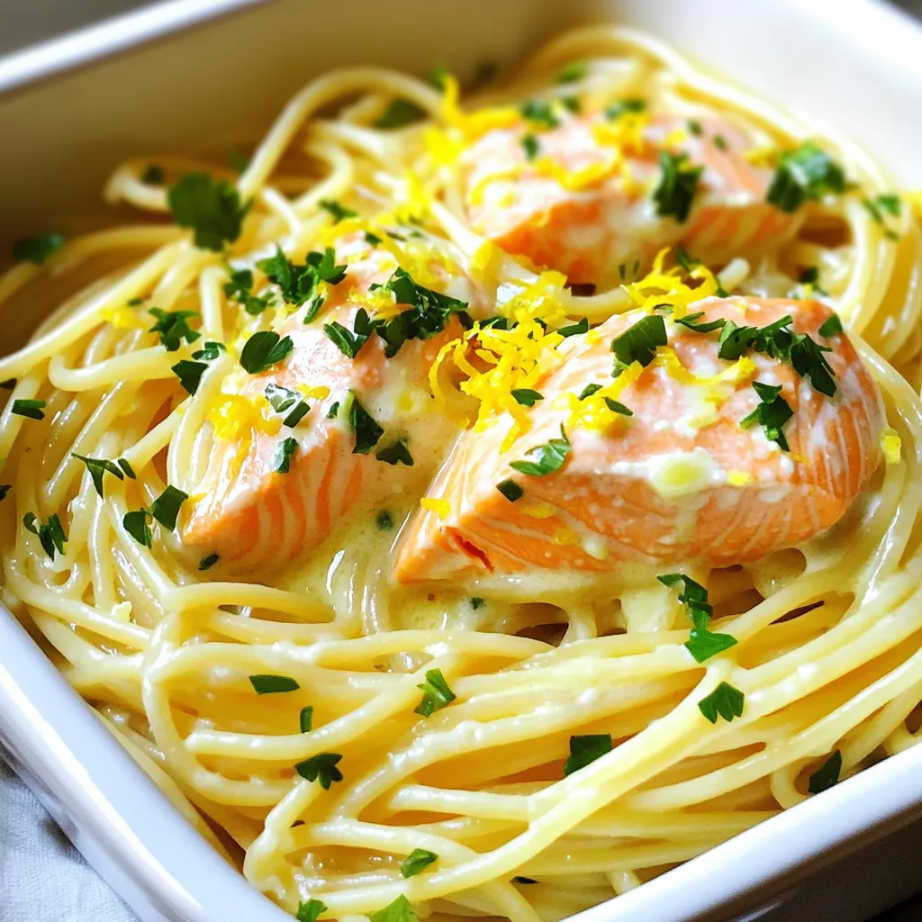 - 200g pasta (spaghetti or linguine) - 2 salmon fillets (about 150g each) - 4 tablespoons unsalted butter - 4 cloves garlic, minced The main ingredients for this dish are simple yet key. I love using spaghetti or linguine for a smooth bite. Salmon fillets add a rich flavor and healthy fats. Unsalted butter gives a creamy base, while garlic adds that wonderful aroma. - 1 tablespoon fresh lemon juice - 1 teaspoon lemon zest - 1/4 teaspoon red pepper flakes (optional) For flavor, fresh lemon juice brightens the dish. Lemon zest adds a nice kick. I often include red pepper flakes for a hint of heat, but you can skip them if you prefer mild flavors. - Salt and pepper, to taste - 2 tablespoons fresh parsley, chopped (for garnish) - Grated Parmesan cheese (optional, for serving) Seasoning is vital. Salt and pepper enhance all the flavors. Fresh parsley adds color and freshness. You can top it with grated Parmesan cheese if you love cheesy goodness. Each ingredient brings something special to the dish. Start by boiling a large pot of salted water. This step is key to bringing out the pasta's flavor. Once it boils, add 200 grams of spaghetti or linguine. Cook it for about 8 to 10 minutes. You want the pasta to be al dente, which means it should still have a slight bite. When it’s done, save half a cup of the pasta water, then drain the pasta and set it aside. Next, grab a large skillet and set it over medium heat. Add 2 tablespoons of unsalted butter and let it melt completely. While the butter melts, season your 2 salmon fillets with salt and pepper. Place the fillets skin-side down in the skillet. Cook them for about 4 to 5 minutes until the skin is crispy. Then, flip the fillets and cook for another 2 to 3 minutes, or until the salmon is fully cooked. Remove the salmon from the skillet and set it aside. In the same skillet, add the remaining 2 tablespoons of butter. Once it melts, add 4 minced garlic cloves and 1/4 teaspoon of red pepper flakes if you like some heat. Sauté everything for about 1 minute until it smells great. Be careful not to burn the garlic; it can turn bitter and spoil the sauce. Now, add the drained pasta to the skillet with the garlic butter. Toss the pasta gently to coat it well with the sauce. If the pasta looks dry, use some of that reserved pasta water. Add it one tablespoon at a time until you reach your desired consistency. Flake the cooked salmon into bite-sized pieces. Gently toss it with the pasta along with 1 tablespoon of fresh lemon juice. Taste the dish and adjust the seasoning with salt and pepper as needed. This step helps balance all the flavors and makes the dish even better. To cook salmon perfectly, aim for an internal temperature of 145°F. I use a meat thermometer to check this. For crispy skin, start by placing the fillets skin-side down in a hot skillet. Cook for 4-5 minutes without moving them. This helps the skin get nice and crispy. Flip the salmon and cook for another 2-3 minutes. This gives you a juicy, tender center. To boost the garlic flavor, feel free to add more cloves. If you love garlic, try using six cloves instead of four. Fresh herbs like thyme or dill can also brighten the dish. Add these herbs right after you sauté the garlic for a fresh burst of flavor. Experimenting with herbs can make your dish feel new and exciting. To round out your meal, serve a fresh salad or steamed broccoli on the side. A light salad with lemon vinaigrette pairs well. For drinks, try a crisp white wine, like Sauvignon Blanc. If you prefer something non-alcoholic, a sparkling water with lemon is refreshing. These sides and drinks complement the rich flavors of the pasta and salmon. {{image_2}} You can change the fish in this recipe. Instead of salmon, try using trout or cod. Both options work well and will give you a tasty meal. If you want a leaner choice, use tilapia. Pasta is also flexible. You can swap spaghetti or linguine for whole wheat pasta. Whole wheat adds fiber and a nutty flavor. If you need a gluten-free option, use rice noodles or gluten-free pasta. They will fit right in! Adding veggies makes this dish even better. Spinach is a great choice. Just toss it in with the pasta until it wilts. Cherry tomatoes also add a sweet burst. Halve them and add to the pan for a pop of color. Herbs can change the taste too. Try fresh basil or dill for bright flavors. If you want more kick, add fresh parsley. Experimenting with different herbs can make your meal unique! If you want to make your dish low-carb, swap pasta for zucchini noodles. Zoodles are light and fresh. They soak up the garlic butter flavor well. For a dairy-free option, use olive oil instead of butter. You can also find dairy-free butter to keep the creamy taste. These swaps let everyone enjoy this quick delight! To keep your garlic butter salmon pasta fresh, store it in an airtight container. Make sure to let it cool first. This helps keep it tasty. Refrigerate it within two hours after cooking. Your pasta will stay good for 2-3 days in the fridge. After that, the flavors may fade. When you’re ready to enjoy your leftovers, reheat them gently. The best way is to use a skillet over low heat. Add a splash of water or broth to keep it moist. You can also use the microwave. If you do, cover it to trap steam. This helps avoid dried-out pasta. Heat in short bursts, stirring in between. Yes, you can freeze garlic butter salmon pasta! To do this, first cool it completely. Then, place it in a freezer-safe container. Leave some space for expansion. It can last for up to three months in the freezer. To enjoy later, thaw it overnight in the fridge. Reheat as mentioned before. Enjoy your quick delight any day! It takes just 15 minutes to make garlic butter salmon pasta. You spend about 5 minutes prepping and 10 minutes cooking. This quick recipe is perfect for busy weeknights. Yes, you can use frozen salmon. Just thaw it first in the fridge overnight or under cold water. Make sure it cooks evenly in the skillet for the best taste. If you want a healthier option, try using olive oil or coconut oil. These oils add great flavor and keep the dish light. You can also use vegan butter for a dairy-free version. Yes, you can make a vegetarian version. Use mushrooms or tofu instead of salmon. You can also add more veggies like spinach or broccoli to keep it hearty. To increase the spice, add more red pepper flakes. For less heat, skip the flakes or reduce the amount. You can also add a touch of cream to mellow the spice. Garlic butter salmon pasta is easy and fun to make. We covered key ingredients like salmon, pasta, and garlic. You learned to cook salmon and pasta, then mix everything with a tasty sauce. Remember the tips for perfect salmon and ways to enhance garlic flavor. Don’t forget the variations you can try! Now, you can make your meal exciting by adding different ingredients or adjusting flavors. Enjoy your cooking adventure!