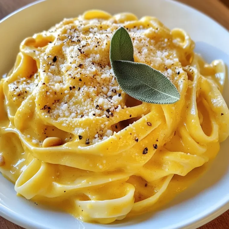 To make creamy pumpkin sage pasta, you will need these main ingredients: - 8 oz fettuccine or pasta of choice - 1 cup canned pumpkin puree - 1 cup heavy cream - 3 tablespoons unsalted butter - 2 cloves garlic, minced - 1 small onion, finely chopped - 1/2 teaspoon ground nutmeg - Salt and pepper to taste - 1/4 cup grated Parmesan cheese (plus extra for serving) - Fresh sage leaves, torn (about 10 leaves) Each ingredient adds something special. The fettuccine gives it a nice base. Pumpkin puree brings warmth and creaminess. Heavy cream adds richness and smooth texture. Butter and garlic create a lovely aroma. Nutmeg offers a hint of spice. Parmesan cheese adds a salty kick. Lastly, sage gives a fresh herb taste. You can enhance your dish with some optional garnishes: - Toasted pine nuts for crunch - Extra grated Parmesan cheese for serving - Fresh cracked pepper for added flavor These garnishes not only add taste but also make the dish look beautiful. A sprinkle of pine nuts can add a nice crunch, while fresh pepper provides a bit of heat. If you need to swap some ingredients, here are some good substitutes: - Use whole wheat pasta for a healthier option. - Swap heavy cream with coconut milk for a dairy-free choice. - Replace Parmesan with nutritional yeast for a vegan option. - Use fresh pumpkin if you prefer to cook it yourself. These substitutes can help you customize the dish to your taste or dietary needs. Feel free to mix and match to create your perfect creamy pumpkin sage pasta! {{ingredient_image_1}} To start, you need a big pot of water. Bring it to a boil and add salt. This helps the pasta taste better. Use 8 ounces of fettuccine or your favorite pasta. Cook it according to the package guide until it is al dente. This means it should still have a bit of a bite. Save half a cup of the pasta water, then drain the rest. Set the pasta aside for later. In the same pot or a large skillet, add 3 tablespoons of unsalted butter. Melt it over medium heat. Next, add 1 small finely chopped onion. Sauté it for about 3 to 4 minutes until it turns soft and clear. Then, mix in 2 minced garlic cloves and about 10 torn sage leaves. Cook this for one more minute. You will smell the lovely aroma fill your kitchen. Now, lower the heat. Stir in 1 cup of canned pumpkin puree and 1 cup of heavy cream. Add 1/2 teaspoon of ground nutmeg for warmth and depth. Bring the mix to a gentle simmer. Season it with salt and pepper to taste. Let it cook for about 5 minutes, stirring now and then. This helps blend the flavors well. Add the cooked pasta to the pumpkin sauce. Toss it well to coat every piece. If the sauce seems too thick, add a bit of the reserved pasta water. Stir in 1/4 cup of grated Parmesan cheese until it melts and blends nicely. Now it’s ready to serve! Plate the creamy pumpkin sage pasta and top it with more Parmesan cheese, fresh cracked pepper, and toasted pine nuts if you like. Garnish with a few sage leaves for a nice touch. Enjoy your flavorful fall delight! To get the sauce just right, add a little pasta water. Start with small amounts. If it feels too thick, slowly stir in the reserved water. The sauce should be creamy but not runny. It should cling to the pasta well. You can boost the flavor with a few easy items. Try adding a pinch of red pepper flakes for heat. A dash of lemon juice brightens the taste. For a twist, mix in some roasted garlic. You may also add cooked sausage or spinach for more depth. Cooking pasta ahead saves time on busy nights. Prepare the pasta and cool it before storing. Keep it in a sealed container in the fridge. When you’re ready to eat, reheat it in the sauce. This keeps the pasta from getting mushy. Enjoy your meal in no time! Pro Tips Use Fresh Sage: While dried sage works in a pinch, fresh sage leaves add a vibrant flavor and aroma that elevate the dish. Adjust Thickness: If the sauce is too thick, gradually add the reserved pasta water until you reach the desired consistency. Enhance Flavor: Consider adding a pinch of red pepper flakes for a subtle kick or a splash of white wine for added depth. Presentation Matters: Garnish with extra toasted pine nuts and fresh sage leaves for a beautiful and appetizing finish. {{image_2}} To make this dish vegetarian, simply skip the Parmesan cheese. For a vegan twist, swap heavy cream with coconut milk or cashew cream. Use nutritional yeast instead of cheese for a cheesy flavor without dairy. This keeps the dish rich and creamy while being plant-based. If you need a gluten-free meal, choose gluten-free pasta. Many brands offer great options that taste similar to regular pasta. Just cook it according to the package directions. This way, everyone can enjoy the creamy pumpkin sage goodness! You can easily switch up the flavors. Try adding cooked spinach or kale for extra greens. A dash of chili flakes can add heat. For a nutty crunch, sprinkle in some roasted walnuts or almonds. Experimenting with these swaps can make each meal unique! After enjoying your creamy pumpkin sage pasta, store any leftovers in an airtight container. Let the pasta cool before sealing it. This helps keep it fresh. Place it in the fridge for up to three days. If you see any change in color or smell, it’s best to toss it. When ready to eat your leftovers, reheat the pasta gently. You can use a skillet over low heat. Add a splash of water or cream to keep it moist. Stir often to prevent sticking. You can also microwave it in a bowl covered with a damp paper towel. Heat in short bursts, checking often. If you want to save some for later, freezing is a great option. First, let the pasta cool completely. Then, portion it into freezer-safe bags or containers. Squeeze out excess air before sealing. You can freeze it for up to three months. To eat, thaw in the fridge overnight before reheating. If you want a lighter option, use half-and-half. You can also try coconut milk for a dairy-free choice. Both will add creaminess without the heaviness of cream. In a pinch, you can blend silken tofu with a bit of water. This gives a smooth texture and keeps the dish rich. Yes, you can! Cook the pasta and sauce separately. Store them in airtight containers in the fridge. When ready to eat, just reheat the sauce and toss it with the pasta. This makes a quick meal on busy days. Fettuccine is great, but you can also use linguine or penne. These shapes hold the creamy sauce well. If you prefer whole grain or gluten-free, those options work too. Choose a pasta you enjoy for the best taste. In this blog post, I shared how to create a creamy pumpkin sage pasta. We discussed key ingredients, tips for perfect cooking, and tasty variations. I also covered how to store and reheat leftovers easily. Remember, this dish is flexible: use substitutes, make it vegetarian or gluten-free, and add your favorite flavors. Enjoy this simple recipe, and don't shy away from making it your own. Now, you can impress family and friends with a delightful meal anytime. Happy cooking!