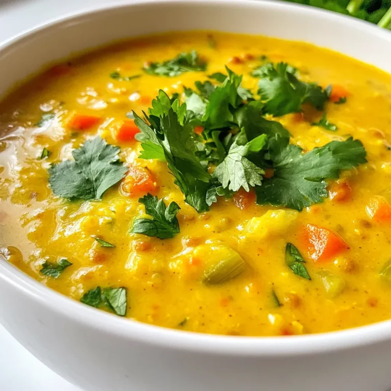 - 1 cup dried red lentils, rinsed - 1 can (14 oz) coconut milk - 1 medium onion, chopped - 2 cloves garlic, minced - 1-inch piece of ginger, grated - 2 carrots, diced - 2 celery stalks, diced - 1 cup vegetable broth - 2 cups water - 2 tablespoons olive oil The main ingredients in this creamy coconut lentil soup create a rich and comforting flavor. The dried red lentils pack protein and fiber. Coconut milk adds a creamy texture and sweetness. Fresh onion, garlic, ginger, carrots, and celery bring depth and warmth to the dish. - 1 tablespoon curry powder - 1 teaspoon turmeric - Salt and pepper to taste Spices are key to this soup's flavor. Curry powder adds warmth and spice, while turmeric gives a lovely golden color. Salt and pepper help bring out all the flavors, making each bite delicious. - Fresh cilantro Fresh cilantro adds a burst of freshness and color. It’s a great way to finish the soup and elevate the taste. You can skip it if you prefer, but I highly recommend it for a pop of flavor! {{ingredient_image_1}} Start by heating two tablespoons of olive oil in a large pot over medium heat. Add one chopped onion, two minced garlic cloves, and a one-inch piece of grated ginger. Sauté this mix for about three to five minutes. You want the onion to look clear and smell nice. Next, add two diced carrots and two diced celery stalks to the pot. Stir them in and cook for another five minutes. The vegetables should soften and mix well with the flavors of the onion, garlic, and ginger. Now it's time for the spices. Stir in one tablespoon of curry powder and one teaspoon of turmeric. Let the spices toast for about one minute. This helps bring out their flavors. After that, add one cup of rinsed red lentils, one cup of vegetable broth, and two cups of water. Bring the mixture to a boil. Once boiling, reduce the heat to low. Cover the pot and let it simmer for about 20 to 25 minutes. The lentils should be soft and fully cooked. When the lentils are ready, stir in one can (14 oz) of coconut milk. Season the soup with salt and pepper to taste. Let the soup warm through for another five minutes. If you like a creamier soup, use an immersion blender to blend part of the soup until smooth. You can also blend a portion in a regular blender and return it to the pot. This step is optional but adds a nice texture. Serve the soup hot and garnish it with fresh cilantro. Enjoy your creamy coconut lentil soup! To make your soup creamy, an immersion blender works wonders. Blend a portion of the soup until smooth. If you don't have one, transfer some soup to a blender, then return it to the pot. This gives you that nice creamy texture without losing all the lentils. For those who love a chunky soup, leave some lentils whole. This adds a nice bite to each spoonful. A squeeze of lime juice brightens the soup's flavor. Just add it before serving for a fresh zing. If you want to change the taste, swap spices. Try smoked paprika for a deep flavor or cumin for warmth. You can also add chili powder for a kick. Each spice gives a whole new taste experience. If you need a gluten-free option, this soup is already safe. All ingredients are gluten-free. For a healthier choice, use low-sodium broth. This keeps the soup tasty without too much salt. You can control the seasoning better this way, too. Just adjust the salt and pepper to your taste. Pro Tips Use Fresh Ingredients: For the best flavor, use fresh garlic and ginger instead of powdered versions. Adjust Spice Levels: Feel free to adjust the amount of curry powder and turmeric based on your spice preference. Make It Creamier: Blend a portion of the soup with an immersion blender for a creamier texture. Storage Tips: Store any leftovers in an airtight container in the fridge for up to 3 days, or freeze for longer storage. {{image_2}} You can switch up the lentils in this soup. While I use red lentils for their quick cooking time, green or brown lentils work too. They add a different texture. You can also replace the carrots and celery with whatever veggies you have on hand. Try sweet potatoes, zucchini, or even bell peppers. Seasonal veggies can give your soup a fresh twist. This recipe is already vegan. You can add toppings like avocado or nuts for some crunch. If you're looking for keto options, skip the carrots. Use cauliflower instead. It keeps the soup low in carbs while still adding flavor and texture. This soup tastes great on its own, but serving it with bread or rice takes it up a notch. A slice of crusty bread is perfect for dipping. You can also serve it as a starter before a big meal or make it the main course. It’s filling and packed with flavor, making it a winner for any occasion. After you enjoy your creamy coconut lentil soup, store any leftovers in the fridge. Use airtight containers to keep the soup fresh. Glass or plastic containers work great. Make sure the soup cools down before sealing the container. This helps prevent moisture buildup inside the container, which can spoil the soup faster. You can freeze this soup for later enjoyment. First, let the soup cool completely. Then, pour it into freezer-safe containers or bags. Remove as much air as possible before sealing to avoid freezer burn. Label the containers with the date. To thaw, place the soup in the fridge overnight. For reheating, warm it on the stove over low heat or in the microwave until hot. In the fridge, this soup lasts up to five days. For the best taste, eat it within three days. When frozen, enjoy it within three months for the best quality. Always check for any off smells or changes in texture before eating leftovers. By following these tips, you can savor your creamy coconut lentil soup anytime! Yes, you can make this soup ahead of time! Here are some tips for preparing it in advance: - Cook and Cool: Make the soup, then let it cool down. Place it in an airtight container. - Store in the Fridge: Keep it in the fridge for up to three days. Just reheat before serving. - Freeze for Later: You can also freeze the soup. It lasts up to three months. Thaw it overnight in the fridge before reheating. Absolutely! If you want to add some heat, try these suggestions: - Add Chili Powder: Mix in a teaspoon of chili powder for a warm kick. - Use Fresh Chilis: Chop fresh red or green chilis and sauté them with the onions. - Hot Sauce: Drizzle in your favorite hot sauce just before serving for an extra boost. If you prefer not to use coconut milk, there are great alternatives: - Almond Milk: Use unsweetened almond milk for a light option. - Cashew Cream: Blend soaked cashews with water for a rich, creamy texture. - Soy Milk or Oat Milk: Both can add creaminess without overpowering the dish. These swaps will still give your soup a nice, creamy feel. This blog outlined how to make a tasty soup using simple, healthy ingredients. We covered the main ingredients, key steps, and clever tips to enhance flavor. I shared ways to modify the recipe for dietary needs and how to store your soup properly. With this knowledge, you can create a delicious meal that suits your taste. Experiment with ingredients and enjoy your cooking!