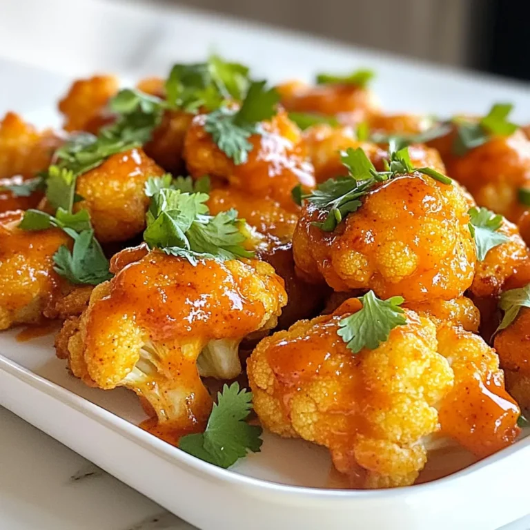 - Cauliflower florets - All-purpose or gluten-free flour - Unsweetened almond milk or other plant-based milk To make buffalo cauliflower bites, start with a large head of cauliflower. Cut it into bite-sized florets. The florets should be small enough to coat well but big enough to hold the flavor. For the batter, you can use all-purpose flour or gluten-free flour. Both work great. Use one cup of either type. Then, add one cup of unsweetened almond milk or any plant-based milk. This helps create a smooth batter. - Garlic powder - Onion powder - Smoked paprika - Salt Next, we add flavor! Use one teaspoon of garlic powder and one teaspoon of onion powder. These spices give a nice depth. Smoked paprika adds a warm, smoky taste. Add one teaspoon of this spice. Finally, don't forget the salt. Use half a teaspoon to enhance all the flavors. - Buffalo sauce - Vegan butter (optional) - Fresh cilantro or parsley For the sauce, one cup of buffalo sauce is key. You can adjust it to your taste. If you want a richer flavor, mix in two tablespoons of melted vegan butter. This step is optional but tasty! To finish, garnish with fresh cilantro or parsley. This adds a pop of color and freshness. {{ingredient_image_1}} Set your oven to 450°F (230°C). This high heat helps make the bites crispy. Line a baking sheet with parchment paper. This keeps the bites from sticking. In a large bowl, mix 1 cup of flour with 1 cup of almond milk. Add 1 teaspoon garlic powder, 1 teaspoon onion powder, 1 teaspoon smoked paprika, and ½ teaspoon salt. Whisk until it’s smooth. The batter should not be too thick or too runny. Take each cauliflower floret and dip it into the batter. Make sure each piece gets fully coated. Let any extra batter drip off. Place the coated florets on the baking sheet in a single layer. This helps them cook evenly. Bake the cauliflower for 20 minutes. Check to see if they are golden brown and crispy. If they need more time, bake for a few extra minutes. While the cauliflower bakes, mix 1 cup of buffalo sauce with 2 tablespoons of melted vegan butter in a small bowl. This makes the sauce richer. You can adjust the amount of buffalo sauce to make it spicier or milder based on your taste. After 20 minutes, take the cauliflower out of the oven. Drizzle or toss them with the buffalo sauce until they are well coated. Return the cauliflower to the oven for another 10 minutes. This second bake helps the sauce set and makes the bites even crispier. To get the best texture in your buffalo cauliflower bites, focus on the batter. Your batter should be smooth but thick enough to cling to the florets. If it’s too runny, add a little more flour. Aim for a consistency that coats the cauliflower well. When baking, cook the florets for 20 minutes at 450°F. This makes them crispy. For extra crunch, bake them for an additional 10 minutes after adding the buffalo sauce. You can boost the flavor of your buffalo cauliflower bites with extra spices. Try adding a pinch of cayenne for heat or dried oregano for a touch of earthiness. You can also mix in some lemon zest for a fresh twist. If you love garlic, add more garlic powder to the batter. These small changes can make a big difference! Serve your buffalo cauliflower bites on a large platter. Add celery sticks for crunch and a side of ranch or blue cheese dressing for dipping. This not only makes it tasty but also fun to eat. To make it visually appealing, sprinkle fresh cilantro or parsley on top. This adds a beautiful pop of green that invites everyone to dig in! Pro Tips Use Fresh Cauliflower: Fresh cauliflower will yield the best texture and flavor. Look for firm, tightly packed florets without any brown spots. Adjust Spice Level: Customize the heat of your buffalo sauce by using a milder sauce or adding honey for sweetness if you prefer a less spicy version. Experiment with Seasonings: Feel free to add your favorite spices or herbs to the batter for more depth of flavor. Try adding cayenne pepper for extra heat! Perfectly Crispy Bites: For extra crispiness, consider air frying the coated cauliflower florets instead of baking them. Adjust cooking time as necessary. {{image_2}} You can play with different flavors in your buffalo cauliflower bites. If you want a spicy kick, try adding cayenne pepper or chili powder to the batter. For a smoky taste, smoked paprika is a great choice. You can also switch up the buffalo sauce. Try a honey mustard sauce for a sweet and tangy twist. You can even use BBQ sauce for a different flavor profile. Get creative and mix your favorite spices, like cumin or Italian herbs, for a unique touch. If you need a gluten-free version, swap all-purpose flour for gluten-free flour. This keeps the same great texture while making it safe for gluten-sensitive eaters. You can also use chickpea flour, which adds protein and a nutty flavor. Just make sure to check the labels on your buffalo sauce. Some sauces may contain gluten. Always choose a brand that’s marked gluten-free to ensure a safe snack. This recipe is already vegan-friendly, but you can enhance the plant-based aspect. Instead of using any butter, stick with oil to keep it light. You can use olive oil or avocado oil in the sauce. If you want to make it extra creamy, add a splash of coconut milk to the buffalo sauce. This gives a rich texture without losing the plant-based appeal. Always look for vegan-friendly sauces to keep it true to the recipe. Enjoy guilt-free snacking! To keep your buffalo cauliflower bites fresh, store them in the fridge. Place them in an airtight container. This helps them stay crispy and tasty. They can last up to three days. If they lose some crispiness, don't worry; you can crisp them up again when reheating. To reheat your cauliflower bites, use the oven. Preheat it to 350°F (175°C). Spread the bites on a baking sheet. Bake for about 10 minutes. This keeps the outside crispy. You can also use an air fryer for quick reheating. Just set it to 350°F (175°C) for about five minutes. If you want to save some bites for later, freezing is a great option. Let them cool completely before freezing. Place them in a single layer on a baking sheet. Freeze for a few hours. Then, transfer the frozen bites to a freezer-safe bag. They can last up to three months. When ready to eat, bake them directly from the freezer. Just add a few extra minutes to the cooking time. Yes, you can use frozen cauliflower. Frozen cauliflower is often pre-cut. This saves you time. However, fresh cauliflower gives better texture. Frozen pieces may become soggy when baked. If you use frozen, thaw and pat dry. This helps keep them crispy. To lower the heat, adjust the buffalo sauce. You can use less sauce or mix it with a bit of almond milk. This makes the sauce milder. Another option is to add a little honey or maple syrup. These sweeteners balance the spice well. Ranch dressing is a top choice. It cools down the heat well. Blue cheese dressing also pairs nicely. Both options provide a creamy contrast to the spicy bites. You can even make your own dip using yogurt and herbs. To air fry, preheat your air fryer to 400°F (200°C). Dip the cauliflower florets in the batter. Place them in the air fryer basket. Cook for 12-15 minutes. Shake the basket halfway through for even cooking. After air frying, toss in buffalo sauce and serve. This recipe shows how to make tasty buffalo cauliflower bites. We covered key ingredients like cauliflower, flour, and plant-based milk. You learned step-by-step instructions for baking and making the perfect buffalo sauce. I shared tips on flavor variations and how to store leftovers. Buffalo cauliflower bites are easy to make and full of flavor. Enjoy these bites at your next gathering as a fun snack or appetizer. Try different dips to find your favorite!