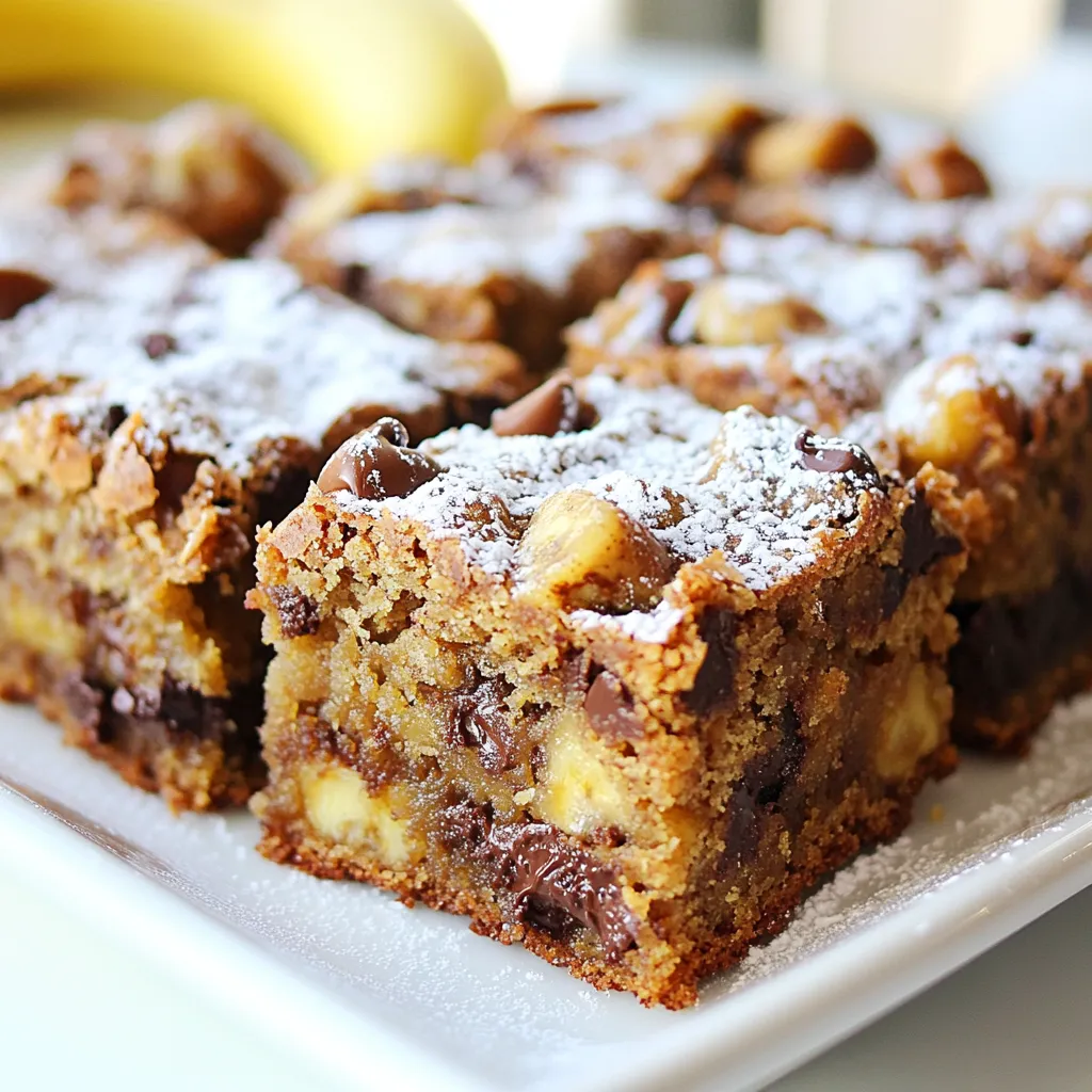 - 2 ripe bananas, mashed - 1/2 cup unsalted butter, melted - 3/4 cup brown sugar - 1 large egg - 1 teaspoon vanilla extract - 1 cup all-purpose flour - 1/2 teaspoon baking soda - 1/4 teaspoon salt - 1/2 cup chocolate chips - 1/2 cup chopped walnuts (optional) Each ingredient plays a key role in the recipe. The ripe bananas give natural sweetness and moisture. The melted butter adds richness, while brown sugar adds a deep flavor. The large egg binds the mix. Vanilla extract brings warmth. All-purpose flour gives structure, and baking soda helps the blondies rise. Salt enhances all the flavors. Chocolate chips provide sweetness and texture. If you love crunch, add walnuts for a nice touch. Chopped walnuts are great but not a must. You can also try adding peanut butter or coconut for new flavors. Mix it up and make it yours! {{ingredient_image_1}} Start by preheating your oven to 350°F (175°C). This step is important. While the oven warms up, take an 8x8 inch baking pan. You can grease it with butter or line it with parchment paper. Lining the pan makes it easier to remove the blondies later. In a large mixing bowl, combine the melted butter and brown sugar. Use a whisk to mix them together until smooth. Next, add the two ripe bananas. Make sure they are well-mashed for the best flavor. Then, crack in one large egg and pour in one teaspoon of vanilla extract. Stir this mixture until everything is well-blended. The wet ingredients should look creamy and inviting. In a separate bowl, whisk together one cup of all-purpose flour, half a teaspoon of baking soda, and a quarter teaspoon of salt. This mix is key for the right texture. Gradually add the dry mix to the wet mixture. Stir gently until just combined. Be careful here; overmixing can lead to tough blondies. Now it's time to fold in the fun stuff! Add half a cup of chocolate chips and, if you like, half a cup of chopped walnuts. Mix gently until the chips are evenly spread. Pour the batter into your prepared baking pan, spreading it out evenly. Bake in your preheated oven for 25 to 30 minutes. To check if they are done, insert a toothpick into the center. If it comes out clean, they are ready! Let them cool in the pan for 10 minutes before moving them to a wire rack to cool completely. To get that soft and chewy texture, follow these steps. Use ripe bananas; they add moisture and flavor. Mash them well, but don’t overmix your batter. Stir gently when combining wet and dry ingredients. This keeps the blondies light and fluffy. If you want a chewy edge, bake them slightly longer. You’ll know they’re done when a toothpick comes out clean. Store your blondies in an airtight container. This keeps them soft and fresh for days. You can also wrap them in plastic wrap for extra protection. If you want to keep them longer, freeze them. Just cut them into squares before wrapping. They can last up to three months in the freezer. To enjoy, simply thaw at room temperature. Serve these blondies warm for a tasty treat. You can dust them with powdered sugar for a sweet touch. Add a few banana slices or extra chocolate chips on top. They pair well with a scoop of vanilla ice cream. For a fun twist, try drizzling caramel sauce over them. Enjoy them at parties or as a snack! Pro Tips Use Overripe Bananas: The riper the bananas, the sweeter and more flavorful your blondies will be. Look for bananas with lots of brown spots for optimal taste. Don’t Overmix: When combining wet and dry ingredients, mix just until incorporated. Overmixing can lead to dense blondies rather than a light and chewy texture. Substitute with Nut Butters: For a nutty flavor, try substituting part of the butter with almond or peanut butter. It adds a delicious twist to the classic recipe. Storage Tips: Store blondies in an airtight container at room temperature for up to 3 days or refrigerate for a week. They also freeze well for longer storage. {{image_2}} You can make your chocolate chip banana bread blondies even more fun! Try adding peanut butter for a nutty twist. Just mix in 1/4 cup of creamy peanut butter with the wet ingredients. Or consider shredded coconut for a tropical vibe. About 1/2 cup of coconut will add great flavor and texture. Both options will make these blondies even more delightful. Want to make your blondies a bit healthier? Use whole wheat flour instead of all-purpose flour. It gives a nice nutty flavor and adds fiber. You can also swap brown sugar for natural sweeteners like honey or maple syrup. If you use honey, cut the amount to 1/2 cup since it’s sweeter. These changes keep your treat tasty while adding some health benefits. If you need a gluten-free version, no problem! Simply replace the all-purpose flour with a gluten-free flour blend. Make sure the blend has xanthan gum. This helps to hold the blondies together. You can also check that your chocolate chips are gluten-free. Enjoy this delicious treat without worry! To keep your chocolate chip banana bread blondies fresh, store them in an airtight container. This helps stop air from drying them out. Keep them at room temperature for up to four days. If you want to enjoy them longer, refrigeration is a good option. Just remember, cold can change the texture a bit. You can easily freeze these blondies. Start by cutting them into squares. Wrap each piece in plastic wrap. Place the wrapped blondies in a freezer-safe bag or container. They can stay frozen for up to three months. When you're ready to eat, just take out the amount you want. Reheating blondies is simple. You can use the microwave for a quick warm-up. Heat them for about 10-15 seconds. If you prefer the oven, preheat it to 350°F (175°C). Place the blondies on a baking sheet and warm for about 5-10 minutes. This way, they taste fresh and soft again. Enjoy your delicious treat! To check if the blondies are ready, insert a toothpick into the center. If it comes out clean or with a few crumbs, they are done. If the toothpick has wet batter, bake for a few more minutes. Remember, every oven is different. So, keep an eye on them after 25 minutes. The edges should look golden brown, and the center should not jiggle. Yes, you can substitute ingredients in this recipe. For instance, you can use coconut oil instead of butter. If you don't have brown sugar, white sugar works too. You can also swap out the walnuts for pecans or skip them entirely. If you want a vegan option, replace the egg with a flax egg. Just mix one tablespoon of flaxseed meal with two and a half tablespoons of water and let it sit. To adjust the sweetness, you can change the amount of brown sugar. Use less sugar if you prefer less sweetness. You might also add a pinch of salt to balance the flavors. If you want them sweeter, add a bit more sugar or include extra chocolate chips. Tasting the batter before baking can help you decide how sweet you want them. This blog post covered all the key steps to make delicious blondies. We went over the needed ingredients, along with how to mix and bake them. You learned tips for the perfect texture and how to store your blondies. Variations let you change flavors or make them healthier. In the end, have fun experimenting with flavors and share your results. These blondies are simple to make and enjoyable to eat. Enjoy your baking journey!