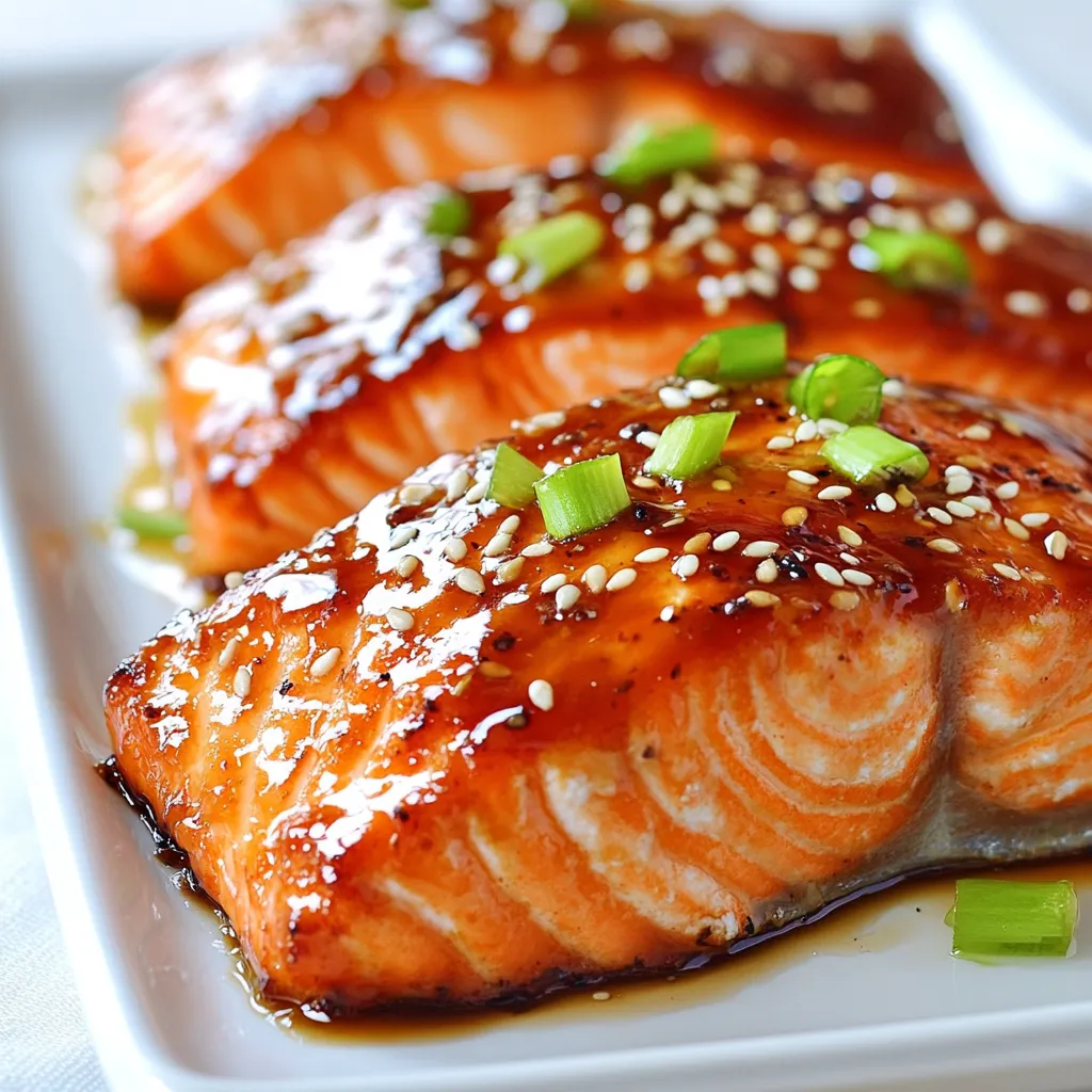 For this tasty dish, you will need: - 4 salmon fillets - 3 tablespoons honey - 2 tablespoons Sriracha sauce - 1 tablespoon low-sodium soy sauce - 2 cloves garlic, minced - 1 teaspoon grated ginger - 1 tablespoon olive oil - Salt, to taste - Pepper, to taste These main ingredients come together to make a sweet and spicy glaze for the salmon. The honey adds sweetness, while the Sriracha brings heat. The garlic and ginger give it depth, making every bite flavorful. You can add some fun garnishes for extra flavor and looks: - 2 green onions, sliced - Sesame seeds These garnishes brighten up your dish. The green onions add a fresh crunch, and the sesame seeds give a nice nutty flavor. Pair your Honey Sriracha Salmon with these sides for a complete meal: - Steamed broccoli - Jasmine rice - Quinoa salad These sides balance the rich salmon. Broccoli adds nutrients, while rice or quinoa soaks up the glaze, making each bite even better. Enjoy your meal! {{ingredient_image_1}} To make the glaze, grab a small bowl. Add 3 tablespoons of honey, 2 tablespoons of Sriracha sauce, and 1 tablespoon of low sodium soy sauce. Then, mince 2 cloves of garlic and grate 1 teaspoon of ginger to add to the mix. Whisk these ingredients together. You want a smooth blend with a nice kick. This glaze is key for that sweet and spicy flavor. Now, preheat your oven to 400°F (200°C). While it heats, line a baking sheet with parchment paper. You can also lightly grease it with olive oil. Place 4 salmon fillets on the sheet, skin-side down. Brush the honey Sriracha glaze over the salmon generously. Save a bit of glaze for later. Season the salmon with salt and pepper. Bake it in the oven for 12 to 15 minutes. You know it's done when it flakes easily with a fork. For extra caramelization, turn on the broiler for the last 2 to 3 minutes. Watch it closely to avoid burning. After baking, take the salmon out of the oven. Brush it with the remaining glaze for extra flavor. For a beautiful finish, garnish with sliced green onions and sesame seeds. This adds color and crunch, making your dish look stunning and inviting. Enjoy your Honey Sriracha Salmon! I love baking salmon. It cooks evenly and keeps the fish moist. Baking at 400°F (200°C) works great. It takes about 12-15 minutes. For a crisp finish, broil for the last few minutes. Just watch it closely to avoid burning. To boost flavor, use fresh ingredients. Fresh garlic and ginger add a nice kick. You can also mix in lime juice or orange zest for brightness. If you like heat, add more Sriracha. A sprinkle of sesame seeds and sliced green onions adds color and crunch. Don’t overcook your salmon. Cook it until it flakes easily with a fork. Use a meat thermometer to check for doneness. Aim for 145°F (63°C) in the thickest part. Also, avoid skimping on the glaze. A generous coat gives the best flavor. Pro Tips Perfectly Cooked Salmon: Use a meat thermometer to check the internal temperature of the salmon, which should reach 145°F (63°C) for optimal doneness. Adjusting Spice Level: Modify the amount of Sriracha in the glaze to suit your taste. For a milder flavor, start with less and gradually increase. Serving Suggestions: Pair the glazed salmon with steamed rice or quinoa and roasted vegetables to create a well-rounded meal. Storage Tips: Store any leftover salmon in an airtight container in the refrigerator for up to 2 days, and reheat gently to avoid drying it out. {{image_2}} You can switch salmon for other proteins. Chicken breast works well. It absorbs flavors nicely. Tofu is another great option for a plant-based meal. It holds the glaze well, too. Shrimp can also be a tasty alternative. Cook the shrimp until pink and firm. You can change the sauce to fit your taste. Try using teriyaki sauce instead of Sriracha. This adds sweetness and a nice glaze. You can also add lime juice for a fresh kick. If you love heat, consider adding more Sriracha or chili flakes. For a vegetarian twist, use cauliflower steaks. Coat them in the honey Sriracha glaze. Roast until tender for a delightful dish. Another option is eggplant. Slice it thick, glaze it, and roast until soft. Both options give you great flavor without meat. After enjoying your Honey Sriracha Salmon, let it cool to room temperature. Then, place the leftover salmon in an airtight container. Make sure to cover it well to keep the flavors intact. Store the container in the fridge. Leftover salmon stays fresh for up to three days. To freeze your Honey Sriracha Salmon, wrap each fillet in plastic wrap. Place the wrapped salmon in a freezer-safe bag. Squeeze out as much air as you can before sealing. This helps to avoid freezer burn. You can freeze the salmon for up to three months for best quality. When you're ready to enjoy the leftovers, preheat your oven to 350°F (175°C). Place the salmon on a baking sheet lined with foil. Cover it loosely with foil to keep it moist. Heat for about 10-15 minutes, or until warmed through. You can also reheat it in the microwave. Just cover it with a damp paper towel, and heat for 1-2 minutes. Enjoy your meal! You can pair Honey Sriracha Salmon with many sides. Here are some ideas: - Steamed rice or quinoa for a hearty base. - Roasted vegetables like broccoli or asparagus for crunch. - A fresh salad with greens, cucumber, and a light dressing. - Mashed sweet potatoes for a sweet touch. These sides balance the salmon’s sweet and spicy flavors well. Yes, you can make the glaze ahead of time. Store it in an airtight container in the fridge. It stays fresh for up to three days. Just give it a good stir before using. This way, you save time when cooking! To check if salmon is done, look for a few signs. The flesh should be opaque and flake easily with a fork. You can also use a food thermometer. The thickest part should reach 145°F (63°C). If you see these signs, your salmon is perfectly cooked! This blog post covered Honey Sriracha Salmon from start to finish. We explored ingredients, step-by-step cooking methods, and helpful tips. You learned about variations for proteins and sauces, along with effective storage info. Remember, cooking salmon can be simple and fun. With practice, you will impress your family and friends. Focus on the flavors and avoid common mistakes. You can enjoy delicious meals and make them your own!