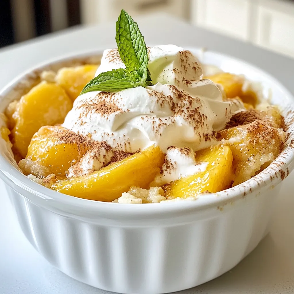 To make a delicious peaches and cream cobbler, you'll need these simple ingredients: - 4 large ripe peaches, sliced - 1/2 cup granulated sugar - 1 tablespoon lemon juice - 1 teaspoon vanilla extract - 1 cup all-purpose flour - 1 tablespoon baking powder - 1/4 teaspoon salt - 1/2 cup whole milk - 1/4 cup unsalted butter, melted - 1 teaspoon ground cinnamon - 1 cup heavy cream - 1 tablespoon powdered sugar - Fresh mint leaves for garnish (optional) Each ingredient plays a key role in creating this sweet treat. The peaches bring a juicy flavor, while the sugar and lemon juice enhance their natural taste. Vanilla adds warmth and depth. Flour, baking powder, and milk make a soft, fluffy batter. Butter provides richness, and cinnamon gives a warm spice. Lastly, whipped cream adds creamy texture, making every bite delightful. Enjoy picking the freshest peaches to elevate your cobbler! {{ingredient_image_1}} First, I preheat the oven to 350°F (175°C). While it warms up, I grease a 9x9-inch baking dish with butter. This helps the cobbler not stick when baking. Next, I slice four ripe peaches and place them in a bowl. I add half a cup of granulated sugar, one tablespoon of lemon juice, and one teaspoon of vanilla extract. I mix it gently to combine. I let the peaches sit so they can release their juices. In a different bowl, I whisk one cup of all-purpose flour, one tablespoon of baking powder, one-fourth teaspoon of salt, and one teaspoon of ground cinnamon. Then, I pour in half a cup of whole milk and a quarter cup of melted unsalted butter. I stir until it's just mixed, leaving it a bit lumpy. I pour the batter into the greased baking dish. I spread it evenly across the bottom. Then, I spoon the peach mixture on top, spreading the peaches and juices evenly. I bake it for 35 to 40 minutes. I know it’s done when the top is golden and a toothpick comes out clean. While the cobbler bakes, I prepare the whipped cream. I take one cup of heavy cream and one tablespoon of powdered sugar. Using an electric mixer, I beat them together until soft peaks form. This only takes a few minutes. Once the cobbler cools for about 10 minutes, I serve it warm. I add a generous dollop of whipped cream on each serving. For a fun touch, I might add fresh mint leaves or a sprinkle of cinnamon on top. This makes it look nice and adds extra flavor. Choose ripe peaches for the best flavor. Look for peaches that feel slightly soft when you squeeze them. Their skin should have a warm hue, often a mix of gold and red. A sweet smell at the stem is a good sign too. If they are hard, let them ripen at room temperature for a few days. Mix the batter gently. Overmixing can lead to a tough cobbler. When you add the milk and melted butter, stir just until combined. It’s okay if there are small lumps. This keeps the cobbler light and fluffy. Remember, less is more when it comes to mixing! For great whipped cream, start with cold heavy cream. Use a large mixing bowl and an electric mixer. Beat the cream and powdered sugar until soft peaks form. Don’t whip too long, or it may turn to butter. Perfect whipped cream should be fluffy and hold its shape. Pro Tips Choose the Right Peaches: Use ripe, sweet peaches for the best flavor. Look for peaches that are slightly soft to the touch and have a fragrant aroma. Don't Overmix the Batter: When combining the wet and dry ingredients, mix just until combined. Overmixing can lead to a dense cobbler instead of a light and fluffy texture. Let It Rest: Allow the cobbler to cool for about 10 minutes after baking. This resting time helps the cobbler set and makes it easier to serve. Experiment with Spices: Feel free to add other spices like nutmeg or ginger to the batter for an extra layer of flavor that complements the peaches. {{image_2}} You can swap peaches for other fruits. Try ripe pears, sweet cherries, or juicy blueberries. Each fruit brings a unique flavor. You can also mix fruits for a fun twist. For example, peach and raspberry make a great pair. Just keep the sugar balance in mind. Adjust the sugar for tart fruits, like cherries. To make this cobbler gluten-free, switch to gluten-free flour. Many blends work well in this recipe. You can easily find these flours in stores. Just replace the all-purpose flour one-for-one. Be sure to check your baking powder too. Some brands may contain gluten, so read the label. Add spices for extra flavor. A pinch of nutmeg or ginger can change the taste. You can also stir in nuts, like pecans or almonds. This adds crunch and depth. For a more tropical vibe, add shredded coconut. If you love citrus, try orange zest in the batter. It brightens the whole dish. Store any leftover peaches and cream cobbler in a sealed container. Keep it in the fridge for up to three days. If you do not have a container, cover the dish with plastic wrap. This keeps the cobbler safe from drying out. To reheat, preheat your oven to 350°F (175°C). Place the cobbler in an oven-safe dish. Heat for about 15-20 minutes until warm. You can also microwave individual servings for about 30 seconds. Add a dollop of fresh whipped cream after reheating for extra flavor. You can freeze the cobbler if you want to enjoy it later. Cut it into portions and place them in freezer-safe bags. Make sure to remove as much air as possible. The cobbler can last in the freezer for up to three months. When you are ready to eat it, thaw in the fridge overnight and reheat as mentioned above. Yes, you can use canned peaches. Just make sure they are sliced and drained. Canned peaches are sweet and soft, but fresh peaches taste better. Fresh peaches add a nice texture and flavor. If you use canned, reduce the sugar a bit. To make this recipe vegan, swap out the dairy. Use almond milk or oat milk instead of whole milk. Replace the butter with coconut oil or vegan butter. For the whipped cream, try using coconut cream or a store-bought vegan whipped topping. These changes keep the cobbler rich and tasty. You can serve this cobbler with many tasty sides. Ice cream is a classic choice. Vanilla or cinnamon ice cream pairs nicely. You can also serve it with whipped cream or yogurt. Fresh mint leaves add a nice touch too. Peaches and cream cobbler lasts for about 2-3 days in the fridge. Make sure to cover it well. If you want it to last longer, freeze it. Just wrap it tightly in plastic wrap and then in foil for up to 3 months. Yes, you can easily double the recipe. Just use a larger baking dish, like a 9x13 inch one. Keep the same baking time, but check for doneness. It may take a few more minutes to bake through. Enjoy sharing this delicious treat! This blog post covered a tasty peach cobbler recipe. We looked at the key ingredients and detailed steps to create it. I shared tips on selecting peaches and making perfect whipped cream. You also learned about fun variations and how to store leftovers. In conclusion, making peach cobbler is simple and rewarding. Enjoy it fresh or with variations. Try this recipe for a delightful treat that pleases everyone!