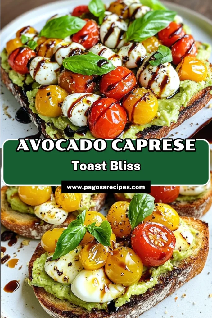 Discover the deliciousness of Avocado Caprese Toast with this easy avocado toast recipe! Perfect healthy brunch ideas, this delightful mozzarella and tomato toast is topped with fresh basil and drizzled with balsamic glaze for an irresistible flavor. Ready in just 20 minutes, it’s a must-try for any food lover. Save this recipe for your next meal and impress your guests! #AvocadoCapreseToast #HealthyBrunchIdeas #BalsamicGlazeRecipes #EasyAvocadoToast
