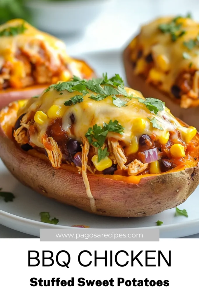 Indulge in a delicious blend of flavors with these BBQ Chicken Stuffed Sweet Potatoes! This easy stuffed sweet potatoes recipe is perfect for a quick, healthy BBQ chicken dinner. Load up sweet potatoes with shredded chicken, BBQ sauce, corn, and cheese for a satisfying meal everyone will love. Save this easy sweet potato recipe for a hearty family favorite! #BBQChickenSweetPotatoes #HealthyDinner #EasyRecipes #StuffedSweetPotatoes
