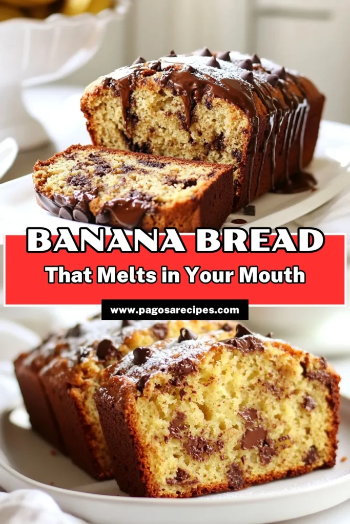 Indulge in this moist chocolate chip banana bread that’s simply irresistible! Our easy banana bread recipe combines the natural sweetness of ripe bananas with rich chocolate chips and optional walnuts for a delightful twist. Perfect for breakfast or a snack, this chocolate chip banana bread will quickly become your go-to favorite. Try it today and savor the deliciousness! Save this recipe for later and share your baking adventures! #BananaBreadRecipe #ChocolateChipBananaBread #EasyBananaBread #BananaBreadWithWalnuts
