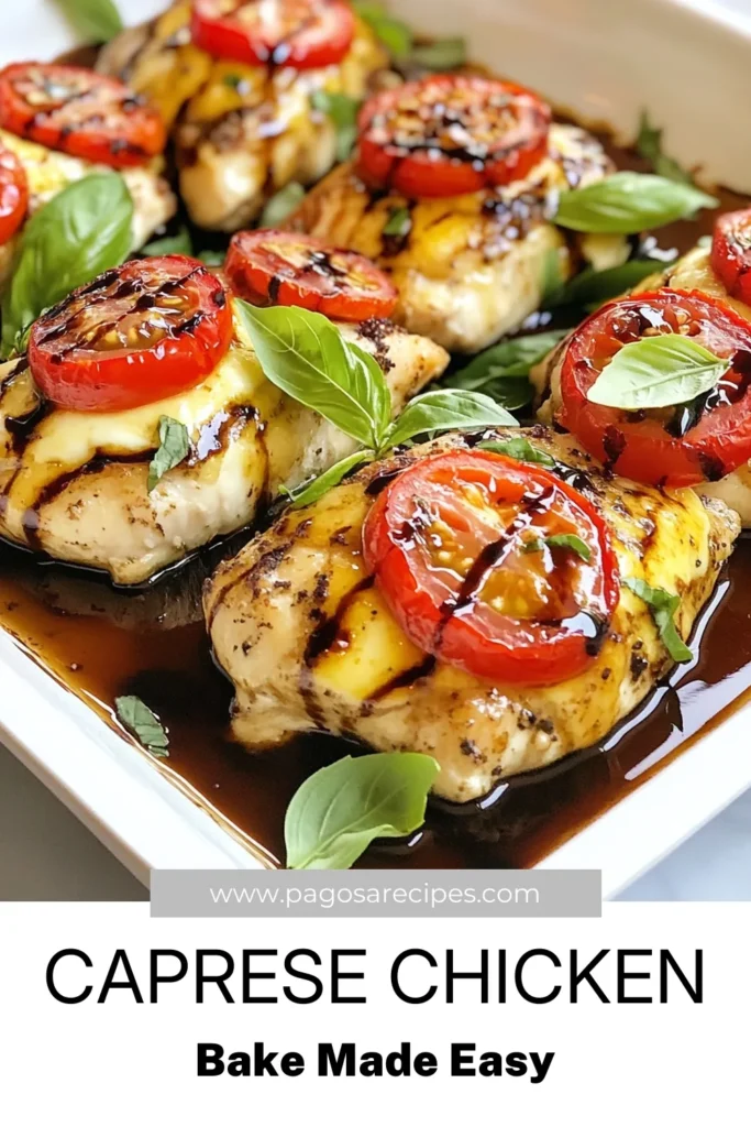 Looking for a delicious dinner idea? Try this easy Caprese Chicken Bake! This baked chicken recipe features juicy chicken breasts topped with fresh tomatoes, creamy mozzarella, and fragrant basil drizzled with balsamic glaze. Perfect for a comforting Italian chicken dinner, this mozzarella chicken bake is a crowd-pleaser. Don’t miss out on this tasty dish—save this recipe for your next meal! #CapreseChickenBake #BakedChickenRecipe #EasyCapreseChicken #ItalianDinner