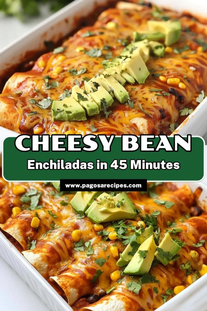 Indulge in these cheesy bean enchiladas that are a delightful twist on classic black bean enchiladas! This easy veggie enchiladas recipe features tender corn tortillas filled with a seasoned black bean and corn mixture, smothered in homemade enchilada sauce and topped with gooey cheese. Perfect for any meal, they’re quick to prepare and utterly delicious. Don’t miss out on this homemade enchilada recipe; save it now! #CheesyBeanEnchiladas #VeggieEnchiladas #EnchiladaRecipe #BlackBeanEnchiladas