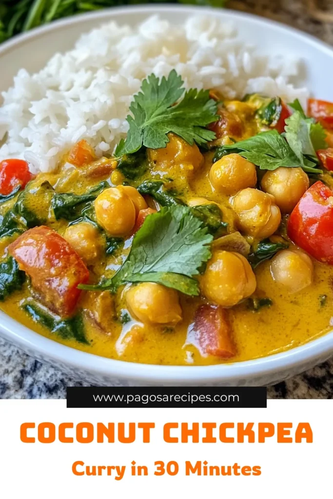 Discover this delicious Coconut Chickpea Curry recipe that’s quick and easy! This creamy vegan coconut curry blends chickpeas with rich coconut milk, making it a healthy option for any meal. Perfect for busy weeknights, this vegetarian curry with coconut milk is a delightful addition to your collection of healthy chickpea recipes. Serve it with rice or naan for a satisfying dish. Save this easy chickpea curry recipe for your next family dinner! #CoconutChickpeaCurry #VeganCoconutCurry #EasyChickpeaCurry #HealthyRecipes