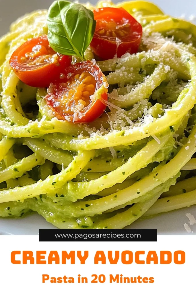 Discover the deliciousness of creamy avocado pasta! This easy avocado recipe features ripe avocados blended into a smooth vegan pasta sauce, perfect for healthy pasta dishes. In just 20 minutes, you can create a satisfying meal that everyone will love. Serve it with cherry tomatoes and optional Parmesan for a burst of flavor. Try this creamy avocado pasta recipe today and elevate your weeknight dinners! Save for later! #CreamyAvocadoPasta #HealthyPastaDishes #VeganPastaSauce #EasyAvocadoRecipes
