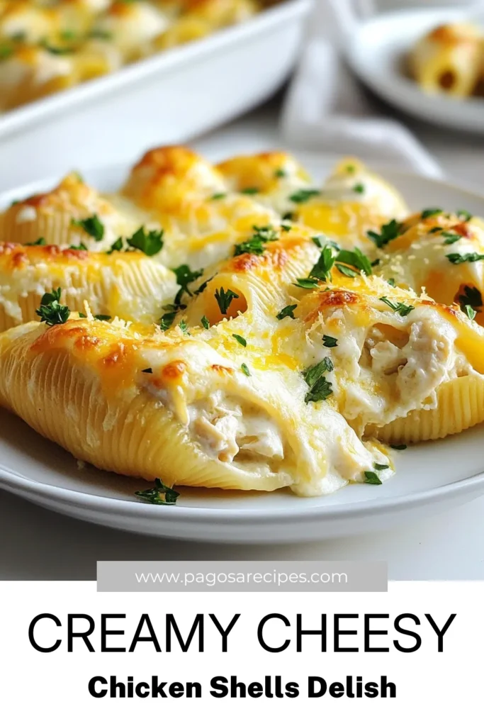 Indulge in a comforting dish with these Cheesy Chicken Alfredo Stuffed Shells. This Jumbo Pasta Shells Recipe is perfect for an easy chicken Alfredo dinner that your family will love. Stuff them with a creamy mixture of shredded chicken, ricotta, and gooey cheese, then bake for a cheesy delight. Make mealtime special with these delicious baked stuffed shells with cheese. Try it today! #ChickenAlfredo #StuffedShells #EasyDinner #PastaRecipes