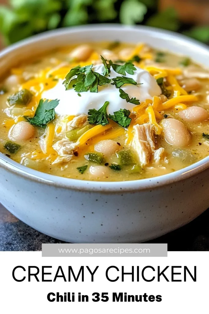 Warm up your evenings with this creamy white chicken chili! This easy chicken chili recipe features tender shredded chicken, white beans, and aromatic spices for a comforting dish that everyone will love. Perfect as a comfort food chili recipe for chilly nights, this is the best chicken chili you’ll find. Ready in just 35 minutes, it’s a must-try! Save this recipe for your next family meal! #WhiteBeanChili #BestChickenChili #ComfortFood #EasyChickenChiliRecipe