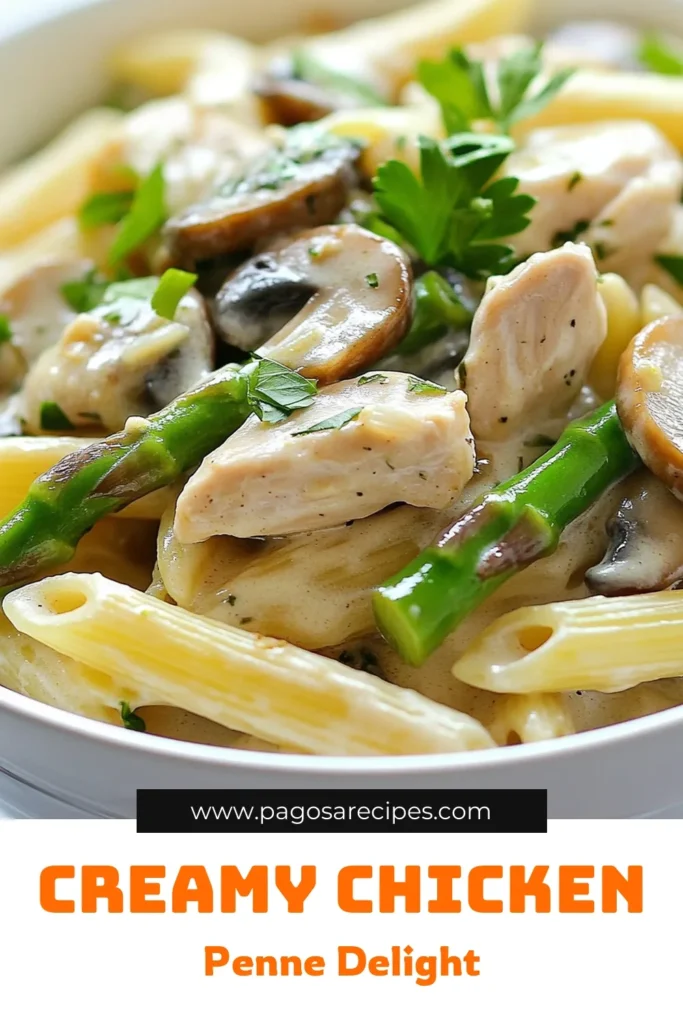 Indulge in this Mushroom Asparagus Chicken Penne, a creamy chicken penne recipe perfect for any weeknight dinner. This easy penne pasta dish combines tender chicken, vibrant asparagus, and savory mushrooms for a meal the whole family will love. Whip up this delicious penne with asparagus and mushrooms in just 30 minutes. Save this chicken penne dinner recipe for your next culinary adventure! #ChickenPasta #EasyDinner #PastaRecipe #PenneWithVegetables