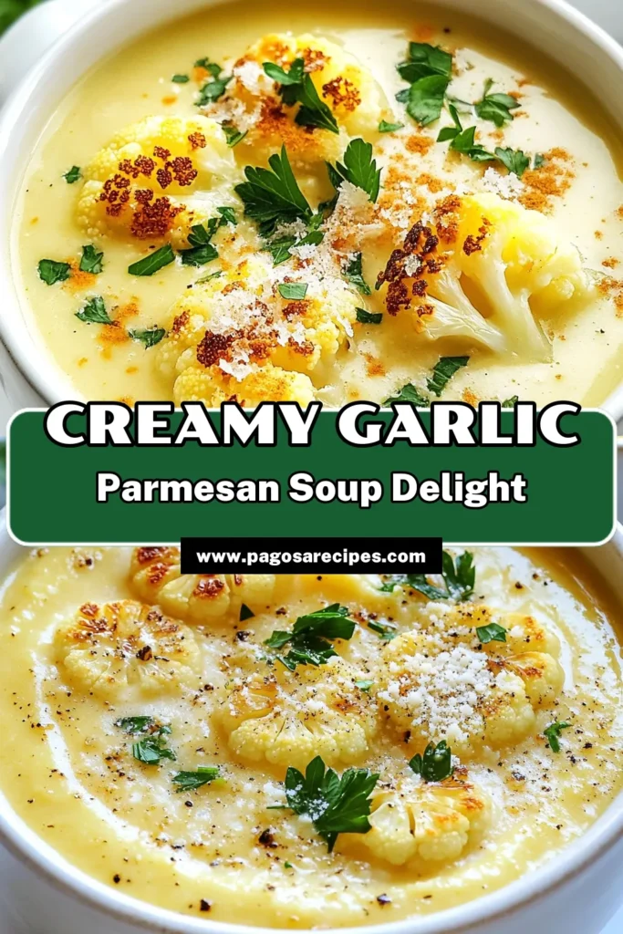 Indulge in the creamy goodness of Garlic Parmesan Cauliflower Soup! This Roasted Cauliflower Soup Recipe features tender cauliflower and garlic blended into a smooth, vegetarian delight. Perfect as an easy cauliflower soup recipe for chilly days, it’s rich with flavor from Parmesan cheese and thyme. Impress your family with this delicious, comforting soup! Save this recipe for later and enjoy a bowl of warmth. #CauliflowerSoup #VegetarianRecipes #SoupLovers #EasyRecipes