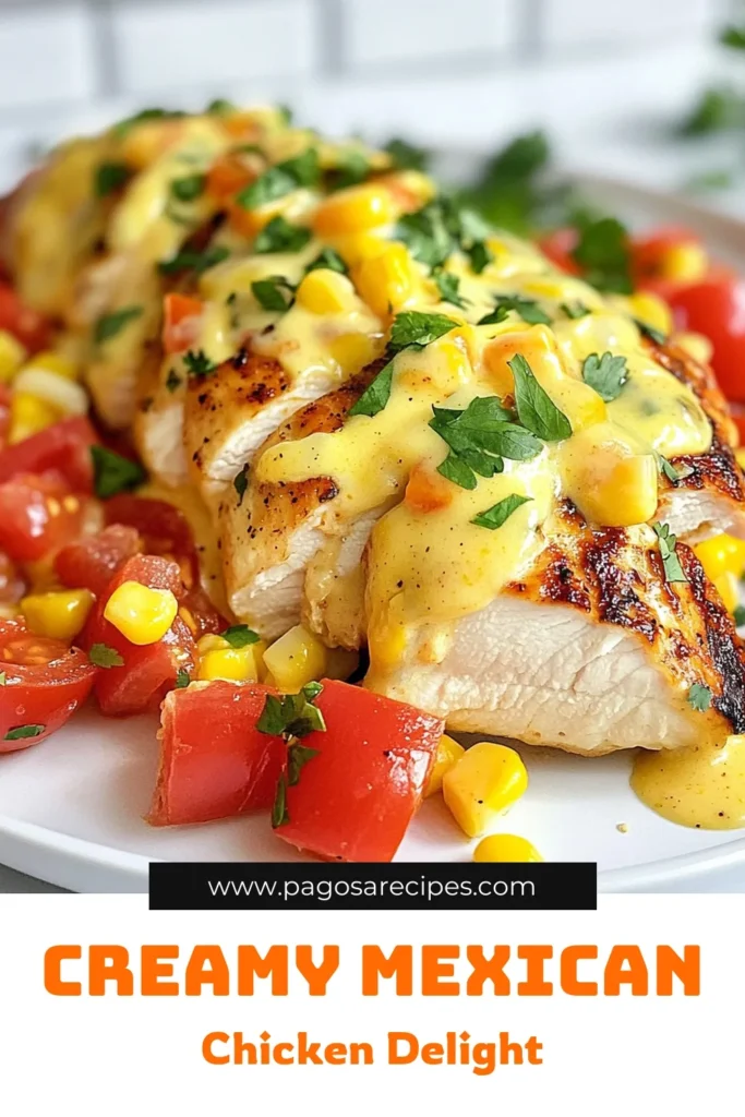 Craving a delicious Mexican chicken recipe? Try this Mexican Chicken with Creamy Cheese Sauce that's perfect for an easy chicken dinner! This skillet chicken with cheese is packed with flavor, featuring tender chicken breasts simmered in a rich cream sauce with spices, tomatoes, and corn. Discover how simple it is to prepare this flavorful chicken with cream sauce in just 30 minutes. Save and share this recipe for your next meal! #MexicanChicken #EasyDinner #CheeseSauce #SkilletChicken