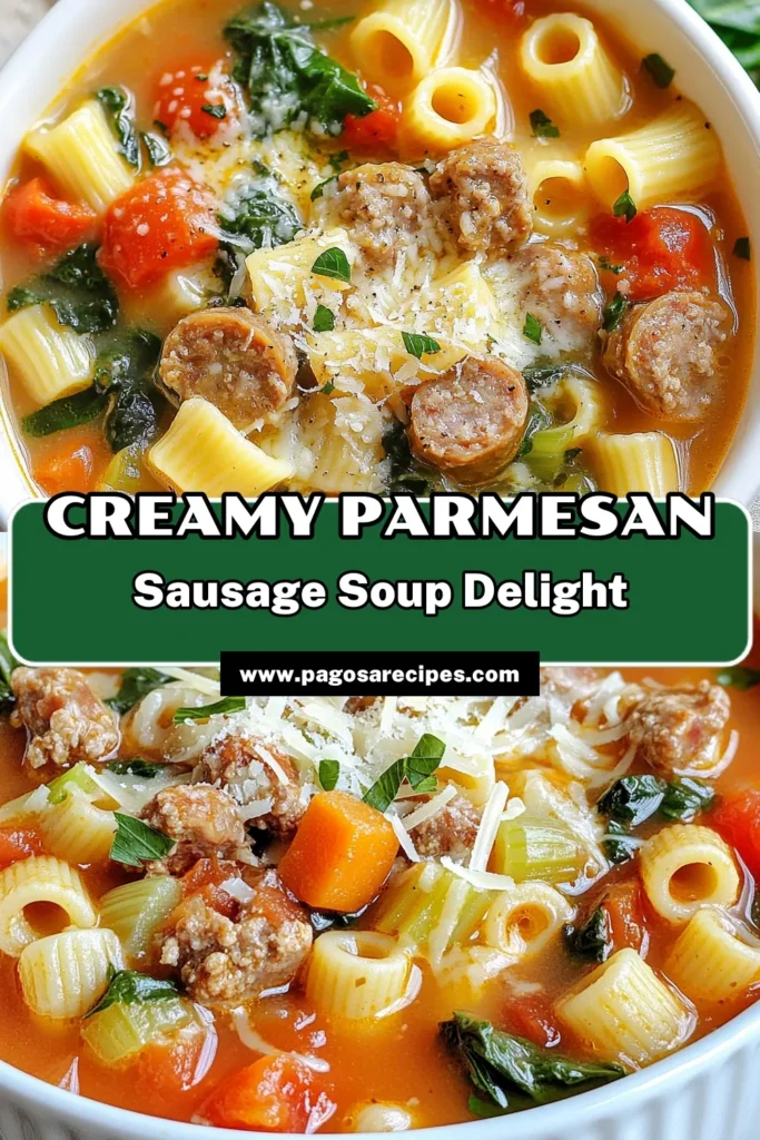 Warm up with this delicious Creamy Parmesan Sausage Pasta Soup! This Italian Sausage Soup Recipe is the ultimate comfort food, combining rich flavors with healthy spinach for a satisfying meal. Perfect for busy weeknights, this easy pasta soup is ready in just 35 minutes. Don't miss out—pin this recipe for your next cozy night in! #CreamyParmesanPastaSoup #ItalianSausageSoupRecipe #ComfortFoodSoup #HealthySoupwithSpinach