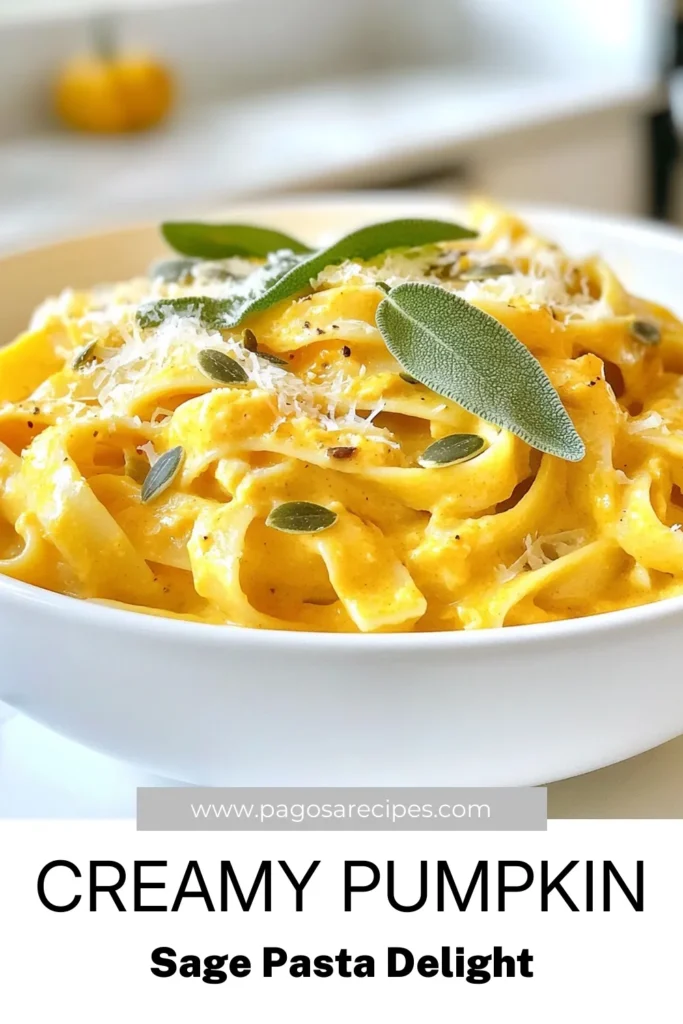 Indulge in this Creamy Pumpkin Sage Pasta, the perfect fall pasta dish that's both comforting and easy to make. Our pumpkin sage pasta recipe features rich flavors from pumpkin puree, garlic, and fresh sage, creating a delightful combination that's ideal for busy weeknights. Try this easy pumpkin recipe today, and watch it become your new favorite! Save it for later and enjoy! #CreamyPumpkinPasta #FallPastaDishes #EasyPumpkinRecipes #SagePastaSauce