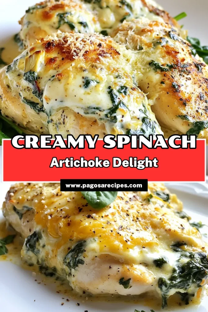 Indulge in this creamy spinach artichoke chicken recipe that combines cheesy goodness with tender baked chicken breasts for an unforgettable meal. Perfect for easy chicken dinner recipes, this dish transforms your favorite spinach artichoke dip into a delightful entreé. Enjoy the rich flavors and simple prep, making it ideal for busy nights. Save this tasty dish and impress your family! #CreamySpinachArtichokeChicken #BakedChickenRecipes #CheesyChickenBreastMeals #EasyChickenDinnerRecipes